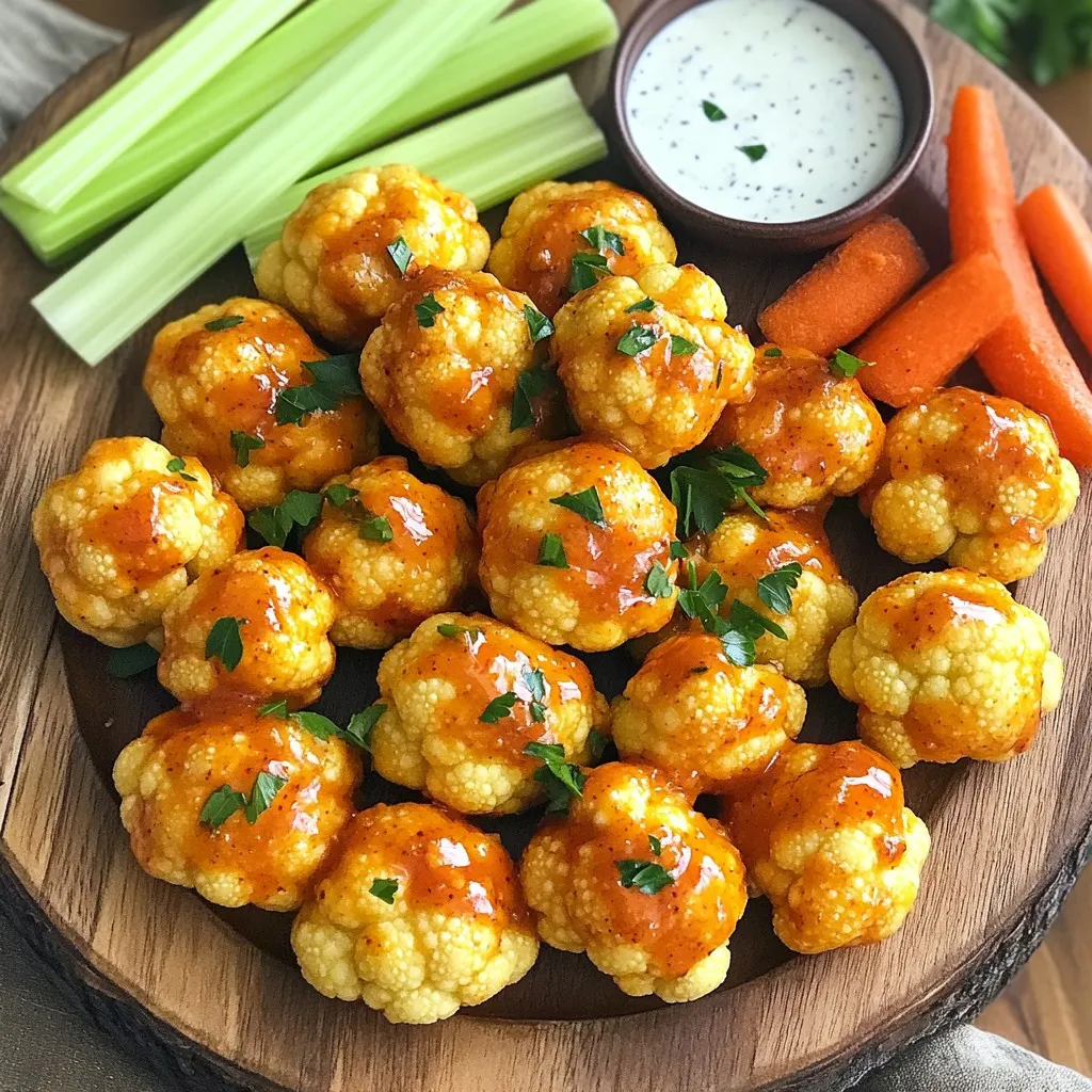 - 1 medium head of cauliflower, cut into bite-sized florets - 1 cup all-purpose flour - 1 cup water - 1 teaspoon garlic powder - 1 teaspoon onion powder - 1 teaspoon paprika - Salt and pepper to taste - 1 cup buffalo sauce (prepared) - 2 tablespoons olive oil - Fresh parsley, chopped (for garnish) You can swap all-purpose flour for gluten-free flour if needed. For a lighter option, use almond flour. Instead of buffalo sauce, you can try barbecue sauce for a milder flavor. If you want it spicy, add cayenne pepper to the batter. For a vegan take, use a plant-based milk instead of water in the batter. Each serving of these buffalo cauliflower bites has about: - Calories: 180 - Protein: 5g - Fat: 8g - Carbohydrates: 22g - Fiber: 3g This snack is a great choice for a healthy appetizer. It’s rich in flavor and low in calories. Plus, the cauliflower adds vitamins and minerals. Enjoy these bites guilt-free! First, grab a medium head of cauliflower. Cut it into bite-sized florets. This will help them cook evenly. Next, preheat your air fryer to 400°F (200°C). This step is key for getting crispy bites. While the air fryer heats, you can make the batter. In a large bowl, mix 1 cup of all-purpose flour, 1 cup of water, 1 teaspoon of garlic powder, 1 teaspoon of onion powder, and 1 teaspoon of paprika. Add salt and pepper to taste. Whisk the mixture until it is smooth. The batter should be thick enough to coat the cauliflower well. Dip each cauliflower floret into the batter. Make sure it is well coated but let the extra batter drip off. Spray the air fryer basket lightly with olive oil. This will help prevent sticking. Place the cauliflower bites in a single layer. Do not overcrowd the basket. Cook for 12-15 minutes. Shake the basket halfway to ensure even cooking. They should turn golden brown and crispy. Once the cauliflower bites are cooked, take them out of the air fryer. In a separate bowl, toss them with 1 cup of buffalo sauce. Make sure each piece is well coated in the spicy goodness. For added flavor, return the sauced bites to the air fryer for another 3-4 minutes. This helps the sauce set. Finally, take them out and garnish with chopped parsley for a fresh touch. To get the best crunch, make sure your batter is smooth. A lumpy batter can stick to the cauliflower and create soggy spots. I like to dip each floret well. Let the excess batter drip off before cooking. This step helps the bites get crispy in the air fryer. When cooking, shake the basket halfway through. This ensures all sides brown evenly. Clumping can ruin the look of your bites. To avoid this, mix your batter well. Use a whisk to blend flour, water, and spices until smooth. If it gets thick, add a little water. Dip your florets quickly. Don’t let them sit too long in the batter. This keeps the coating light and crispy. For a fun presentation, serve your cauliflower bites on a large platter. Add celery and carrot sticks for crunch. These veggies balance the heat of the buffalo sauce. Don't forget the dips! A small bowl of ranch or blue cheese dressing pairs perfectly. You can also sprinkle fresh parsley on top for color. {{image_2}} If you crave more heat, you can spice up your buffalo cauliflower bites. Start by adding more buffalo sauce to your batter. You can also mix in cayenne pepper or chili powder. This will kick the heat up a notch. Toss your cooked cauliflower in a blend of hot sauce and melted butter for that extra kick. Adjust the spice level to suit your taste buds. For a rich and savory twist, try Parmesan garlic cauliflower bites. Add grated Parmesan cheese and minced garlic to your batter. This adds a deep flavor to each bite. After air frying, toss the cauliflower in more Parmesan cheese. You can also sprinkle fresh garlic and parsley on top for extra zest. These bites are perfect for those who love cheesy snacks. If you want a vegan-friendly version, it’s easy to swap out ingredients. Use chickpea flour instead of all-purpose flour for a protein boost. You can mix it with water and spices just as you would with normal batter. This option keeps the bites crispy and tasty. Ensure your buffalo sauce is vegan too. Many brands offer great plant-based options. Enjoy these bites guilt-free! You can store leftover buffalo cauliflower bites in the fridge. Place them in an airtight container. They will stay fresh for about 3-4 days. Make sure to let them cool completely before sealing. This helps keep them crispy longer. When you’re ready to enjoy your leftovers, reheating is key. I recommend using the air fryer again for the best results. Preheat the air fryer to 350°F (175°C). Place the cauliflower bites in a single layer. Heat them for about 5-7 minutes. This method keeps them crispy and restores their flavor. If you want to save some for later, freezing is an option. After cooking, let the bites cool completely. Then, place them in a freezer-safe bag or container. They can last for up to 2 months in the freezer. When you’re ready to eat, just reheat from frozen in the air fryer. This will help them regain their crunch and taste. Yes, you can use frozen cauliflower. Just make sure to thaw it first. This helps the batter stick better. Pat the florets dry with a towel to remove excess moisture. This step is key for a crispy bite. Making buffalo sauce is easy! Here’s what you need: - ½ cup hot sauce (like Frank’s RedHot) - ¼ cup unsalted butter - 1 tablespoon white vinegar - ¼ teaspoon garlic powder 1. Melt the butter in a small pot over low heat. 2. Stir in the hot sauce and vinegar. 3. Add garlic powder and mix well. 4. Cook for 2-3 minutes until heated through. Now you have a tasty, homemade buffalo sauce! These bites are great with many sides. Here are some ideas: - Celery sticks for crunch. - Carrot sticks for sweetness. - A bowl of ranch or blue cheese dressing for dipping. - A fresh salad for a light touch. These pairings enhance the flavors and make your meal more fun. Enjoy! You’ve learned about making tasty Air Fryer Buffalo Cauliflower Bites. We discussed ingredients, steps, and helpful tips. You can easily customize flavors with spicy or garlic options. Remember, keeping bites crispy is key, and proper storage helps them last. Try serving them with your favorite dip. With these insights, you can create a delicious snack that anyone will love. Enjoy making your bites!