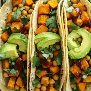 - 1 can (15 oz) chickpeas, drained and rinsed - 2 medium sweet potatoes, peeled and diced - 8 corn tortillas Chickpeas are high in protein and fiber. They add a hearty texture to the tacos. Sweet potatoes bring natural sweetness and creaminess. They also provide vitamins and minerals. Corn tortillas are gluten-free and perfect for holding the filling. - 1 tablespoon olive oil - 1 tablespoon chili powder - 1 teaspoon smoked paprika - 1 teaspoon garlic powder - Salt and pepper to taste - 1 cup BBQ sauce Olive oil helps the veggies roast evenly. It adds a nice flavor too. Chili powder gives a warm spice kick. Smoked paprika adds a smoky depth. Garlic powder enhances the overall taste. BBQ sauce ties everything together with its sweet and tangy notes. - 1 avocado, sliced - Fresh cilantro, chopped, for garnish - Lime wedges, for serving Avocado adds creaminess and healthy fats. Cilantro gives a fresh, herbal note. Lime wedges add brightness. A squeeze of lime juice lifts the flavors in each bite. Together, these toppings make the tacos pop! - Preheat the oven to 425°F (220°C). - Drain and rinse the chickpeas. - Peel and dice the sweet potatoes into small cubes. - On a large baking sheet, combine the chickpeas and sweet potatoes. - Drizzle with one tablespoon of olive oil. - Sprinkle chili powder, smoked paprika, garlic powder, salt, and pepper over them. - Toss everything well to coat. - Roast in the oven for 20 minutes. Stir halfway through for even cooking. - After 20 minutes, take out the baking sheet. - Pour one cup of BBQ sauce over the sweet potatoes and chickpeas. - Toss to coat evenly in the sauce. - Return to the oven and roast for another 10-15 minutes. - While roasting, warm the corn tortillas in a skillet. Heat them for about 30 seconds on each side. - To make the tacos, spoon the BBQ mixture into each warm tortilla. - Top with avocado slices and fresh cilantro. - Serve with lime wedges for a zesty kick! To get the best sweet potatoes and chickpeas, check for doneness. Sweet potatoes should be soft but not mushy. You can poke them with a fork to see if they are ready. If they are too soft, you may need to reduce cooking time next time. Avoiding mushy sweet potatoes is key. Cut them into even pieces. Smaller pieces cook faster and help keep their shape. Stir them halfway through roasting for even cooking. Warming your tortillas makes a big difference. Heat them in a skillet for about 30 seconds on each side. This makes them soft and easy to fold. You can also wrap them in a damp towel and microwave for 15-20 seconds. For fun serving ideas, stack the tacos high on a platter. Add some lime wedges on the side for a zesty kick. You can even sprinkle extra cilantro on top for a bright finish. Adjusting spice levels is easy. If you like heat, add more chili powder or some cayenne pepper. For a milder taste, use less chili powder. You can also swap BBQ sauce for other options. Try salsa for a fresh twist or a spicy chipotle sauce for more flavor. Toppings like shredded cheese or jalapeños add extra flair. {{image_2}} You can switch chickpeas for black beans or lentils. Both options add protein and fiber. Black beans have a rich taste that pairs well with BBQ flavors. Lentils cook quickly, making them a great choice too. You can use any legume you like for a twist. Just remember to adjust cooking times as needed. Roasting other veggies can make your tacos even better. Try bell peppers, zucchini, or carrots. They all add different flavors and colors to your dish. You can also use seasonal veggies, like butternut squash in autumn. This keeps your meal fresh and exciting. If you need gluten-free tortillas, corn tortillas work great. They add a nice flavor and texture. You can also try other gluten-free options like almond or chickpea tortillas. Pair your tacos with sides like rice or a fresh salad. These options keep your meal light and healthy. To keep your tacos fresh, place leftovers in an airtight container. Store them in the fridge. They can stay good for up to three days. If you want to save them longer, freeze the chickpea and sweet potato mix. Use a freezer-safe container. This way, they last for about three months. Just remember to cool them first before freezing. When you want to eat the leftovers, there are a few good ways to reheat them. You can use a microwave, which is quick and easy. Place them in a bowl and cover it with a damp paper towel. If you prefer, heat them on the stove in a skillet. This method keeps the flavors intact. Warm the tortillas in the skillet too. This makes them soft and ready to fill. Stored properly, your dish can last up to three days in the fridge. If frozen, it can last about three months. Always check for signs of spoilage before eating. Look for any off smells or changes in color. If it smells bad or looks funny, it’s best to toss it out. Yes, you can prepare this recipe ahead of time. Here are my tips for meal prep: - Cook the chickpeas and sweet potatoes as directed. - Store them in an airtight container after roasting. - You can make the BBQ chickpea and sweet potato mix up to three days in advance. - Reheat it in the oven or microwave before serving. - Warm the tortillas just before you eat for best taste. If you want to switch up the BBQ sauce, there are great alternatives. Here are some suggested options: - Use a homemade sauce made with ketchup, vinegar, and spices. - Try teriyaki sauce for a sweet and savory twist. - A spicy salsa can add a nice kick to your tacos. - You can also use a smoky chipotle sauce if you like heat. Yes, this recipe is vegan. Here’s a closer look at the ingredients: - Chickpeas and sweet potatoes are plant-based. - The olive oil is also vegan-friendly. - Make sure your BBQ sauce is vegan, as some brands add honey or other animal products. - All other ingredients, like corn tortillas, avocado, and cilantro, are vegan too. In this blog post, I covered how to make delicious chickpea and sweet potato tacos. We explored the main ingredients, seasonings, and how to assemble your tacos perfectly. I also shared tips for roasting, assembly, and customization, along with storage info and variations for your taste. You can create a tasty and healthy meal with simple steps. Enjoy your tacos and feel free to try new flavors and ingredients. Happy cooking!