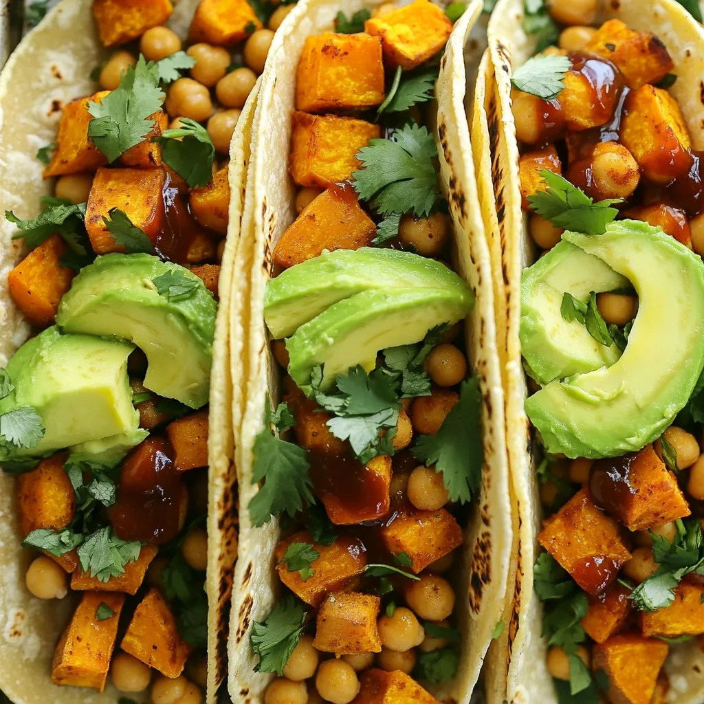 - 1 can (15 oz) chickpeas, drained and rinsed - 2 medium sweet potatoes, peeled and diced - 8 corn tortillas Chickpeas are high in protein and fiber. They add a hearty texture to the tacos. Sweet potatoes bring natural sweetness and creaminess. They also provide vitamins and minerals. Corn tortillas are gluten-free and perfect for holding the filling. - 1 tablespoon olive oil - 1 tablespoon chili powder - 1 teaspoon smoked paprika - 1 teaspoon garlic powder - Salt and pepper to taste - 1 cup BBQ sauce Olive oil helps the veggies roast evenly. It adds a nice flavor too. Chili powder gives a warm spice kick. Smoked paprika adds a smoky depth. Garlic powder enhances the overall taste. BBQ sauce ties everything together with its sweet and tangy notes. - 1 avocado, sliced - Fresh cilantro, chopped, for garnish - Lime wedges, for serving Avocado adds creaminess and healthy fats. Cilantro gives a fresh, herbal note. Lime wedges add brightness. A squeeze of lime juice lifts the flavors in each bite. Together, these toppings make the tacos pop! - Preheat the oven to 425°F (220°C). - Drain and rinse the chickpeas. - Peel and dice the sweet potatoes into small cubes. - On a large baking sheet, combine the chickpeas and sweet potatoes. - Drizzle with one tablespoon of olive oil. - Sprinkle chili powder, smoked paprika, garlic powder, salt, and pepper over them. - Toss everything well to coat. - Roast in the oven for 20 minutes. Stir halfway through for even cooking. - After 20 minutes, take out the baking sheet. - Pour one cup of BBQ sauce over the sweet potatoes and chickpeas. - Toss to coat evenly in the sauce. - Return to the oven and roast for another 10-15 minutes. - While roasting, warm the corn tortillas in a skillet. Heat them for about 30 seconds on each side. - To make the tacos, spoon the BBQ mixture into each warm tortilla. - Top with avocado slices and fresh cilantro. - Serve with lime wedges for a zesty kick! To get the best sweet potatoes and chickpeas, check for doneness. Sweet potatoes should be soft but not mushy. You can poke them with a fork to see if they are ready. If they are too soft, you may need to reduce cooking time next time. Avoiding mushy sweet potatoes is key. Cut them into even pieces. Smaller pieces cook faster and help keep their shape. Stir them halfway through roasting for even cooking. Warming your tortillas makes a big difference. Heat them in a skillet for about 30 seconds on each side. This makes them soft and easy to fold. You can also wrap them in a damp towel and microwave for 15-20 seconds. For fun serving ideas, stack the tacos high on a platter. Add some lime wedges on the side for a zesty kick. You can even sprinkle extra cilantro on top for a bright finish. Adjusting spice levels is easy. If you like heat, add more chili powder or some cayenne pepper. For a milder taste, use less chili powder. You can also swap BBQ sauce for other options. Try salsa for a fresh twist or a spicy chipotle sauce for more flavor. Toppings like shredded cheese or jalapeños add extra flair. {{image_2}} You can switch chickpeas for black beans or lentils. Both options add protein and fiber. Black beans have a rich taste that pairs well with BBQ flavors. Lentils cook quickly, making them a great choice too. You can use any legume you like for a twist. Just remember to adjust cooking times as needed. Roasting other veggies can make your tacos even better. Try bell peppers, zucchini, or carrots. They all add different flavors and colors to your dish. You can also use seasonal veggies, like butternut squash in autumn. This keeps your meal fresh and exciting. If you need gluten-free tortillas, corn tortillas work great. They add a nice flavor and texture. You can also try other gluten-free options like almond or chickpea tortillas. Pair your tacos with sides like rice or a fresh salad. These options keep your meal light and healthy. To keep your tacos fresh, place leftovers in an airtight container. Store them in the fridge. They can stay good for up to three days. If you want to save them longer, freeze the chickpea and sweet potato mix. Use a freezer-safe container. This way, they last for about three months. Just remember to cool them first before freezing. When you want to eat the leftovers, there are a few good ways to reheat them. You can use a microwave, which is quick and easy. Place them in a bowl and cover it with a damp paper towel. If you prefer, heat them on the stove in a skillet. This method keeps the flavors intact. Warm the tortillas in the skillet too. This makes them soft and ready to fill. Stored properly, your dish can last up to three days in the fridge. If frozen, it can last about three months. Always check for signs of spoilage before eating. Look for any off smells or changes in color. If it smells bad or looks funny, it’s best to toss it out. Yes, you can prepare this recipe ahead of time. Here are my tips for meal prep: - Cook the chickpeas and sweet potatoes as directed. - Store them in an airtight container after roasting. - You can make the BBQ chickpea and sweet potato mix up to three days in advance. - Reheat it in the oven or microwave before serving. - Warm the tortillas just before you eat for best taste. If you want to switch up the BBQ sauce, there are great alternatives. Here are some suggested options: - Use a homemade sauce made with ketchup, vinegar, and spices. - Try teriyaki sauce for a sweet and savory twist. - A spicy salsa can add a nice kick to your tacos. - You can also use a smoky chipotle sauce if you like heat. Yes, this recipe is vegan. Here’s a closer look at the ingredients: - Chickpeas and sweet potatoes are plant-based. - The olive oil is also vegan-friendly. - Make sure your BBQ sauce is vegan, as some brands add honey or other animal products. - All other ingredients, like corn tortillas, avocado, and cilantro, are vegan too. In this blog post, I covered how to make delicious chickpea and sweet potato tacos. We explored the main ingredients, seasonings, and how to assemble your tacos perfectly. I also shared tips for roasting, assembly, and customization, along with storage info and variations for your taste. You can create a tasty and healthy meal with simple steps. Enjoy your tacos and feel free to try new flavors and ingredients. Happy cooking!