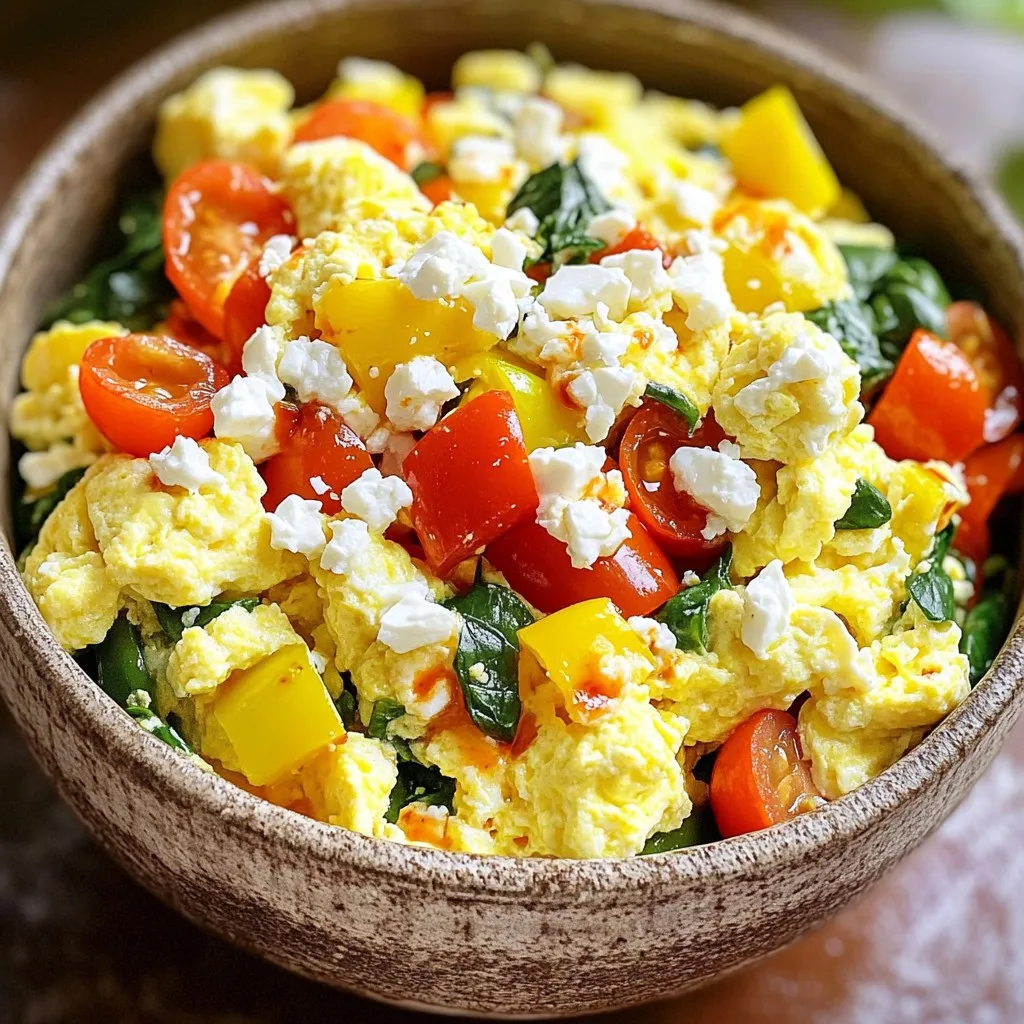 - 1 cup egg whites (about 8 large eggs) - 1/2 cup diced bell peppers (mixed colors) - 1/4 cup chopped green onions - 1/4 cup cherry tomatoes, halved - 1/4 cup spinach, chopped - 2 tablespoons feta cheese, crumbled - Salt and pepper to taste - 1 tablespoon olive oil - Optional: hot sauce for serving Egg whites are low in calories and high in protein. They help build and repair muscles. Bell peppers add vitamins A and C, which support your immune system. Green onions give you fiber and help with digestion. Cherry tomatoes pack antioxidants that keep your heart healthy. Spinach is rich in iron, which boosts energy levels. Feta cheese adds flavor and calcium for strong bones. You can play with flavors using various seasonings. Try garlic powder or smoked paprika for depth. A pinch of red pepper flakes can add some heat. Fresh herbs, like basil or parsley, brighten the dish. For extra protein, add cooked turkey or chicken. Don’t forget to drizzle hot sauce for a spicy kick! First, gather all your ingredients. You will need: - 1 cup egg whites (about 8 large eggs) - 1/2 cup diced bell peppers (mixed colors) - 1/4 cup chopped green onions - 1/4 cup halved cherry tomatoes - 1/4 cup chopped spinach - 2 tablespoons crumbled feta cheese - Salt and pepper to taste - 1 tablespoon olive oil - Optional: hot sauce for serving Chop your veggies before you start cooking. This makes it easy to add them quickly. 1. Heat the Pan: Start by heating a non-stick skillet over medium heat. Add the olive oil. Wait until it shimmers. 2. Sauté the Vegetables: Add the diced bell peppers first. Cook for about 2-3 minutes until they soften. Next, toss in the chopped spinach, green onions, and cherry tomatoes. Stir and cook for another 2 minutes. 3. Add the Egg Whites: Pour in the egg whites gently. Use a spatula to stir them with the veggies. Cook for 2-3 minutes. You want the egg whites to be fully cooked and slightly fluffy. 4. Season and Add Feta: Season with salt and pepper to taste. Sprinkle crumbled feta cheese on top. Let it warm for a minute. 5. Serve: Once done, transfer your scramble to a bowl. If you like some heat, drizzle hot sauce on top. To get the fluffiest egg whites, use fresh ones. Fresh egg whites whip better and hold air. - Whisk the egg whites gently before adding them to the pan. This helps create air pockets. - Avoid cooking them on high heat. Medium heat gives them time to fluff up without burning. - Stir slowly while cooking. Fast stirring can break down the bubbles you created. These tips will help you make a light and fluffy egg white scramble that’s both healthy and satisfying. Enjoy! You can keep your dish tasty while cutting calories. Use fresh herbs like basil or parsley for flavor. They add a nice taste without the extra calories. You can also use spices like paprika or garlic powder. These add depth to your meal without extra fat. Using a non-stick pan is key. It helps you use less oil. Just one tablespoon of olive oil is enough. This keeps your meal light and full of flavor. One common mistake is overcooking the egg whites. This can make them rubbery. Cook them just until they are fluffy. Stir gently to keep them light. Another mistake is using too much salt. Always start with a little. You can add more later if needed. Remember that feta cheese is salty, too. Don’t skip the veggies! They add color and nutrients. Leaving them out makes your meal bland and less healthy. You will need a non-stick skillet for easy cooking. A spatula helps you stir the egg whites without sticking. A sharp knife is great for chopping veggies. It makes prep faster and easier. Measure cups are handy for the egg whites and veggies. Accurate measurements help keep your dish balanced. Lastly, use a mixing bowl for the veggies. It keeps your workspace tidy while you cook. {{image_2}} You can make your Minute Egg White Scramble Bowl even better with fun veggies. Try adding: - Zucchini: Grate it for a nice texture. - Mushrooms: Slice them for a hearty bite. - Broccoli: Chop it small for a crunchy twist. These add-ins boost the flavor and make the dish colorful and fun! If you want more protein, add cooked turkey or chicken. This makes the meal heartier. Use: - Diced turkey breast: It’s lean and tasty. - Shredded chicken: This is easy to mix in. Both options work well. They keep you full longer and make your scramble more filling. Add herbs and spices to make your scramble pop! Some great options include: - Basil: Fresh or dried will bring a sweet flavor. - Cumin: This adds a warm spice. - Chili flakes: For those who like heat. Don’t be shy to mix and match. This is your bowl, and it should taste just how you like it! To store your Minute Egg White Scramble Bowl, let it cool first. Place the leftovers in an airtight container. This keeps them fresh. You can store the bowl in the fridge for up to three days. Label the container with the date to track freshness. When you’re ready to eat your leftovers, you can reheat them easily. Place the scramble in a microwave-safe bowl. Heat it for about one minute on high. Stir halfway through to ensure even heating. If you want, you can add a splash of water to keep it moist. If you want to save your scramble for later, freezing is a good option. First, let the dish cool completely. Then, divide it into single portions. Use freezer-safe bags or containers for storage. Make sure to remove as much air as possible to prevent freezer burn. You can freeze it for up to three months. When you're ready to eat, thaw it overnight in the fridge before reheating. Yes, you can use whole eggs in place of egg whites. Whole eggs will add more flavor and richness. They also bring in healthy fats. However, this will raise the calorie count. If you want to keep it light, stick with egg whites. If you don’t have feta cheese, try using goat cheese or cottage cheese. These cheeses provide a creamy texture. You can also use shredded mozzarella for a milder taste. Nutritional yeast is a great dairy-free option that adds a cheesy flavor. To keep your scramble from sticking, use a good non-stick skillet. Make sure to heat the pan and add olive oil before cooking. This creates a barrier and helps the eggs slide out easily. Stir gently while cooking to avoid any sticking. This blog post covered key ingredients and their benefits, along with cooking steps for fluffy egg whites. I shared tips for flavor, common mistakes, and recommended tools. We explored variations with different add-ins and storage tips for leftovers. In summary, cooking with egg whites can be easy and fun. You can create healthy meals that taste great. Try these methods and enjoy your tasty dishes!