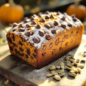 - 1 cup canned pumpkin puree - 1/2 cup unsweetened applesauce - 1/2 cup vegetable oil - 1 cup brown sugar - 1/2 cup granulated sugar - 3 large eggs - 1 teaspoon vanilla extract - 2 cups all-purpose flour - 1 teaspoon baking soda - 1/2 teaspoon baking powder - 1 teaspoon ground cinnamon - 1/2 teaspoon ground nutmeg - 1/4 teaspoon ground cloves - 1/2 teaspoon salt - 1 cup semi-sweet chocolate chips Each spice I use plays an important role. Ground cinnamon adds warmth, while nutmeg gives depth. Cloves add a hint of sweetness and earthiness. The mix of brown and granulated sugar creates a rich sweetness. Using both types adds complexity to the bread's flavor. If you don’t have canned pumpkin, you can use homemade puree. Just cook and mash fresh pumpkin. Unsweetened applesauce can be swapped with mashed banana for a different twist. For a lighter option, use canola oil instead of vegetable oil. You can also replace semi-sweet chocolate chips with dark or milk chocolate chips. Start by preheating your oven to 350°F (175°C). This ensures even baking. Next, take a 9x5 inch loaf pan. Grease and flour it well. This step helps the bread come out easily. You can also line the pan with parchment paper for easy removal. In a large bowl, combine 1 cup of canned pumpkin puree and 1/2 cup of unsweetened applesauce. Add 1/2 cup of vegetable oil, 1 cup of brown sugar, and 1/2 cup of granulated sugar. Whisk these ingredients together until they blend well. Next, crack in 3 large eggs, one at a time. Mix well after each egg. Finally, stir in 1 teaspoon of vanilla extract. This mix gives the bread its moist texture and great flavor. In a separate bowl, sift together 2 cups of all-purpose flour, 1 teaspoon of baking soda, and 1/2 teaspoon of baking powder. Then, add 1 teaspoon of ground cinnamon, 1/2 teaspoon of ground nutmeg, 1/4 teaspoon of ground cloves, and 1/2 teaspoon of salt. These spices add warmth and depth to the bread. Mix these dry ingredients well, so there are no lumps. Gradually add the dry mix into the wet ingredients. Stir gently until just combined. Do not over-mix, or the bread may turn out tough. Now, gently fold in 1 cup of semi-sweet chocolate chips. This ensures they are spread evenly. Pour the batter into your prepared loaf pan. Smooth the top with a spatula. Bake in the oven for 60–70 minutes. To check if it’s done, insert a toothpick into the center. If it comes out clean, your bread is ready. Once baked, let it cool in the pan for about 10 minutes. Then, transfer it to a wire rack to cool completely. Enjoy your delicious, bakery-style chocolate chip pumpkin bread! To get that soft, moist texture, use canned pumpkin puree. It gives the bread a rich flavor. Mixing in applesauce adds moisture without extra fat. The blend of brown sugar and granulated sugar also helps. Brown sugar makes it chewy, while granulated keeps it light. Sift your dry ingredients to add air, which helps the bread rise. Bake your bread for 60 to 70 minutes at 350°F. Check doneness by inserting a toothpick into the center. If it comes out clean, the bread is ready. If the toothpick has wet batter, bake for a few more minutes. Keep an eye on the top; it should be golden brown. If it browns too fast, cover it with foil. Serve your bread warm for the best taste. A dollop of whipped cream on top adds a nice touch. You can also sprinkle powdered sugar for a sweet finish. For a rustic look, slice the bread and arrange it on a wooden board. Scatter extra chocolate chips and pumpkin seeds around the slices. This makes for an eye-catching display. {{image_2}} You can change up the flavor of your pumpkin bread easily. Try adding nuts like walnuts or pecans for crunch. Dried fruits such as cranberries or raisins add sweetness and texture. Want a spice kick? Add a hint of ginger or allspice. You can even mix in some orange zest for a fresh twist. Feel free to experiment with your favorite flavors! Not everyone wants a loaf. You can turn this recipe into muffins or mini loaves. Bake the batter in a muffin tin for quick treats. Just adjust your baking time to about 20-25 minutes. For a fun twist, try making it into a pumpkin chocolate chip cake. Use a round cake pan, and bake for a shorter time. The options are endless! If you have dietary needs, you can still enjoy this bread. Use gluten-free flour for a gluten-free version. Swap out the sugar for a natural sweetener like honey or maple syrup. For a vegan option, replace eggs with flax eggs. Combine 1 tablespoon of flaxseed meal with 2.5 tablespoons of water for each egg. These changes keep your bread both tasty and safe for all diets! To store leftover chocolate chip pumpkin bread, place it in an airtight container. This keeps the bread moist and fresh. You can also wrap it tightly in plastic wrap. Store it at room temperature for up to three days. If you want to keep it longer, consider refrigeration. Just remember, it may dry out a bit. Freezing your pumpkin bread is easy! First, let it cool completely. Then, slice the bread for easier handling. Wrap each slice in plastic wrap and place them in a freezer bag. You can also freeze the whole loaf. Just wrap it tightly to prevent freezer burn. It will stay fresh for up to three months in the freezer. Chocolate chip pumpkin bread lasts about three days at room temperature. If you store it in the fridge, it can last up to a week. Always check for signs of spoilage, like mold or an off smell. For the best flavor and texture, consume it within a few days of baking. Yes, you can use fresh pumpkin. Start by roasting a small pumpkin. Once it cools, scoop out the flesh and blend it until smooth. Use the same amount as canned pumpkin, about 1 cup. Fresh pumpkin can add a richer taste, but it may also have more water. You might need to adjust the flour slightly for a better texture. To make this bread gluten-free, swap all-purpose flour for gluten-free flour. Use a blend that includes xanthan gum, which helps bind the ingredients. You may need to use a bit more liquid, like applesauce or oil, to keep the bread moist and fluffy. Start with the same measurement and adjust as needed. Check the bread after 60 minutes by inserting a toothpick into the center. If it comes out clean or with a few crumbs, the bread is done. If the toothpick has wet batter, bake for an additional 5 to 10 minutes. Keep an eye on the top; it should be golden brown and spring back when touched. Absolutely! You can use nuts instead of chocolate chips. Walnuts or pecans work well. Chop them into small pieces and fold them into the batter like you would with the chocolate chips. This change adds a nice crunch and a different flavor to your pumpkin bread. In this post, I covered key ingredients and how to bake bread. You learned about flavor enhancers and substitutes. The step-by-step guide made preparation easy, from mixing to baking. I shared tips for texture and doneness, plus serving ideas. Variations and storage methods offered extra options. Baking is fun and offers endless creativity. Enjoy the process and share your tasty results!