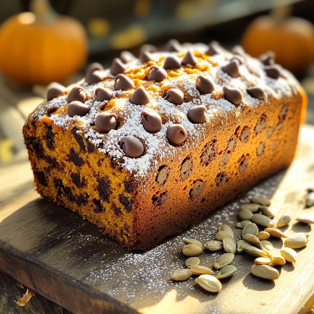 - 1 cup canned pumpkin puree - 1/2 cup unsweetened applesauce - 1/2 cup vegetable oil - 1 cup brown sugar - 1/2 cup granulated sugar - 3 large eggs - 1 teaspoon vanilla extract - 2 cups all-purpose flour - 1 teaspoon baking soda - 1/2 teaspoon baking powder - 1 teaspoon ground cinnamon - 1/2 teaspoon ground nutmeg - 1/4 teaspoon ground cloves - 1/2 teaspoon salt - 1 cup semi-sweet chocolate chips Each spice I use plays an important role. Ground cinnamon adds warmth, while nutmeg gives depth. Cloves add a hint of sweetness and earthiness. The mix of brown and granulated sugar creates a rich sweetness. Using both types adds complexity to the bread's flavor. If you don’t have canned pumpkin, you can use homemade puree. Just cook and mash fresh pumpkin. Unsweetened applesauce can be swapped with mashed banana for a different twist. For a lighter option, use canola oil instead of vegetable oil. You can also replace semi-sweet chocolate chips with dark or milk chocolate chips. Start by preheating your oven to 350°F (175°C). This ensures even baking. Next, take a 9x5 inch loaf pan. Grease and flour it well. This step helps the bread come out easily. You can also line the pan with parchment paper for easy removal. In a large bowl, combine 1 cup of canned pumpkin puree and 1/2 cup of unsweetened applesauce. Add 1/2 cup of vegetable oil, 1 cup of brown sugar, and 1/2 cup of granulated sugar. Whisk these ingredients together until they blend well. Next, crack in 3 large eggs, one at a time. Mix well after each egg. Finally, stir in 1 teaspoon of vanilla extract. This mix gives the bread its moist texture and great flavor. In a separate bowl, sift together 2 cups of all-purpose flour, 1 teaspoon of baking soda, and 1/2 teaspoon of baking powder. Then, add 1 teaspoon of ground cinnamon, 1/2 teaspoon of ground nutmeg, 1/4 teaspoon of ground cloves, and 1/2 teaspoon of salt. These spices add warmth and depth to the bread. Mix these dry ingredients well, so there are no lumps. Gradually add the dry mix into the wet ingredients. Stir gently until just combined. Do not over-mix, or the bread may turn out tough. Now, gently fold in 1 cup of semi-sweet chocolate chips. This ensures they are spread evenly. Pour the batter into your prepared loaf pan. Smooth the top with a spatula. Bake in the oven for 60–70 minutes. To check if it’s done, insert a toothpick into the center. If it comes out clean, your bread is ready. Once baked, let it cool in the pan for about 10 minutes. Then, transfer it to a wire rack to cool completely. Enjoy your delicious, bakery-style chocolate chip pumpkin bread! To get that soft, moist texture, use canned pumpkin puree. It gives the bread a rich flavor. Mixing in applesauce adds moisture without extra fat. The blend of brown sugar and granulated sugar also helps. Brown sugar makes it chewy, while granulated keeps it light. Sift your dry ingredients to add air, which helps the bread rise. Bake your bread for 60 to 70 minutes at 350°F. Check doneness by inserting a toothpick into the center. If it comes out clean, the bread is ready. If the toothpick has wet batter, bake for a few more minutes. Keep an eye on the top; it should be golden brown. If it browns too fast, cover it with foil. Serve your bread warm for the best taste. A dollop of whipped cream on top adds a nice touch. You can also sprinkle powdered sugar for a sweet finish. For a rustic look, slice the bread and arrange it on a wooden board. Scatter extra chocolate chips and pumpkin seeds around the slices. This makes for an eye-catching display. {{image_2}} You can change up the flavor of your pumpkin bread easily. Try adding nuts like walnuts or pecans for crunch. Dried fruits such as cranberries or raisins add sweetness and texture. Want a spice kick? Add a hint of ginger or allspice. You can even mix in some orange zest for a fresh twist. Feel free to experiment with your favorite flavors! Not everyone wants a loaf. You can turn this recipe into muffins or mini loaves. Bake the batter in a muffin tin for quick treats. Just adjust your baking time to about 20-25 minutes. For a fun twist, try making it into a pumpkin chocolate chip cake. Use a round cake pan, and bake for a shorter time. The options are endless! If you have dietary needs, you can still enjoy this bread. Use gluten-free flour for a gluten-free version. Swap out the sugar for a natural sweetener like honey or maple syrup. For a vegan option, replace eggs with flax eggs. Combine 1 tablespoon of flaxseed meal with 2.5 tablespoons of water for each egg. These changes keep your bread both tasty and safe for all diets! To store leftover chocolate chip pumpkin bread, place it in an airtight container. This keeps the bread moist and fresh. You can also wrap it tightly in plastic wrap. Store it at room temperature for up to three days. If you want to keep it longer, consider refrigeration. Just remember, it may dry out a bit. Freezing your pumpkin bread is easy! First, let it cool completely. Then, slice the bread for easier handling. Wrap each slice in plastic wrap and place them in a freezer bag. You can also freeze the whole loaf. Just wrap it tightly to prevent freezer burn. It will stay fresh for up to three months in the freezer. Chocolate chip pumpkin bread lasts about three days at room temperature. If you store it in the fridge, it can last up to a week. Always check for signs of spoilage, like mold or an off smell. For the best flavor and texture, consume it within a few days of baking. Yes, you can use fresh pumpkin. Start by roasting a small pumpkin. Once it cools, scoop out the flesh and blend it until smooth. Use the same amount as canned pumpkin, about 1 cup. Fresh pumpkin can add a richer taste, but it may also have more water. You might need to adjust the flour slightly for a better texture. To make this bread gluten-free, swap all-purpose flour for gluten-free flour. Use a blend that includes xanthan gum, which helps bind the ingredients. You may need to use a bit more liquid, like applesauce or oil, to keep the bread moist and fluffy. Start with the same measurement and adjust as needed. Check the bread after 60 minutes by inserting a toothpick into the center. If it comes out clean or with a few crumbs, the bread is done. If the toothpick has wet batter, bake for an additional 5 to 10 minutes. Keep an eye on the top; it should be golden brown and spring back when touched. Absolutely! You can use nuts instead of chocolate chips. Walnuts or pecans work well. Chop them into small pieces and fold them into the batter like you would with the chocolate chips. This change adds a nice crunch and a different flavor to your pumpkin bread. In this post, I covered key ingredients and how to bake bread. You learned about flavor enhancers and substitutes. The step-by-step guide made preparation easy, from mixing to baking. I shared tips for texture and doneness, plus serving ideas. Variations and storage methods offered extra options. Baking is fun and offers endless creativity. Enjoy the process and share your tasty results!