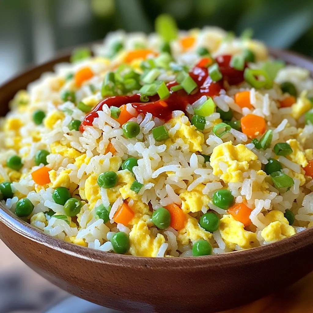 To make Minute Chili Crisp Egg Fried Rice, you need a few key ingredients: - 2 cups cooked jasmine rice (preferably day-old) - 2 large eggs - 2 tablespoons chili crisp sauce - 1 tablespoon soy sauce - 1 tablespoon sesame oil - 1 small onion, finely chopped - 2 cloves garlic, minced - 1 small carrot, diced - 1/2 cup frozen peas - Salt and pepper to taste Day-old rice works best. It has a firmer texture, and it fries well. Fresh rice tends to be too sticky. The chili crisp sauce adds a spicy crunch that makes this dish special. Use good-quality soy sauce for extra flavor. Sesame oil gives the fried rice a nutty taste. For a pop of color and taste, consider these optional garnishes: - 2 green onions, sliced - Lime wedges Green onions add freshness. Lime wedges bring a zesty kick. You can drizzle extra chili crisp on top for more heat. I recommend using jasmine rice, but you can also try these: - Long-grain rice - Basmati rice - Brown rice Each type has its own taste and texture. Jasmine rice gives a fragrant aroma. Long-grain rice keeps grains separate. Brown rice offers a nutty flavor and is more nutritious. Choose what you like best! First, gather your ingredients. You will need: - 2 cups cooked jasmine rice (preferably day-old) - 2 large eggs - 2 tablespoons chili crisp sauce - 1 tablespoon soy sauce - 1 tablespoon sesame oil - 1 small onion, finely chopped - 2 cloves garlic, minced - 1 small carrot, diced - 1/2 cup frozen peas - 2 green onions, sliced (for garnish) - Salt and pepper to taste Using day-old rice gives the best texture. Fresh rice can be too sticky. If you need to cook rice now, spread it out to cool quickly. Next, heat a teaspoon of sesame oil in a large skillet or wok over medium heat. Crack the eggs into the pan. Scramble them until just set. This step takes about a minute. Once cooked, remove the eggs from the pan and set them aside. In the same skillet, add the rest of the sesame oil. Toss in the chopped onion and minced garlic. Sauté for about 2 minutes until they smell nice. Then, add the diced carrots and frozen peas. Cook for another 2 to 3 minutes until the veggies soften. Now, add the cold rice to the skillet. Break up any clumps with a spatula. Stir-fry the rice for about 2 minutes. This step helps the rice get some color. Pour in the soy sauce and chili crisp sauce. Mix everything well to spread the flavors. Add the scrambled eggs back into the pan. Season with salt and pepper to taste. Remove the pan from heat and transfer the fried rice to serving plates. For a lovely touch, garnish with sliced green onions on top. You can drizzle some extra chili crisp sauce for more flavor. Serve with lime wedges on the side for a zesty kick! For fried rice, jasmine rice is best. It has a lovely aroma and soft texture. Day-old rice works best because it dries out. This helps the rice fry better and not clump. If you use fresh rice, let it cool first. Spread it on a tray to dry for a bit. Scrambled eggs add creaminess to the dish. Heat a bit of sesame oil in your pan. Crack the eggs in and stir gently. Cook until they are just set, not too dry. Remove them from the pan for now. This way, they stay soft and fluffy. Chili crisp adds a nice kick. Start with one tablespoon if you like mild heat. You can always add more later. Stir it well into the rice so it spreads evenly. If you want more spice, add a bit more at the end. Just remember to taste as you go! You can make this fried rice a full meal. Add veggies like bell peppers or broccoli for more color. You can also include proteins like chicken or shrimp. Tofu is a great choice for a veggie option. Just make sure to cook your add-ins before mixing them in. {{image_2}} You can make a tasty vegetarian version of this dish. Simply leave out the eggs. Instead, use tofu. Cut firm tofu into cubes and sauté until golden. Add it to the rice for protein. You can also add more veggies, like bell peppers or zucchini. This will give your fried rice more color and texture. For extra protein, try adding chicken or shrimp. If you choose chicken, use cooked, diced chicken breast. For shrimp, toss in peeled shrimp until they turn pink. To keep it vegetarian, stick with tofu. Each option brings its flavor and heartiness. Just remember to cook the protein first, then add it back in with the rice. While chili crisp is great, you can mix it up. Try hoisin sauce for sweetness or oyster sauce for umami. You can also use sriracha for more heat. These sauces can add different layers of flavor. Experiment to find what you like best. Each sauce can change the dish’s taste in a fun way. Leftover Minute Chili Crisp Egg Fried Rice is easy to store. First, let the rice cool to room temperature. Then, transfer it to an airtight container. This helps keep it fresh. You can store it in the fridge for up to three days. Reheating fried rice can be tricky. To keep it fluffy, add a splash of water before microwaving. Cover the dish with a damp paper towel. This traps steam and helps the rice stay moist. Heat in short bursts, stirring often. If you use a skillet, add a little oil and stir-fry over medium heat. This brings back the crispy texture. You can freeze leftover fried rice, too. Portion it into freezer-safe bags or containers. Be sure to remove as much air as possible. Label the bags with the date. Frozen fried rice can last for up to three months. When you are ready to eat it, thaw it in the fridge overnight before reheating. You can use fresh rice, but it may not fry well. Day-old rice dries out a bit. This helps it hold its shape and texture. Fresh rice can be too soft and sticky. If you must use fresh rice, spread it out on a tray to cool. Let it sit for at least 30 minutes. Chili crisp is a spicy oil made with chili peppers and crunchy bits. It has a rich flavor with textures from garlic, onions, and spices. Regular chili sauce is smooth and often less complex. Chili crisp adds heat along with a crunch that makes dishes pop. It’s great for adding depth to fried rice. To reduce the spice, cut back on chili crisp sauce. You can also add more rice to balance the heat. Another option is to use a milder sauce, like sweet soy sauce. Adding extra veggies, such as carrots or peas, can also help tone down the spice. Yes, you can prep it in advance. Cook the rice and store it in the fridge. You can also chop the veggies ahead of time. When ready to eat, quickly stir-fry everything together. This keeps the flavors fresh and bright. Fried rice pairs well with many side dishes. You can serve it with spring rolls for crunch. A simple cucumber salad adds freshness. You might also enjoy it with grilled chicken or steamed dumplings. These sides complement the flavors of the fried rice nicely. In this post, I shared how to make Minute Chili Crisp Egg Fried Rice. We covered key ingredients, cooking steps, and tips for spice and texture. I included simple variations and storage advice. This dish is quick, tasty, and easy to customize. You can enjoy it as a meal or a side. I hope you try it and have fun in your kitchen!