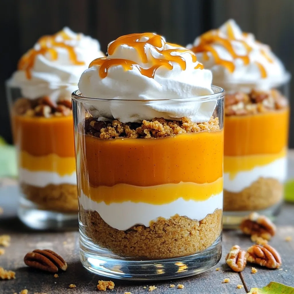 - 1 cup pumpkin puree - 1 teaspoon pumpkin pie spice - 1/2 cup brown sugar - 1 cup whipped cream (or cool whip) - 1 teaspoon vanilla extract - 1/4 cup caramel sauce (store-bought or homemade) - 1 cup crushed graham crackers - 1/2 cup chopped pecans (optional) - Additional whipped cream for topping Gathering these ingredients is simple. Pumpkin puree gives the parfait its rich flavor. Pumpkin pie spice adds warmth and depth. Brown sugar brings sweetness and a hint of caramel. Whipped cream makes it light and fluffy. Vanilla extract enhances the overall taste. Caramel sauce adds a sweet, sticky layer. Crushed graham crackers bring crunch, while chopped pecans (if you choose) add nutty flavor. Don’t forget extra whipped cream for the top! When you have everything ready, you can start mixing and layering. Each ingredient plays a crucial role in making this dessert delightful. The contrast of the creamy pumpkin and crunchy layers creates a delicious bite. Plus, the caramel drizzle on top makes it truly special. Enjoy the process of creating this fall treat! First, take a medium bowl. Add 1 cup of pumpkin puree, 1 teaspoon of pumpkin pie spice, and 1/2 cup of brown sugar. Mix these well until they blend together nicely. Next, fold in 1 cup of whipped cream and 1 teaspoon of vanilla extract. Keep stirring until the mixture is smooth and creamy. Set this delicious mix aside for later. In another bowl, mix 1 cup of crushed graham crackers with 1/2 cup of chopped pecans if you want that nutty flavor. Add 1/4 cup of caramel sauce to moisten the crumbs. Make sure everything combines well. This will give your parfait a crunchy layer. Grab serving glasses or bowls. Start by adding a layer of the graham cracker mixture at the bottom. Then, spoon a generous layer of the pumpkin mixture on top. Drizzle some caramel sauce over the pumpkin layer. Repeat these layers until the glasses are full, ending with a layer of pumpkin mixture on top. For the final touch, add a dollop of whipped cream on each parfait. Then, drizzle more caramel sauce on top. Chill the parfaits in the fridge for at least 30 minutes. This helps the flavors mix and makes each bite blissful. For a stunning display, use clear glasses. This way, guests can see the beautiful layers. It adds a fun touch to your dessert. Consider garnishing with crushed graham crackers, chopped pecans, or a dash of pumpkin pie spice. These tiny details make each parfait pop with flavor and style. You can prepare these parfaits ahead of time. Just assemble them a few hours before your event. This makes hosting easier and less stressful. Keep them in the fridge until it's time to serve. This also helps the flavors blend together nicely. Be careful not to overmix the cream when making the pumpkin mixture. This can make it lose its light and fluffy texture. Also, pay attention to layering. Start with graham cracker crumbs, then pumpkin, and drizzle caramel in between. If you layer incorrectly, the parfaits may not look as appealing. {{image_2}} You can mix up your parfaits with tasty flavors. One fun idea is adding chocolate layers. Use chocolate pudding or mousse between the pumpkin layers. This adds richness and a nice contrast to the pumpkin. You can also try different nuts like walnuts or almonds. They add crunch and enhance the flavor. Just chop them up and layer them in with the graham cracker mixture. If you want a vegan or dairy-free treat, you have great options. Use coconut whipped cream instead of regular whipped cream. It’s light and fluffy. For caramel, look for dairy-free versions made with coconut or almond milk. These swaps keep the flavor while making it vegan. You can get creative with how you serve these parfaits. Try turning them into a trifle. Use a larger dish and layer all the ingredients for a big family dessert. You can also make a cake by baking layers of pumpkin cake with cream and caramel. This way, you can share the joy of pumpkin pie in a different form! To keep your caramel pumpkin pie parfaits fresh, you should store them in the fridge. Use airtight containers or cover them tightly with plastic wrap. Make sure to chill them right after serving. This helps keep the flavors intact and the layers looking nice. Can you freeze caramel pumpkin pie parfaits? Yes, but I recommend freezing the layers separately. The graham cracker layer can become soggy when thawed. Store the pumpkin mixture and whipped cream in separate containers. When you're ready to enjoy your parfaits, assemble them fresh for the best taste. How long do parfaits stay fresh in the refrigerator? They will stay fresh for about 3 to 4 days. After that, the flavors may fade, and the texture may change. For the best experience, eat them within the first two days for a delightful treat! Caramel pumpkin pie parfaits stay fresh for about 3 days in the fridge. I recommend covering them well with plastic wrap or a lid. If you notice any change in smell or texture, it’s best to toss them. Enjoy them within a few days for the best taste and texture. Yes, you can make this recipe gluten-free! Use gluten-free graham crackers instead of regular ones. Many brands offer tasty gluten-free options. You can also make your own from ground nuts or oats. Just ensure that your ingredients are certified gluten-free to avoid cross-contamination. If you don’t have pumpkin puree, you can use sweet potato puree or butternut squash puree. Both give a similar texture and flavor. You could also use canned pumpkin pie filling, but be mindful of added spices and sugar. Always check the label to keep your flavors balanced. This blog post outlines how to create delicious caramel pumpkin pie parfaits. We covered key ingredients like pumpkin puree and brown sugar. Step-by-step, I showed how to mix, layer, and chill your parfaits. We also explored tips for presentation and common mistakes to avoid. In final thoughts, these parfaits are a fun twist on classic pumpkin pie. They are easy to make and great for gatherings. You can customize them to fit your needs. Enjoy creating and sharing these tasty treats!