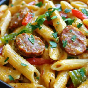 For this dish, you will need the following main ingredients: - 8 oz penne pasta - 1 lb smoked sausage, sliced - 1 onion, diced - 3 cloves garlic, minced - 1 red bell pepper, diced - 1 green bell pepper, diced - 1 can (14.5 oz) diced tomatoes, undrained - 4 cups chicken broth - 2 teaspoons Cajun seasoning - 1 teaspoon dried oregano - 1/2 cup heavy cream - 1 cup shredded cheddar cheese You will also need some common pantry staples: - 2 tablespoons olive oil - Salt and black pepper, to taste To make your dish look even better, consider these garnishes: - Fresh parsley, chopped - Additional shredded cheese, if desired Start by gathering all your ingredients. You will need penne pasta, smoked sausage, and some colorful veggies. Dice the onion, red bell pepper, and green bell pepper. Slice the sausage into rounds. Mince the garlic, and set everything in bowls for easy access. In a large pot, heat the olive oil over medium heat. Once hot, add the sliced sausage. Cook until it turns brown, which takes about 5-7 minutes. Remove the sausage and place it on a plate. In the same pot, add the diced onion and minced garlic. Sauté for about 3 minutes until the onion looks clear. Next, mix in the red and green bell peppers. Cook them for around 5 minutes until soft. Now, stir in the diced tomatoes, chicken broth, Cajun seasoning, oregano, salt, and black pepper. Bring this mixture to a simmer. Next, add the penne pasta and stir well. Lower the heat, cover the pot, and let it cook for about 12-15 minutes. Stir occasionally to keep the pasta from sticking. Once the pasta is tender and most of the liquid is gone, stir in the heavy cream and cheddar cheese. Make sure the cheese melts completely. Finally, add the sausage back into the pot. Mix everything together and heat for another 2-3 minutes. To get the best texture, make sure not to overcook the pasta. Check it often as it cooks. Stirring regularly helps keep the pasta from sticking together. If the sauce seems too thick, add a splash of chicken broth or water. This keeps your dish creamy and smooth. One common mistake is overcooking the pasta. You want it al dente, so keep an eye on it. Stirring the pasta often helps prevent it from sticking to the pot. Another mistake is not using enough seasoning. Cajun seasoning is key for flavor. Taste as you go and adjust the spices to your liking. Lastly, don’t forget to add the cream and cheese at the right time. This makes the dish creamy and rich. To boost the flavor, try adding more vegetables like zucchini or mushrooms. These add texture and taste. You can also use smoked paprika for a deeper smoky flavor. A splash of hot sauce gives it a nice kick too. Fresh herbs like basil or thyme can brighten up the dish. Mixing in a squeeze of lemon juice adds freshness that balances the richness. A large, heavy pot is best for this recipe. It helps cook everything evenly. A wooden spoon is great for stirring, as it won’t scratch the pot. Having a good knife makes chopping vegetables easier. I recommend using measuring spoons for precise seasoning. Finally, a ladle is handy for serving this dish into bowls. {{image_2}} If you want a twist on this dish, try different proteins. Chicken works well. Use diced chicken breast or thighs for a leaner option. Shrimp also adds a nice touch. Just cook them until they turn pink. For a heartier taste, consider using andouille sausage. It packs a spicy punch and enhances the Cajun flavor. You can make this dish vegetarian without losing flavor. Swap the sausage for plant-based options like tofu or tempeh. They absorb flavors well and add protein. You can also add more veggies. Consider mushrooms, zucchini, or spinach for added texture and nutrients. For a creamy element, use coconut cream instead of heavy cream. To elevate the taste, think about adding new flavors. A splash of hot sauce can enhance the heat. You might also try fresh herbs like thyme or basil for a fresh twist. Adding lemon juice at the end brightens the dish. You can even mix in some olives for a savory kick. Experimenting with different spices will make your meal unique every time! To keep your One-Pot Cajun Sausage Pasta fresh, let it cool first. Then, place it in an airtight container. Make sure to seal it tightly to prevent air from getting in. Store it in the fridge for up to three days. This way, it stays tasty and safe to eat. When it’s time to eat those leftovers, you have a few options. You can use the microwave. Just heat it in a bowl for 1–2 minutes, stirring halfway. You can also reheat it on the stove. Add a splash of chicken broth to a skillet over low heat. Stir it gently until it warms up. Both methods work well to keep the creamy texture. If you have more than you can eat, freezing is a great option. Portion the pasta into freezer-safe bags or containers. Be sure to remove as much air as possible. You can freeze it for up to three months. When you’re ready to eat, thaw it overnight in the fridge. Then, reheat as mentioned above. This way, you can enjoy this delicious meal later! Yes, you can use different pasta types. Penne works well, but you can try fusilli or rotini. These shapes hold sauce nicely. Just keep an eye on the cooking time. Different pasta may take longer or shorter to cook. This dish has a mild to medium spice level. Cajun seasoning adds heat but is balanced by cream and cheese. If you like more heat, add extra Cajun spice or some crushed red pepper. Adjust it to your taste! To make this dish dairy-free, swap heavy cream with coconut milk or a dairy-free cream. Use a dairy-free cheese for the topping. This keeps the creamy texture without dairy. It’s still delicious and satisfying! This pasta pairs well with a simple green salad. You could also serve it with garlic bread or crusty rolls. For a heartier meal, add grilled veggies or a side of coleslaw. Enjoy a complete meal with these sides! In this blog post, we explored the key ingredients, step-by-step cooking methods, and helpful tips for making One-Pot Cajun Sausage Pasta. We discussed common mistakes to avoid and shared alternative options for varied diets. Lastly, I provided storage tips for your leftovers to ensure freshness. Cooking should be fun and easy, and this recipe makes it simple. Enjoy your meal and try different flavors to find your favorite twist!