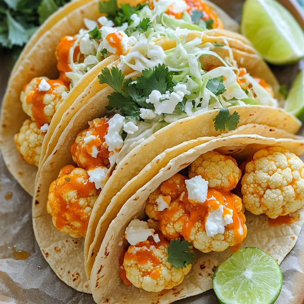 - 1 medium head of cauliflower, cut into bite-sized florets - 1 cup buffalo sauce (store-bought or homemade) - 1 teaspoon garlic powder - 1 teaspoon onion powder - 1 teaspoon smoked paprika - 1/2 teaspoon salt - 1/2 teaspoon black pepper - 8 small corn or flour tortillas - 1/2 cup shredded cabbage - 1/4 cup crumbled feta cheese (or vegan feta) - Fresh cilantro, for garnish - Lime wedges, for serving This recipe starts with fresh cauliflower florets. Choose a medium head that is firm and free of brown spots. The cauliflower gives a great base for your tacos. Next, you need buffalo sauce. You can buy it or make your own if you prefer. The sauce adds the zing that makes these tacos special. For seasoning, garlic powder, onion powder, smoked paprika, salt, and black pepper bring out the best flavor. Mix these spices well with the cauliflower. They add depth without overpowering the dish. Each spice plays a role in creating a rich, balanced taste. Toppings are key for adding texture and freshness. Use small corn or flour tortillas as your base. They hold everything together nicely. Shredded cabbage gives a nice crunch. Crumbled feta cheese, or vegan feta, adds creaminess. Finally, fresh cilantro and lime wedges brighten up the flavors. You can squeeze lime over the tacos right before you take a bite. This adds a fresh burst of flavor that is hard to beat. First, preheat your air fryer to 400°F (200°C). This step ensures even cooking for your tacos. While the air fryer heats, get your cauliflower ready. Cut one medium head of cauliflower into bite-sized florets. In a large mixing bowl, add the cauliflower florets. Drizzle one tablespoon of olive oil over them. Then, add one teaspoon each of garlic powder, onion powder, and smoked paprika. Sprinkle in half a teaspoon of salt and black pepper. Toss everything well, so every piece is coated. Next, pour one cup of buffalo sauce over the cauliflower. Toss again until all the florets are nicely covered. Now, it’s time to cook! Place the seasoned cauliflower in the air fryer basket. Make sure to arrange the pieces in a single layer. This helps them cook evenly. If you have a lot, you may need to work in batches. Air fry the cauliflower for 12 to 15 minutes. Shake the basket halfway through the cooking time. This helps to get that perfect crispy texture. Check for crispiness. The cauliflower should be tender and golden brown when done. While the cauliflower is cooking, warm your tortillas. Heat a dry skillet over medium heat. Place the tortillas in the skillet for about 20 to 30 seconds on each side. This makes them soft and easy to fold. Once the cauliflower is ready, it’s taco time! Lay a few pieces of crispy buffalo cauliflower on each tortilla. Top with shredded cabbage and crumbled feta cheese. Don’t forget the fresh cilantro for a burst of flavor! Serve your tacos with lime wedges on the side. A squeeze of lime adds a zesty touch that’s simply delightful. To get crispy cauliflower, start with a good coating. Mix the cauliflower with olive oil and spices well. Make sure every piece is covered evenly. This helps the cauliflower get that nice crunch. If you have a lot of cauliflower, cook it in batches. Overcrowding the air fryer can make it soggy. If you want to make your own buffalo sauce, combine hot sauce, melted butter, and a dash of vinegar. This mix gives you a fresh flavor. You can also add extra spices for fun. Try cayenne for heat or smoked paprika for depth. These small changes can make a big difference. Layer your tacos for the best taste. Start with crispy buffalo cauliflower as the base. Next, add shredded cabbage for crunch. Crumbled feta cheese adds creaminess. Finish with fresh cilantro for a burst of flavor. If you want a twist, use avocado or a dollop of Greek yogurt instead of feta. This can change the whole feel of the dish! {{image_2}} You can switch up the protein in these tacos easily. If you want more crunch, add chickpeas. Roasted chickpeas bring a nutty flavor and a great texture. You can also use cauliflower florets alone. They are the star of this dish. If you crave something heartier, consider adding chicken or tofu. Grilled chicken adds a nice touch of flavor. Marinate it in buffalo sauce for a spicy kick. For a plant-based option, use firm tofu. Press the tofu to remove excess water and toss it in the same sauce for a flavorful bite. If you need a gluten-free option, choose corn tortillas. They are tasty and hold up well with the fillings. You can also find gluten-free flour tortillas. Check the labels to ensure they are safe for your needs. For binding, you can use a mix of almond flour and ground flaxseed. This mix helps hold everything together without gluten. It also adds a nice nutty flavor. To make these tacos vegan, swap the feta cheese for a dairy-free version. Look for vegan feta at your local store. You can also make your own using blended cashews, lemon juice, and herbs. To make the dish fully plant-based, skip any animal products. Use the buffalo sauce made with plant-based ingredients. With these changes, you can enjoy a tasty meal that fits your diet. Store your leftover tacos in an airtight container. This keeps them fresh longer. Place a paper towel in the container to absorb moisture. You can keep them in the fridge for about 3 days. After that, the cauliflower may lose its crispiness. To reheat without losing texture, use the air fryer. Set it to 350°F (175°C) and heat for about 5 minutes. Check every minute to avoid overcooking. This helps keep the cauliflower crispy. You can also use a skillet over medium heat. Just warm the tacos for a couple of minutes on each side. You can prepare the cauliflower in advance. Just cut it into florets and store in the fridge for up to 2 days. For freezing, place the seasoned cauliflower on a baking sheet. Freeze until solid, then transfer to a bag. This way, you can use it later for quick meals. Yes, you can make these tacos spicy! To do this, try these tips: - Add more buffalo sauce to your cauliflower. - Mix in chopped jalapeños or hot sauce. - Use spicy seasoning blends, like cayenne pepper or chili powder. Adjust the heat to suit your taste. Start with a little, then add more if needed. If you want alternatives to buffalo sauce, here are some options: - Hot sauce mixed with melted butter for a classic taste. - BBQ sauce for a sweeter flavor. - Sriracha for a zesty twist. You can also try homemade sauces with spices and vinegar. To keep your tortillas from getting soggy, follow these tips: - Warm them in a dry skillet for a few seconds. This helps them stay crisp. - Use fresh tortillas. Store them in a cool, dry place. - Avoid overloading your tacos with wet ingredients. By handling them well, you can keep your tacos crunchy and tasty! This article covered how to make tasty buffalo cauliflower tacos. You learned about key ingredients like cauliflower, buffalo sauce, and spices. I shared steps for preparing, cooking, and assembling your tacos. Tips on keeping cauliflower crispy and options for toppings enhance the dish. You can explore variations to suit your needs, along with storage and reheating advice. In the end, these tacos are easy to make and fun to enjoy. Embrace this recipe for delicious meals that everyone can love.
