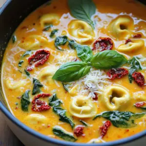 For this creamy sun-dried tomato tortellini soup, gather these ingredients: - 1 tablespoon olive oil - 1 medium onion, diced - 3 cloves garlic, minced - 1 cup sun-dried tomatoes in oil, roughly chopped - 4 cups vegetable broth - 1 teaspoon Italian seasoning - 1 cup heavy cream - 12 ounces cheese tortellini (fresh or frozen) - 2 cups fresh spinach - Salt and pepper to taste - Grated Parmesan cheese for serving - Fresh basil leaves for garnish (optional) To keep your ingredients fresh: - Store olive oil in a cool, dark place. - Keep onions in a dry, well-ventilated area. - Use garlic within a few weeks for the best flavor. - Sun-dried tomatoes should be kept in a sealed jar in the fridge after opening. - Check the broth's expiry date before use. - Use heavy cream before it spoils, usually within a week of opening. - Fresh spinach lasts best in a sealed bag in the fridge. If you can't find some ingredients, you can try these swaps: - Use coconut milk instead of heavy cream for a lighter soup. - Substitute fresh tortellini with dried pasta if needed. - You can replace vegetable broth with chicken broth for extra flavor. - Spinach can be swapped for kale or Swiss chard. - If you want a different cheese, use ricotta or feta instead of Parmesan. This way, you can make a tasty soup with what you have on hand! Start by gathering your ingredients. You need olive oil, onion, garlic, sun-dried tomatoes, and vegetable broth. Dice one medium onion and mince three cloves of garlic. Roughly chop one cup of sun-dried tomatoes. This mix builds a strong base for your soup. Now, heat one tablespoon of olive oil in a large pot over medium heat. When the oil shimmers, add the diced onion. Sauté for about 4-5 minutes until the onion softens and turns translucent. This step brings out the onion’s sweet flavor. Next, stir in the minced garlic and chopped sun-dried tomatoes. Cook for an additional two minutes. The garlic should smell fragrant at this point. This mix forms the foundation of your creamy soup. Pour in four cups of vegetable broth. Add one teaspoon of Italian seasoning for a burst of flavor. Stir well and bring the mixture to a gentle simmer. Let it simmer for about five minutes. This helps the flavors meld together nicely. Once simmering, add one cup of heavy cream. Stir until everything is well combined. Bring the soup back to a simmer. This cream adds richness and makes the soup creamy. Next, gently add 12 ounces of cheese tortellini to the pot. Follow the package instructions for cooking time. If using fresh tortellini, it usually cooks in about 3-5 minutes. For frozen, it may take a little longer. When the tortellini is cooked, fold in two cups of fresh spinach. Stir until the spinach wilts. This adds color and nutrients to your soup. Season with salt and pepper to taste. Remove the pot from heat. Serve the soup hot, garnished with grated Parmesan cheese. You can also add fresh basil leaves for extra flair. Enjoy the creamy goodness! To boost flavor, use fresh herbs. Basil and oregano shine in this dish. A splash of lemon juice adds brightness, too. You can also try adding red pepper flakes for a bit of heat. If you want depth, a splash of balsamic vinegar works wonders. Many people overcook the tortellini. Follow the package instructions closely. If you cook them too long, they can turn mushy. Also, don’t skip the salt and pepper. They bring out the flavors in the soup. Lastly, make sure not to burn the garlic. It can turn bitter quickly. For a creamier soup, add more heavy cream. You can also stir in cream cheese for added richness. If you want a lighter version, swap the heavy cream for half-and-half or Greek yogurt. Both options keep the soup tasty without all the fat. {{image_2}} You can change the tortellini to suit your taste. Cheese tortellini shines in this soup, but you can try others too. Spinach or mushroom tortellini adds a nice twist. You could also use whole wheat tortellini for a healthier option. Fresh tortellini gives a soft bite, while frozen ones are easy and quick. You might want to add protein for a heartier meal. Cooked chicken or turkey fits well and makes the dish filling. You can also use sausage for a spicy kick. If you prefer, add some shrimp for a seafood taste. Just make sure to adjust the cooking time so everything cooks evenly. For a vegetarian option, skip the meat and use vegetable broth. You can keep the creamy texture by using coconut milk instead of heavy cream. If you're vegan, choose dairy-free tortellini and skip the cheese. Use nutritional yeast for a cheesy flavor without dairy. You’ll still enjoy a rich, tasty soup! To keep your One-Pot Creamy Sun-Dried Tomato Tortellini Soup fresh, store it in an airtight container. Let the soup cool down before sealing it. This helps prevent any moisture build-up. You can store it in the fridge for up to three days. If you plan to keep it longer, freezing is the best option. When you're ready to enjoy the soup again, reheat it on the stove. Pour it into a pot over medium heat. Stir often to warm it evenly. If the soup seems too thick, add a splash of vegetable broth or water. You can also microwave it in a safe bowl. Heat it in intervals of one minute, stirring in between. To freeze the soup, first, cool it completely. Pour it into freezer-safe bags or containers. Leave some space at the top, as soup expands when frozen. This soup can last up to three months in the freezer. When ready to eat, thaw it in the fridge overnight. Reheat as mentioned before, and enjoy your delicious soup again! Yes, you can make this soup ahead of time. Just cook it fully and cool it down. Store it in an airtight container in the fridge. It will stay fresh for 3 to 4 days. When you are ready to eat, heat it on the stove over low heat. Stir it well to warm it evenly. If it thickens too much, add a little broth or water. If you want a lighter option, you can use half-and-half. You can also use coconut milk for a dairy-free choice. Another option is to blend silken tofu with a little water. This gives a creamy texture without the heavy cream. To make this soup gluten-free, swap the cheese tortellini for gluten-free tortellini. Many brands offer this option now. Check your local store or online. Also, ensure your vegetable broth is gluten-free. Most brands are, but it’s always good to check the label. In this article, we discussed key ingredients, detailed steps, and storage tips for your soup. You learned how to enhance flavors and avoid common pitfalls. Variations let you swap ingredients and cater to your needs. My final thought: this soup is versatile and fun to make. Explore different options and enjoy the process. You'll create a dish everyone loves. Now, gather your ingredients and start cooking!