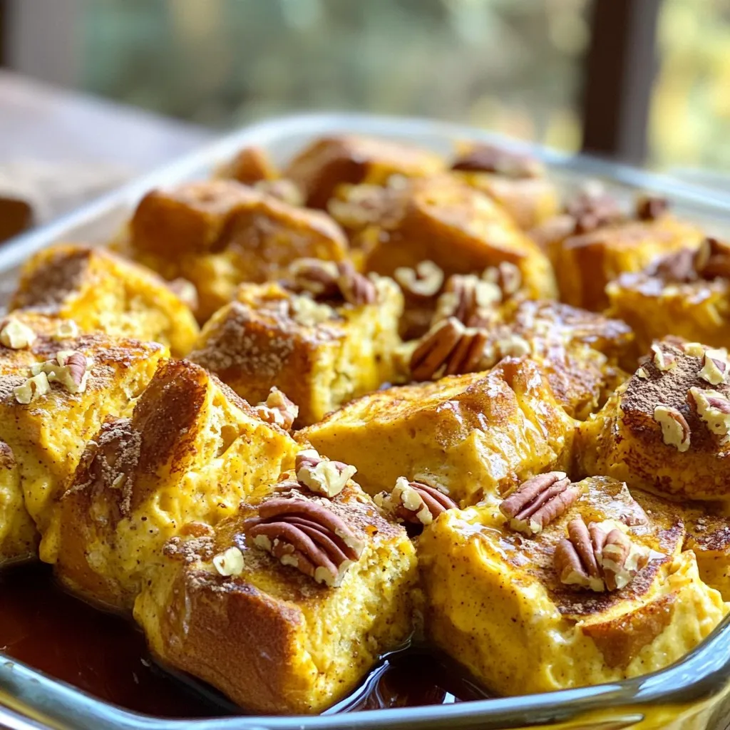 - 1 (14 oz) loaf of challah or brioche bread, cut into 1-inch cubes - 1 cup canned pumpkin puree - 8 oz cream cheese, softened - 4 large eggs - 2 cups milk For this dish, I love using challah or brioche bread. They soak up the mix well. The canned pumpkin puree adds a smooth texture and rich flavor. Cream cheese brings a creamy touch that balances the spices. Eggs are key for a fluffy bake, and milk adds moisture. - 1/2 cup brown sugar - 1 teaspoon vanilla extract - 1 teaspoon cinnamon - 1/2 teaspoon nutmeg - 1/4 teaspoon ginger - 1/4 teaspoon salt The brown sugar gives a deep sweetness. Vanilla extract adds warmth and depth. Cinnamon, nutmeg, and ginger create that cozy fall flavor. Salt enhances all the tastes, making each bite pop. - 1/2 cup chopped pecans - Maple syrup, for serving Chopped pecans add crunch and nutty flavor. Drizzling maple syrup on top makes it sweet and delightful. You can skip the pecans if you want a simpler dish. 1. Preheat your oven to 350°F (175°C). This helps the bake cook evenly. 2. Grease a 9x13 inch baking dish. This will keep your bake from sticking. 3. Cut the loaf of bread into 1-inch cubes. This size helps the bread soak up the mixture well. 1. In a mixing bowl, beat the softened cream cheese until smooth. This is key for a creamy texture. 2. Add the canned pumpkin puree, brown sugar, eggs, vanilla extract, cinnamon, nutmeg, ginger, and salt. 3. Mix until everything is well combined and creamy. This mixture brings all the flavors together. 1. Pour the cream cheese mixture over the bread cubes. Make sure all the bread is coated. 2. Gently toss the bread to mix it with the cream cheese. If you like nuts, sprinkle the chopped pecans over the top. 3. In another bowl, whisk together the milk and any remaining eggs with a sprinkle of cinnamon. 4. Pour this mixture evenly over the bread and cream cheese. This adds moisture. 5. Allow the dish to soak for at least 20 minutes. For a richer flavor, refrigerate overnight. 6. Cover with aluminum foil and bake for 30 minutes. This keeps it moist. 7. Remove the foil and bake for an additional 15-20 minutes. Look for a golden top and a set center. This step-by-step guide ensures you make the perfect Pumpkin Cream Cheese French Toast Bake. Enjoy your creation! Soaking the bread is key to a great Pumpkin Cream Cheese French Toast Bake. You want the bread to absorb all the creamy goodness. Let it sit for at least 20 minutes. This gives the bread time to soak up the flavors. For even better taste, refrigerate it overnight. This helps the flavors blend and deepen. Trust me; it makes a big difference! You can bake this dish in different pans. If you use a smaller dish, adjust the bake time. A smaller pan may need more time to cook through. On the other hand, a larger pan might need less time. Keep an eye on the bake to ensure it cooks evenly. Serve your French toast bake warm. Drizzle it with maple syrup for sweetness. You can also sprinkle extra cinnamon on top. Fresh fruit pairs well too. Consider offering coffee or apple cider on the side. They make great drinks to enjoy with this dish! {{image_2}} You can easily change the taste of your Pumpkin Cream Cheese French Toast Bake. Here are two fun ideas: - Adding chocolate chips: Mix in some chocolate chips for a sweet twist. They melt and add a rich flavor that pairs well with pumpkin. - Using different types of nuts: Instead of pecans, try walnuts or almonds. They add crunch and a nutty taste, which makes your bake even better. If you have dietary needs, don't worry! You can modify the recipe as follows: - Gluten-free bread options: Use gluten-free bread to make this dish safe for those with gluten allergies. Many brands offer great options that taste just as good. - Dairy-free substitutions for cream cheese and milk: Use dairy-free cream cheese and almond or oat milk for a tasty dairy-free version. These options keep the creaminess without the dairy. Make your French toast bake special for the season! Here are two ideas: - Incorporating cranberries or apple slices: Add fresh cranberries or thin apple slices. They bring a tart flavor that balances the sweet pumpkin. Plus, they look great! - Adapting for different holidays: For a festive touch, add spices like allspice or cloves during holidays. You can also use themed toppings like whipped cream or holiday sprinkles to enhance the fun. To store leftovers, cool the Pumpkin Cream Cheese French Toast Bake first. Then, place it in an airtight container. You can also cover it tightly with plastic wrap. This keeps it fresh. If you prefer freezing, slice the bake first. Wrap each slice in plastic wrap and place in a freezer bag. This way, you can grab a piece anytime. To reheat, preheat your oven to 350°F (175°C). Place the slices on a baking sheet. Cover with foil to keep them moist. Heat for about 10-15 minutes. You can also use the microwave. Warm each slice for 30 seconds to 1 minute. Keep an eye on it to avoid overheating. In the fridge, the French toast bake lasts about 3-4 days. If you freeze it, it can last for up to 2-3 months. Just remember that the longer it sits, the more the texture may change. So, enjoy it soon for the best taste! Yes, you can easily prepare this dish ahead of time. For best results, soak the bread overnight. After mixing the cream cheese and pumpkin, pour it over the bread cubes. Cover the baking dish and place it in the fridge. This allows the bread to soak up the flavors. Make sure to bake it the next day. If you don’t have challah or brioche, don’t worry. You can use other bread types. French bread or Texas toast works well. They both give a nice texture. Whole grain bread adds a healthy twist. To check if your bake is done, look for a golden brown top. Insert a knife into the center. If it comes out clean, it’s ready. The center should feel set, not jiggly. You can use fresh pumpkin. It gives a bright flavor. However, fresh pumpkin needs more work. You must cook and puree it first. Canned pumpkin is easy and saves time. It also has a smooth texture right away. Choose what works best for you. This blog post covered how to make a tasty pumpkin cream cheese French toast bake. We explored key ingredients, from challah bread to spices. I shared step-by-step instructions and helpful tips, like soaking time for flavor. You can try different variations for special occasions or dietary needs. In the end, this dish is not only easy to make but also delicious and versatile. Enjoy making it your own every time you bake!