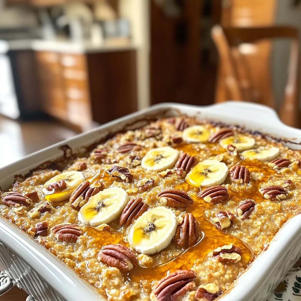 - 2 cups rolled oats - 1/2 cup pecans, chopped - 1/2 cup maple syrup - 2 cups almond milk (or any milk of choice) - 1/4 cup unsweetened applesauce - 1 teaspoon vanilla extract - 1 teaspoon cinnamon - 1/2 teaspoon nutmeg - 1/4 teaspoon salt - Optional: banana for topping, additional maple syrup for drizzling When I make Warm Maple Pecan Baked Oatmeal, I love to keep my ingredients simple and wholesome. The main ingredients start with rolled oats, which give the dish a chewy texture. I add chopped pecans for a crunchy bite and a rich flavor. Maple syrup is my secret weapon, adding a natural sweetness that pairs perfectly with the nuts. For liquid, I use almond milk, but any milk works here. Unsweetened applesauce brings moisture and a hint of fruitiness. I always add vanilla extract for warmth and depth. Spices play a big role, too. Cinnamon and nutmeg create that cozy feel. A bit of salt balances out the sweetness. If I'm feeling fancy, I'll top it with banana slices. Drizzling more maple syrup over the top makes it extra special. Each ingredient adds its own charm to this comforting dish. - Preheat your oven to 350°F (175°C). - Grease a 9x9 inch baking dish with cooking spray or a bit of oil. - In a large bowl, mix 2 cups of rolled oats, 1/2 cup of chopped pecans, 1 teaspoon of cinnamon, 1/2 teaspoon of nutmeg, and 1/4 teaspoon of salt. Stir well until everything is blended. - In another bowl, whisk together 2 cups of almond milk, 1/2 cup of maple syrup, 1/4 cup of unsweetened applesauce, and 1 teaspoon of vanilla extract. Make sure it is smooth and mixed well. - Pour the wet ingredients into the bowl of dry ingredients. Stir until you see no dry oats. - Spread the mixture evenly in the prepared baking dish. - If you like, you can slice a banana and place it on top. - Bake in the oven for 30-35 minutes. You want it to be set and slightly golden on top. - Once baked, let it cool for a few minutes before you serve. Choosing the right oats is key. I always use rolled oats for this recipe. They cook well and give a nice texture. Instant oats can turn mushy, while steel-cut oats take longer to bake. Stick with rolled oats for best results. To boost flavor, add spices. Besides cinnamon and nutmeg, try ginger or cardamom. These spices will add warmth and depth. A pinch of salt enhances sweetness too. Play with flavors to find your favorite mix. Top your baked oatmeal with fresh banana slices. They add creaminess and flavor. Nuts or seeds make great toppings too. Try sunflower seeds or walnuts if you want a change. Pair your oatmeal with a warm drink. Coffee or tea complements the dish well. A glass of cold almond milk is also refreshing. You could even serve it with yogurt for creaminess. Avoid overbaking your oatmeal. Check it after 30 minutes. If it's set and golden, it's done. Overbaking can dry it out and ruin the texture. Mixing is important. Make sure to blend wet and dry ingredients well. This helps each bite taste great. Uneven mixing can lead to clumps of dry oats. Stir until everything is combined, and you’ll get a nice, even bake. {{image_2}} If you're looking to avoid nuts, you can easily swap out the pecans. Try using sunflower seeds or pumpkin seeds instead. Both add a nice crunch and a boost of nutrition. You can also use seeds like chia or flax for healthy fats. These options offer different textures and flavors while keeping your baked oatmeal nut-free. Want to change up the taste? Add dried fruits like raisins or cranberries. They bring a nice chewiness and sweetness. You could even toss in chocolate chips for a fun twist! For different milk options, use oat milk or coconut milk. Each choice gives a unique flavor and creaminess to your oatmeal. To make this recipe vegan, ensure all ingredients are plant-based. Use maple syrup as a sweetener, and choose almond milk or another non-dairy milk. For sweeteners, try agave nectar or date syrup. These plant-based options keep the flavor rich and sweet without any animal products. Store your baked oatmeal in an airtight container. Glass or plastic containers work well. Let it cool to room temperature first. Once cooled, cover it tightly. This keeps it fresh for up to five days in the fridge. You can also separate portions in smaller containers for easy access. To reheat, the oven works best. Preheat your oven to 350°F (175°C). Place the oatmeal in a baking dish. Add a splash of milk to keep it moist. Cover with foil and bake for about 10-15 minutes. If you prefer the microwave, warm it in a microwave-safe bowl. Heat for 1-2 minutes, stirring halfway through. Enjoy it warm for the best taste. You can freeze the baked oatmeal for longer storage. Allow it to cool completely. Cut it into squares and wrap each piece in plastic wrap. Place the wrapped pieces in a freezer bag. Seal tightly, removing air as you go. It can stay good for up to three months. To thaw, move a square to the fridge overnight. Reheat as described above when you’re ready to enjoy it again. Yes, you can make this recipe gluten-free. To do this, use certified gluten-free rolled oats. Many brands offer oats that do not contain gluten. You can also substitute oats with quinoa flakes or buckwheat for a different texture. Just ensure the other ingredients, like almond milk and maple syrup, are also gluten-free. To make the oatmeal less sweet, reduce the maple syrup. Try using only 1/4 cup instead of 1/2 cup. You can also add less sweetener to your taste. If you want more flavor without sweetness, add a bit more cinnamon or nutmeg. These spices can enhance the taste without adding sugar. Yes, you can prep this dish ahead of time. You can soak the oats overnight in almond milk. This makes the oats soft and ready to bake in the morning. Just mix all the dry ingredients and wet ingredients, then combine them the night before. In the morning, pour it into a baking dish and bake. You can add a variety of toppings to make this dish more exciting. Here are some ideas: - Fresh fruit like bananas, berries, or apples - A dollop of yogurt for creaminess - Extra nuts for crunch - A sprinkle of seeds like chia or flaxseed - A drizzle of honey or more maple syrup for sweetness Feel free to mix and match toppings based on your taste. Enjoy your warm maple pecan baked oatmeal! This recipe for Warm Maple Pecan Baked Oatmeal is easy and delicious. You learned how to mix oats with nuts, spices, and liquids to create a tasty dish. You can customize flavors and toppings to suit your taste. Remember to avoid common mistakes like overbaking. Store leftovers well for a quick breakfast later. With these steps and tips, you’ll enjoy a warm, comforting meal anytime. Dive into your baking adventure and savor each delicious bite!