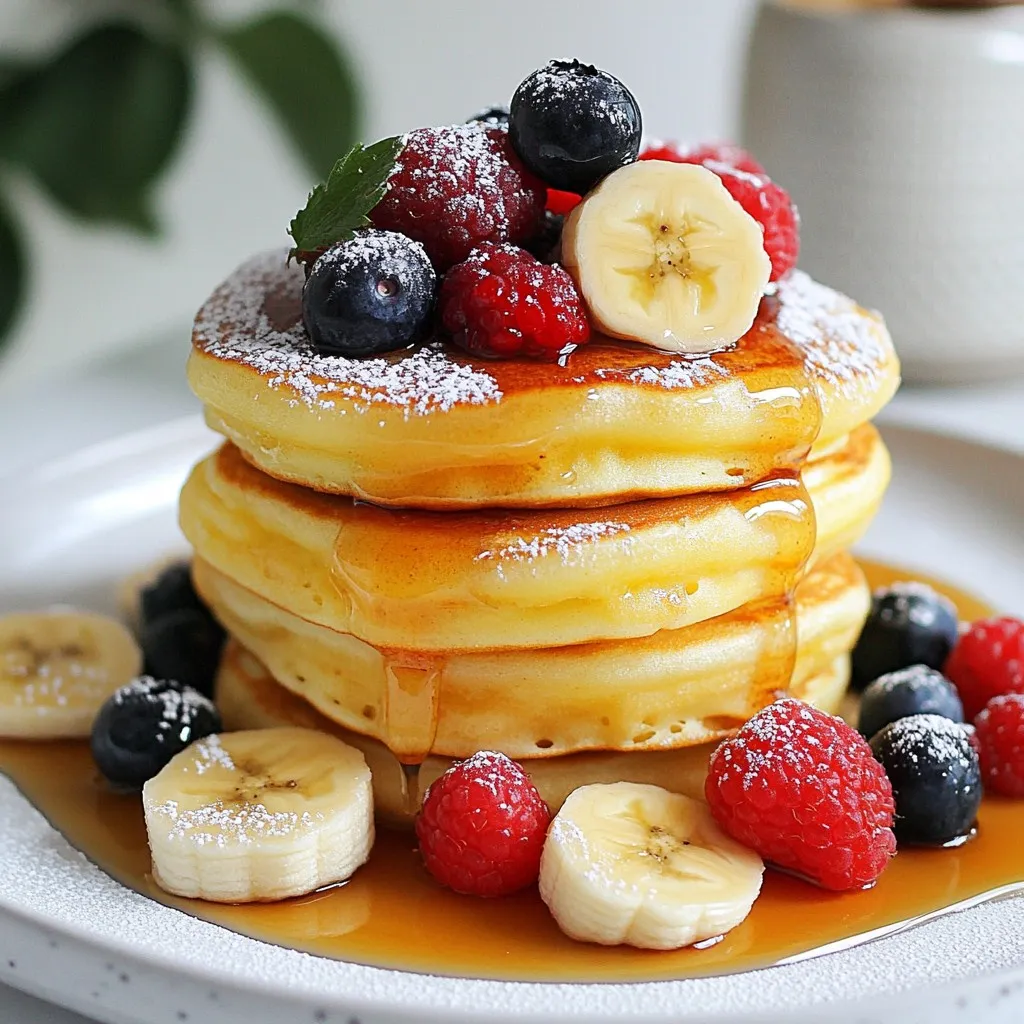 - 1 cup all-purpose flour - 2 tablespoons cornstarch - 2 teaspoons baking powder - 1/4 teaspoon salt - 1/3 cup milk - 3 large eggs, separated - 2 tablespoons sugar (divided) - 1 teaspoon vanilla extract - 1 tablespoon vegetable oil - Butter, for cooking - Maple syrup, for serving - Fresh fruit (berries, banana) for garnish To create these fluffy delights, use simple, fresh ingredients. Each one plays a key role in the texture and taste of the pancakes. 1. All-purpose flour gives structure. It keeps the pancakes light but sturdy. 2. Cornstarch makes them extra fluffy. It helps create that melt-in-your-mouth feel. 3. Baking powder is the magic that helps them rise. Without it, they won't puff up. 4. Salt balances the sweetness. Just a pinch goes a long way. 5. Milk adds moisture. It mixes well with the other wet ingredients. 6. Eggs are the stars. Separating the yolks and whites creates a fluffy batter. 7. Sugar sweetens the pancakes. Divide it to give the egg whites more stability. 8. Vanilla extract adds rich flavor. It makes every bite taste special. 9. Vegetable oil makes the batter smooth. It helps with cooking and texture. 10. Butter is for cooking. It gives the pancakes a lovely golden crust. 11. Maple syrup is the perfect topping. It adds sweetness and depth. 12. Fresh fruit is for garnish. Berries or bananas bring color and freshness. Gather everything before you start cooking. This helps you to stay organized and focused. Enjoy the process of making these fluffy pancakes! {{ingredient_image_1}} Start by whisking the dry ingredients. In a mixing bowl, combine 1 cup of all-purpose flour, 2 tablespoons of cornstarch, 2 teaspoons of baking powder, and 1/4 teaspoon of salt. Make sure there are no lumps. This mix gives the pancakes their lift and fluffy texture. In another bowl, combine 1/3 cup of milk, 3 large egg yolks, 1 tablespoon of sugar, and 1 teaspoon of vanilla extract. Whisk until everything is well mixed. This step adds moisture and sweetness to your batter. Now, gradually add the dry mix to the wet ingredients. Stir gently until just combined. Do not over-mix! Over-mixing can make the pancakes tough. You want a few small lumps in your batter for the best texture. Next, it’s time to beat the egg whites. In a clean bowl, use an electric mixer to beat the egg whites until soft peaks form. Then, add the remaining tablespoon of sugar. Keep mixing until you reach stiff peaks. This step is key to making the pancakes rise and become fluffy. Preheat a non-stick skillet over low heat. Lightly grease it with butter. Use a ring mold or a round cookie cutter for shaping. Pour about 1/4 cup of batter into the mold. Cover the pan with a lid. Cook for about 4-6 minutes. Carefully flip the pancake and cook for another 4-6 minutes until golden brown. Repeat with the rest of the batter. Enjoy your fluffy pancakes stacked high! To make your pancakes light and fluffy, use these tips: - Whisk the egg whites well until they form stiff peaks. This adds air. - Fold the egg whites into the batter gently. This keeps the air in. - Mix the dry ingredients but do not over-mix with the wet ingredients. A few lumps are okay. Cooking temperature is key for soufflé pancakes. Here’s why: - Use low heat when cooking. This prevents burning and helps them rise. - Cover the pan with a lid. This traps heat and cooks them evenly. - Cook for about 4-6 minutes on each side. Watch for a golden color. Make your pancakes look great with these ideas: - Stack the pancakes high on a plate. This adds height and drama. - Drizzle with maple syrup. This adds shine and sweetness. - Garnish with fresh fruit like berries or banana. This adds color and flavor. - Add a sprinkle of powdered sugar for extra flair. A sprig of mint also looks nice! Pro Tips Whip the Egg Whites Properly: Ensure your mixing bowl and beaters are clean and dry for the egg whites to whip up to stiff peaks effectively. Cook on Low Heat: Cooking the pancakes on low heat allows them to rise without burning, giving them that signature soufflé texture. Use a Ring Mold: Using a ring mold helps achieve the perfect height and shape for the pancakes, making them look professional and appealing. Stack with Care: When stacking the pancakes, place a piece of parchment paper between each pancake to keep them from sticking together. {{image_2}} You can add fun flavors to your soufflé pancakes. Matcha gives a great green tea taste. Just mix in 1-2 teaspoons of matcha powder with your dry ingredients. If you love chocolate, try adding cocoa powder. About 2 tablespoons will do the trick. You can also fold in vanilla bean or lemon zest for a fresh twist. These flavors make your pancakes exciting and unique. You can make these pancakes fit your diet. For a gluten-free version, swap all-purpose flour for a gluten-free flour blend. This keeps the texture light. If you want a vegan option, replace eggs with flaxseed meal. Mix 1 tablespoon of flaxseed meal with 2.5 tablespoons of water and let it sit for a few minutes. Use plant-based milk, like almond or oat milk, in place of regular milk. These swaps help everyone enjoy the fluffy delight! Serving your soufflé pancakes can be fun! Top them with maple syrup for sweetness. Fresh fruits like berries and bananas add color and flavor. You can also drizzle honey or chocolate sauce for extra richness. Adding a dollop of whipped cream or yogurt makes them even better. For a nice touch, sprinkle powdered sugar or add a mint leaf on top. These ideas make your pancakes look amazing and taste even better! If you have leftover pancakes, store them in the fridge. Place them in an airtight container. You can also use plastic wrap. Make sure they cool down first. They will stay fresh for up to two days. To reheat your pancakes, use a skillet. Heat it on low. Add a little butter for flavor. Place the pancakes in the pan and cover with a lid. This helps keep them airy. Heat for about two minutes on each side. You can also use a microwave, but this may make them less fluffy. Yes, you can freeze soufflé pancakes! Let them cool completely. Then, stack them with parchment paper in between. Wrap the stack in plastic wrap and foil. Place the wrapped pancakes in a freezer bag. They can last up to two months. When ready to eat, thaw them overnight in the fridge. Reheat as mentioned above for the best texture. Japanese soufflé pancakes are thick, soft, and airy. They rise high and jiggle when you move them. Regular pancakes are flat and dense. The key is in the whipped egg whites, which add volume and lightness. Serve these pancakes stacked high for a great look. Drizzle them with warm maple syrup. You can add fresh fruit like berries or bananas on the side. A dollop of whipped cream also adds a nice touch. If your pancakes deflate, check your egg whites. They need to be whipped to stiff peaks. Also, be gentle when folding them into the batter. Over-mixing can cause deflation. If they still fall, try cooking on a lower heat for a longer time. You learned how to make delicious Japanese soufflé pancakes in this post. We covered every step, from mixing dry ingredients to cooking tips. I shared tricks for the perfect texture and creative ways to serve them. Don't forget to try flavor variations like matcha or chocolate! These pancakes are fluffy and fun for any breakfast. Enjoy experimenting with storage and reheating tips, too. With practice, you'll make pancakes that impress everyone. Get cooking!