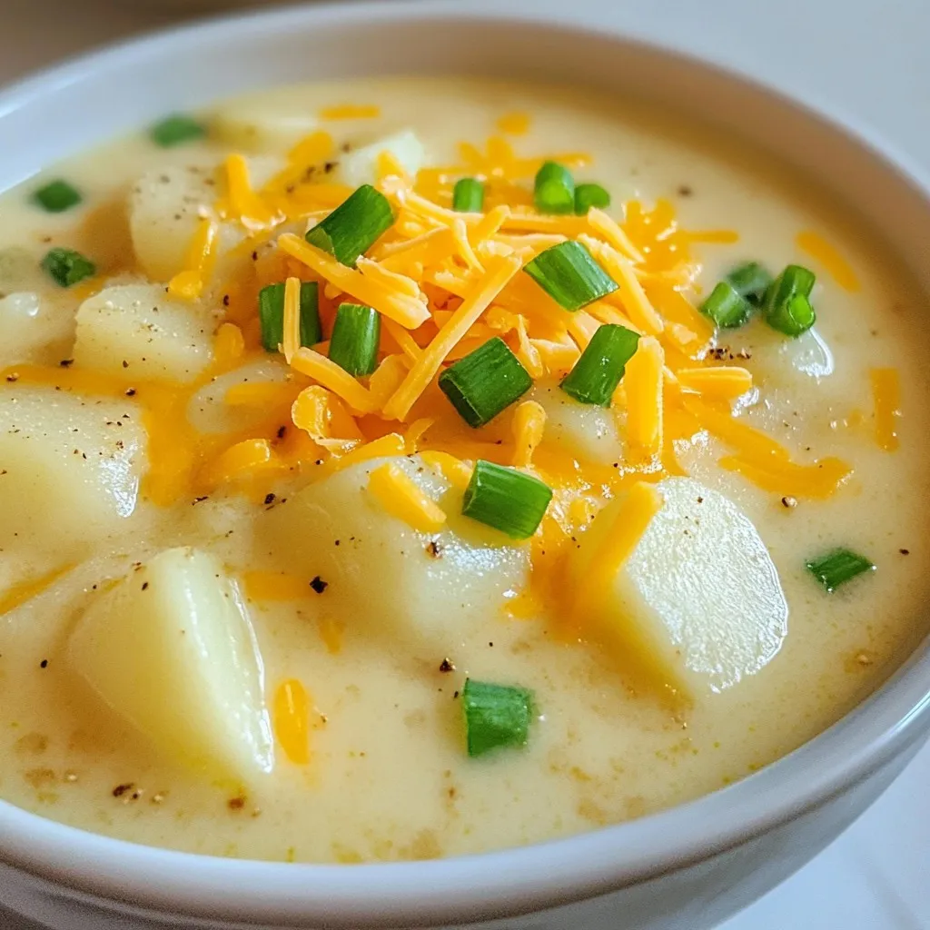 - 4 medium russet potatoes, peeled and diced - 1/2 cup chopped onion - 1/4 cup chopped celery - 1/4 cup chopped carrots - 3 cloves garlic, minced - 4 cups chicken broth (or vegetable broth for a vegetarian option) - 1 cup heavy cream - 1/2 cup sour cream - 1 teaspoon dried thyme - 1 teaspoon smoked paprika - Salt and pepper to taste - 1 cup shredded cheddar cheese (for garnish) - 1/2 cup chopped green onions (for garnish) When making this soup, measurements matter. You need four medium russet potatoes for the best taste. If you want a different flavor, try Yukon gold potatoes. For the onion, half a cup works well. You can swap it with shallots if you prefer a milder taste. Use celery and carrots in equal amounts. If you don't have fresh garlic, use garlic powder. Chicken broth gives depth, but vegetable broth can be a good alternative. For creaminess, heavy cream is best. Substitute with coconut cream for a dairy-free option. Sour cream adds tang; yogurt can work too. Use dried thyme and smoked paprika for flavor; fresh herbs can also be used. Adjust salt and pepper to your taste. Choosing the right vegetables is key for great soup. Look for firm russet potatoes without blemishes. They should feel heavy for their size. Fresh onions should be dry and papery. Avoid onions with soft spots or sprouting. For celery, pick stalks that are crisp and green. The carrots should be bright and firm, not limp. Always choose garlic that is firm and has no sprouts. When it comes to green onions, look for vibrant green tops. Fresh produce makes a big difference in flavor and texture. {{ingredient_image_1}} Start by peeling and dicing four medium russet potatoes. You want them in small cubes. Next, chop 1/2 cup of onion, 1/4 cup of celery, and 1/4 cup of carrots. Mince three cloves of garlic. These veggies add great taste to the soup. In a large pot, add the diced potatoes, onion, celery, carrots, and garlic. Pour in four cups of chicken broth. If you want a vegetarian option, use vegetable broth. Bring this mix to a boil over medium-high heat. Once it boils, reduce the heat to medium-low. Let it simmer for about 15-20 minutes. You want the potatoes to be fork-tender. After the potatoes are tender, use a potato masher. Mash some potatoes in the pot but leave some chunks for texture. Now stir in one cup of heavy cream and 1/2 cup of sour cream. Add one teaspoon of dried thyme and one teaspoon of smoked paprika. Season with salt and pepper to taste. Let the soup simmer for another five minutes. This lets the flavors mix well. Serve the soup hot, topped with shredded cheddar cheese and chopped green onions. Enjoy your creamy potato soup! To make this soup creamy, use heavy cream and sour cream. They add richness and smoothness. When cooking, mash some of the potatoes, but leave some chunks. This gives a nice texture. You can also blend part of the soup for extra creaminess. If it is too thick, add more broth or cream to thin it out. Always taste as you cook. You can add more salt and pepper if needed. Dried thyme and smoked paprika give great flavor, but feel free to adjust them. If you like it spicy, add a pinch of cayenne pepper. Fresh herbs can also brighten the soup. Green onions make a great garnish, adding both color and flavor. When you reheat the soup, do it slowly on the stove. Stir often to prevent sticking. You can add a splash of cream for smoothness when reheating. Serve the soup hot, topped with shredded cheddar cheese and green onions. It pairs well with crusty bread or a simple salad for a complete meal. Pro Tips Choose the Right Potatoes: For a creamy texture, use russet potatoes as they break down well and create a smooth soup. Enhance Flavor with Broth: Use homemade chicken or vegetable broth for a richer, more complex flavor than store-bought options. Adjust the Creaminess: If you prefer a lighter soup, reduce the amount of heavy cream and replace it with more broth. Garnish for Presentation: Don't skip the garnishes! Shredded cheese and green onions add color and an extra layer of flavor to your soup. {{image_2}} You can easily make a vegetarian version of this soup. Just swap the chicken broth for vegetable broth. This will keep the rich flavor while making it meat-free. You still get creamy goodness from the heavy cream and sour cream. Add extra veggies like spinach or kale for more color and nutrients. They blend well with the potatoes and add fun textures. If you want to add protein, bacon or chicken works great. For bacon, cook it until crispy, then crumble it on top as a garnish. This adds a nice crunch and smoky taste. You can also use cooked chicken. Just shred or dice it and stir it in after the soup simmers. Both options make your soup heartier and more filling. To change the flavor, try different spices and herbs. For a kick, add cayenne pepper or red pepper flakes. These spices bring warmth to the soup. Fresh herbs like parsley or chives can also brighten the dish. If you want a more earthy taste, consider adding rosemary or oregano. Experimenting with these flavors makes your soup unique every time! To store leftovers, let the soup cool down first. Once cool, transfer it to an airtight container. Make sure to seal it well. This helps keep the flavors fresh. Store the container in the fridge. It should stay good for about 3 to 5 days. If you want to enjoy it later, freezing is a great option. If you want to freeze the soup, use a freezer-safe container. Leave some space at the top for expansion. Label the container with the date. This way, you know when you made it. It can last up to 3 months in the freezer. When you're ready to eat it, you can thaw it overnight in the fridge. Reheating is simple. You can use the stove or microwave. If using the stove, heat it in a pot over low heat. Stir it often to avoid burning. If using the microwave, heat it in short bursts. Stir after each burst to ensure even heating. If the soup looks too thick, add a splash of broth or cream. This will bring back its creamy texture. Enjoy your tasty potato soup! Yes, you can use other potatoes. I suggest Yukon Gold for a buttery taste. Red potatoes work too, but they stay firmer. These types add nice flavors and textures. Just remember, russet potatoes give the creamiest result. To make this soup gluten-free, use gluten-free broth. Most chicken or vegetable broths are gluten-free. Check the label to be sure. Also, avoid adding any flour or bread toppings. This way, everyone can enjoy it safely. Yes, you can! For a slow cooker, add all the ingredients. Cook on low for 6-8 hours or high for 3-4 hours. For an Instant Pot, use the sauté function first. Then add ingredients and cook on high pressure for 10 minutes. Both methods yield a delicious soup! You now have a full guide to making a great potato soup. We covered the key ingredients, how to prepare them, and tips for rich flavor. I shared ways to tweak the recipe for your taste and how to store leftovers. Whether you want a creamy base or a spicy kick, the choices are yours. Keep these tips in mind for the best soup experience. Enjoy creating a delicious dish that warms your heart and belly!