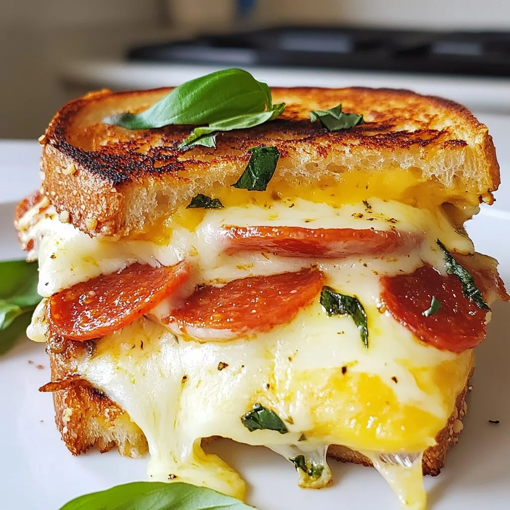 To make a tasty pizza grilled cheese, gather these key items: - 2 slices of sourdough bread - 2 tablespoons pizza sauce - 1 cup shredded mozzarella cheese - 1/4 cup chopped pepperoni or your favorite topping - 1/2 teaspoon dried oregano - 1/4 teaspoon garlic powder - 2 tablespoons unsalted butter - Fresh basil leaves for garnish (optional) These ingredients create a delicious mix of flavors and textures. The sourdough bread gives you a crispy crust. The mozzarella cheese melts beautifully and hugs your toppings. Feel free to jazz up your pizza grilled cheese with these fun add-ins: - Sliced bell peppers - Mushrooms - Olives - Spinach - Cooked sausage - Fresh tomatoes These options let you customize your sandwich. You can create new flavors each time you make it. You will need a few tools to make the pizza grilled cheese: - A non-stick skillet - A spatula - A butter knife These basic kitchen items help you cook your sandwich evenly and flip it with ease. {{ingredient_image_1}} 1. Start by gathering your ingredients. You need: - 2 slices of sourdough bread - 2 tablespoons pizza sauce - 1 cup shredded mozzarella cheese - 1/4 cup chopped pepperoni (or your favorite topping) - 1/2 teaspoon dried oregano - 1/4 teaspoon garlic powder - 2 tablespoons unsalted butter - Fresh basil leaves for garnish (optional) 2. Preheat your skillet over medium heat. This ensures your sandwich cooks evenly. 3. Spread 1 tablespoon of butter on one side of each slice of bread. This helps in crisping the bread. 1. Place one slice of bread, butter side down, on the skillet. 2. On the unbuttered side, spread 1 tablespoon of pizza sauce. This adds flavor to your sandwich. 3. Sprinkle half of the mozzarella cheese over the sauce. This will help hold the toppings. 4. Add the chopped pepperoni, oregano, and garlic powder. This enhances the taste. 5. Top with the remaining mozzarella cheese. This ensures a cheesy goodness. 6. Place the second slice of bread, unbuttered side facing the cheese. 7. Cook for about 3-4 minutes. Look for a golden brown color on the bottom. The cheese should start to melt. 8. Carefully flip the sandwich with a spatula. Cook the other side for another 3-4 minutes. Wait for it to be golden brown and the cheese fully melted. - Use a sturdy spatula for easy flipping. - Gently lift one side before flipping. This prevents a messy situation. - If you struggle, press down lightly on the sandwich. This helps it cook evenly. - Practice makes perfect! Don't worry if it takes a couple of tries. To get cheese that melts just right, use fresh mozzarella. Shredded cheese melts better than slices. Make sure your skillet is hot before you start cooking. Cook on medium heat for even melting. If you want extra gooey cheese, cover the skillet with a lid. This traps heat and helps the cheese melt faster. I love sourdough for its crunch and flavor. It holds up well with all the toppings. You could also try thick-cut white or whole grain. These choices give a nice texture and taste. Avoid soft breads like sandwich bread. They can get soggy and fall apart. Spices can take your pizza grilled cheese to the next level. Dried oregano adds a nice pizza taste. Garlic powder gives it a savory kick. You can also add crushed red pepper for heat. Fresh basil leaves make a great garnish and add freshness. Mix and match these flavors to find your favorite! Pro Tips Use Fresh Ingredients: Using fresh mozzarella and quality pizza sauce will enhance the flavors and overall taste of your grilled cheese. Butter It Right: Make sure to use softened butter for easy spreading on the bread; this ensures an even toast and golden crust. Customize Your Toppings: Feel free to add other toppings like bell peppers, olives, or mushrooms to create your perfect pizza grilled cheese. Cook Low and Slow: Keeping the heat at medium ensures that the cheese melts thoroughly without burning the bread. {{image_2}} You can make a tasty vegetarian pizza grilled cheese. Swap out pepperoni for veggies. Try bell peppers, mushrooms, or olives. You can add spinach for a fresh touch. Use the same amount of mozzarella cheese. This keeps the gooey texture we all love. Add a sprinkle of crushed red pepper for heat. If you need a gluten-free option, choose gluten-free bread. Many stores sell good gluten-free slices. Make sure to check the label for any allergens. The rest of the recipe stays the same. You will still enjoy a cheesy, melty flavor. No one will miss the gluten! Get creative with your toppings! You can use different meats like grilled chicken or bacon. Try barbecue sauce instead of pizza sauce for a twist. Add fresh herbs like basil or chives for extra flavor. Experiment with different cheeses such as cheddar or provolone. Each choice brings a new taste to your grilled cheese. To keep your leftover pizza grilled cheese fresh, wrap it tightly in plastic wrap. You can also place it in an airtight container. Make sure to store it in the fridge. It stays good for up to three days. This way, you enjoy a tasty meal later without losing flavor. When you want to eat your leftover pizza grilled cheese, heat it in a skillet. Set the skillet to medium heat. Cook for about 2-3 minutes on each side. This method helps the cheese melt again and keeps the bread crispy. You can also use a microwave, but the bread may get soft. If you prefer a crunchy texture, stick with the skillet. If you want to save your pizza grilled cheese for later, freezing works great. Wrap each sandwich in plastic wrap, then place it in a freezer bag. Squeeze out the air to prevent freezer burn. You can freeze it for up to one month. When ready to eat, thaw it in the fridge overnight before reheating. This keeps your meal delicious and easy to prepare. Yes, you can use different cheeses! Try cheddar, provolone, or gouda. Each cheese gives a unique taste. Mix and match to find your favorite. Just remember, mozzarella melts best for that gooey texture you crave. You can use olive oil instead. Just brush a little oil on the bread. You can also use cooking spray for a lighter option. This will still give you a nice crisp while keeping it healthier. Some great sides include a salad or soup. A fresh green salad adds crunch and color. Tomato soup is a classic choice too. It complements the flavors of the pizza grilled cheese well. You could also serve it with potato chips for a fun crunch. This blog post covered how to make a pizza grilled cheese. We explored essential ingredients, add-ins, and the tools you'll need. I shared simple steps for preparation, cooking, and flipping the sandwich. I offered tips for melted cheese and the best bread to use. You also learned about vegetarian options, storing leftovers, and reheating methods. In the end, you have the tools to create delicious pizza grilled cheese that suits your tastes. Enjoy experimenting with toppings and flavors!