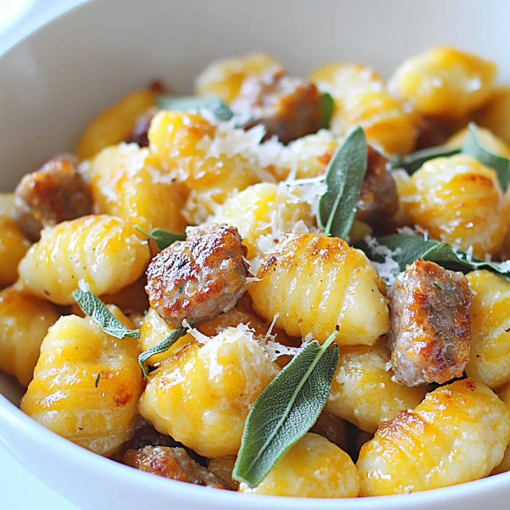 - Butternut squash: This is the star of the dish. It gives sweetness and creaminess. - Olive oil: We use this for roasting the squash. It adds flavor and helps it brown. - Ricotta cheese: This soft cheese makes the gnocchi light and fluffy. - Italian sausage: It adds a savory touch. Look for spicy or mild based on your taste. - All-purpose flour: This helps make the dough. It gives the gnocchi structure. - Nutmeg: A pinch of this spice adds warmth and depth to the dish. - Garlic: Fresh garlic gives a lovely aroma and enhances the sausage flavor. - Parmesan cheese: Grated on top, it adds a salty kick and richness. - Fresh sage leaves: These leaves add a fragrant herbal note that pairs well with the sausage. {{ingredient_image_1}} First, preheat your oven to 400°F (200°C). Take the butternut squash and peel it if you haven't yet. Cut it into small cubes. Toss these cubes with olive oil, salt, and pepper on a baking sheet. Place the sheet in the oven and roast the squash for about 25 minutes. You want it to be tender and slightly caramelized. Once done, let it cool for a bit. Next, take the cooled butternut squash and mash it until it is smooth. In a large bowl, mix in one cup of ricotta cheese, one egg, and a teaspoon of nutmeg. Stir everything well. Now, gradually add two cups of all-purpose flour. This helps form the dough. It should be soft but not sticky. For easier handling, divide the dough into four portions. On a lightly floured surface, take one portion of dough. Roll it into a long rope, about half an inch thick. Cut this rope into 1-inch pieces to create the gnocchi. If you like, you can use a fork to shape the gnocchi. This adds some texture. Repeat this process for the rest of the dough. Now, bring a large pot of salted water to a boil. Once boiling, drop in the gnocchi in small batches. Cook them until they float to the surface, which should take about 2-3 minutes. Use a slotted spoon to remove the gnocchi and place them on a plate or baking sheet. In a large skillet over medium heat, add the Italian sausage. Cook it until browned, breaking it up with a spoon as it cooks. After about 5 minutes, add two minced garlic cloves and chopped sage. Sauté for an additional two minutes until the mixture is fragrant. Finally, add the cooked gnocchi to the skillet with the sausage. Gently toss everything together. This allows the gnocchi to soak up the delicious flavors. If you want, sprinkle in half of the grated Parmesan cheese and stir to combine. For the best gnocchi, focus on dough consistency. The dough should feel soft but firm. If it's too wet, add more flour, a little at a time. This keeps the gnocchi from being too sticky. To avoid sticky dough, use plenty of flour on your work surface. Dust your hands and the rolling pin too. This simple trick makes shaping the gnocchi much easier. Spices and herbs boost the taste of your gnocchi. Consider adding more nutmeg or some fresh black pepper. A pinch of cayenne can add a little heat, too! For serving, pair your dish with a simple salad or garlic bread. The fresh flavors really complement the savory sausage. Serve your gnocchi in shallow bowls for a lovely look. Drizzle a bit of olive oil on top for shine. Finish with freshly cracked pepper for a pop of flavor. Garnish with extra sage leaves. They add color and a nice aroma. Your dish will look as great as it tastes! Pro Tips Use Fresh Ingredients: For the best flavor, opt for fresh butternut squash and high-quality Italian sausage. Don’t Overwork the Dough: Mix the gnocchi dough just until it comes together to ensure a light and fluffy texture. Test the Gnocchi: Before cooking all the gnocchi, test a few pieces to ensure they hold their shape and taste great. Perfect the Sauce: Add a splash of pasta cooking water to the sausage mixture to create a silky sauce that clings to the gnocchi. {{image_2}} To make a vegetarian version of butternut squash gnocchi, replace the sausage. Mushrooms or lentils work well. For mushrooms, use a mix of cremini and shiitake. They add a rich flavor. If you choose lentils, cook them until soft. This gives a hearty texture. You can sauté the mushrooms with garlic and sage. This enhances their flavor. For lentils, mix them into the sautéed garlic and sage. Both options make a tasty meal. If you need a gluten-free option, swap the all-purpose flour. Use gluten-free flour blends or almond flour. These work well to form the gnocchi. The texture may be slightly different, but they still taste great. When you make the dough, mix it slowly. This helps you get the right texture. Roll the dough gently to avoid breaking. You can add other seasonal vegetables for extra nutrition. Try spinach, kale, or roasted carrots. Chop them into small pieces, and sauté them with the sausage. This adds color and flavor to your dish. Feel free to get creative! Use whatever vegetables you enjoy. This keeps your meal fresh and exciting. After enjoying your butternut squash gnocchi with sausage, store any leftovers in the fridge. Place them in an airtight container. They will stay fresh for about three days. Make sure to let them cool before sealing. This keeps them from getting soggy. If you want to save uncooked gnocchi for later, freeze them. First, lay them out on a baking sheet in a single layer. This prevents them from sticking together. Freeze for about an hour, then transfer them to a freezer bag. They will keep well for up to three months. Reheating cooked gnocchi is easy. Just add them to a pot of boiling water for two minutes. You can also sauté them in a skillet with a bit of olive oil. This adds flavor and gets them crispy. Yes, you can make gnocchi ahead of time. Prepare the dough and shape it into gnocchi. Then, place them on a baking sheet lined with parchment paper. Make sure they don’t touch each other. Cover the sheet and freeze the gnocchi. Once frozen, transfer them to a bag. You can store them for up to three months. When ready to cook, drop them directly into boiling water without thawing. I recommend using Italian sausage for a great flavor. You can choose sweet or spicy, based on your taste. Sweet sausage adds a nice sweetness to the dish. Spicy sausage gives it a kick. Make sure to remove the casings before cooking. This helps the sausage mix well with the gnocchi. You can use frozen butternut squash. It saves time and is convenient. Frozen squash is already peeled and cut. However, fresh squash has better texture and flavor. If using frozen, thaw and drain excess water before mashing. This helps keep the gnocchi from being too wet. You can tell when the gnocchi is cooked by watching them closely. Once they float to the top of the boiling water, they are done. This usually takes about 2 to 3 minutes. If they sink, they need more time. Remove them carefully with a slotted spoon to avoid breaking. In this article, we explored key ingredients and steps to create delicious butternut squash gnocchi. I shared tips for forming and cooking the gnocchi, along with ideas for serving and variations like vegetarian and gluten-free options. Remember, perfecting this dish takes practice, but it's worth the effort. Enjoy experimenting and making it your own. Homemade gnocchi brings warmth and joy to any meal. Now, it's your turn to get cooking!