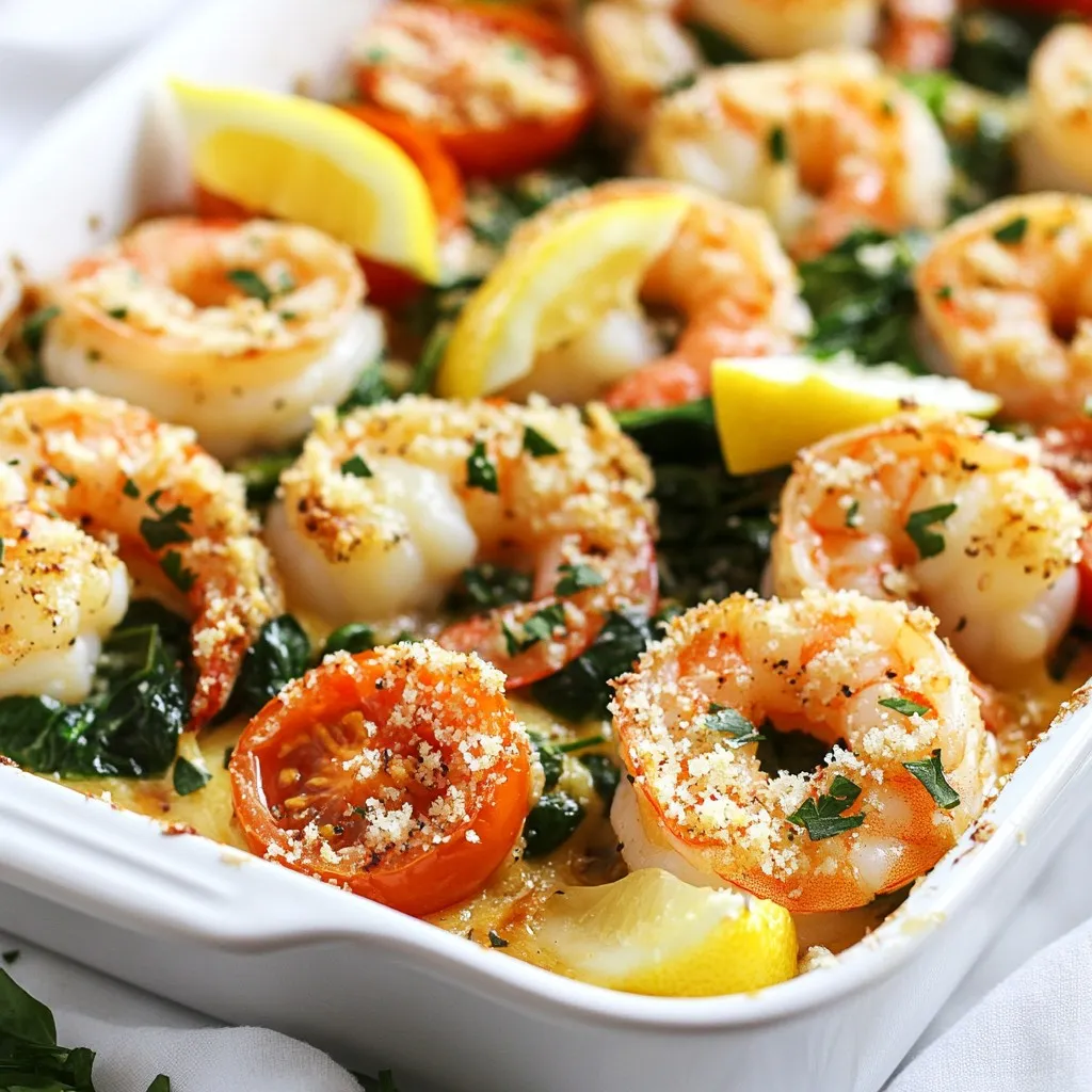 - 1 lb large shrimp, peeled and deveined - 6 tablespoons unsalted butter - 4 cloves garlic, minced - 1 lemon, zested and juiced - 1 teaspoon red pepper flakes - 1 cup spinach, chopped - 1 cup cherry tomatoes, halved - ½ cup grated Parmesan cheese - 1 cup panko breadcrumbs - 2 tablespoons fresh parsley, chopped - Salt and pepper to taste For this Garlic Butter Shrimp Scampi Bake, I love to start with fresh, large shrimp. You want them peeled and deveined for easy eating. Next, I use unsalted butter. It gives a rich flavor without being too salty. Fresh garlic is key; I always use minced garlic for that strong aroma. The lemon zest and juice add a bright, tangy flavor that balances the dish. Red pepper flakes give a nice kick, but you can adjust the amount to your taste. For some green, I chop up spinach, which adds color and nutrition. Cherry tomatoes bring sweetness and juiciness, making the meal more vibrant. I use grated Parmesan cheese for a creamy texture and a savory taste. The panko breadcrumbs add crunch on top. Fresh parsley gives a pop of color and freshness. Finally, season with salt and pepper to enhance all those wonderful flavors. Gather these ingredients, and you are ready to create a flavorful dish that’s both easy and impressive! {{ingredient_image_1}} - Preheat the oven to 375°F (190°C). - Melt 6 tablespoons of unsalted butter in a skillet over medium heat. - Sauté 4 cloves of minced garlic until it smells great. - Add 1 pound of peeled and deveined shrimp. Cook them until they turn pink, about 2-3 minutes. - Mix in the juice and zest from 1 lemon, 1 teaspoon of red pepper flakes, salt, and pepper. - Stir in 1 cup of chopped spinach and 1 cup of halved cherry tomatoes. Cook for another 2 minutes until the spinach wilts. - Transfer the shrimp and veggies to a baking dish. - In a bowl, mix 1 cup of panko breadcrumbs, ½ cup of grated Parmesan cheese, and 2 tablespoons of chopped parsley. Drizzle in the rest of the melted butter and mix well. - Spread the breadcrumb mixture evenly over the shrimp bake. - Bake for 15-20 minutes, until the top is golden brown and the shrimp are cooked through. To avoid overcooking shrimp, cook them for just 2-3 minutes. They turn pink when done. Remove them from heat as soon as they change color. This keeps them tender and juicy. For sautéing garlic, heat the butter over medium heat. Add minced garlic and stir for about one minute. Watch carefully so it doesn’t burn. Burnt garlic can ruin your dish's flavor. Serve your dish straight from the baking dish. It looks rustic and inviting. Top with fresh parsley and lemon wedges for color. The bright lemon adds a nice touch. Pair this dish with crusty bread. It’s perfect for sopping up that tasty garlic butter. A light salad also works well to balance the meal. To add extra flavor, consider fresh herbs like basil or dill. They brighten up the dish. You can also squeeze more lemon juice on top before serving. If you love spice, adjust the red pepper flakes. Start with a teaspoon and add more if you like heat. This lets you control the spice level to suit your taste. Pro Tips Fresh Shrimp: Always use the freshest shrimp you can find for the best flavor and texture; look for shrimp that are firm and have a mild sea smell. Breadcrumb Texture: For extra crunch, toast the panko breadcrumbs in a skillet with a little butter before adding them to the topping mixture. Adjusting Spice: If you prefer a milder flavor, reduce the amount of red pepper flakes or omit them altogether; alternatively, add more if you love heat. Serving Suggestions: This dish pairs beautifully with a side of garlic bread or a light salad to complement the rich flavors of the shrimp scampi. {{image_2}} You can swap shrimp for other tasty proteins. Try scallops or chicken for a change. Each option brings a unique flavor. Scallops add a sweet touch, while chicken makes it hearty. Vegetables can also switch up your dish. Bell peppers add crunch and sweetness. Zucchini brings a mild taste and a nice texture. Feel free to mix and match! If you need gluten-free options, use crushed cornflakes instead of panko breadcrumbs. They give a nice crunch without the gluten. For a dairy-free dish, you can use vegan butter and nutritional yeast. These options keep the flavor while being kinder to your diet. Herbs can elevate your dish. Try fresh basil or thyme for a fragrant boost. Even a little dill can add a nice twist! Adding a splash of white wine brightens the flavors. Pour it in after cooking the shrimp. It adds depth you will love! Don't be afraid to experiment with these ideas. They make the dish your own. To store leftovers, place them in an airtight container. This keeps the dish fresh. Let it cool down to room temperature first. You can keep it in the fridge for up to three days. When reheating, use the oven for best results. Preheat to 350°F (175°C). Place the dish in the oven for about 10-15 minutes. This helps restore the crispy top and warm the shrimp evenly. Can you freeze Garlic Butter Shrimp Scampi Bake? Yes, you can! Just make sure it cools completely before freezing. Use a freezer-safe container or wrap it tightly in plastic wrap. It lasts well for up to three months in the freezer. When you’re ready to eat, thaw it in the fridge overnight. Reheat in the oven to maintain the texture. Understanding how long the dish lasts is key to food safety. In the fridge, it stays good for about three days. If you freeze it, it can last for three months. Watch for signs of spoilage. If it looks discolored or has an off smell, it’s best to toss it out. Always trust your senses! What can I serve with Garlic Butter Shrimp Scampi Bake? You can serve this dish with crusty bread. It helps soak up the tasty garlic butter. A fresh salad pairs well too. The cool, crisp greens balance the rich flavors. Can I prepare this dish ahead of time? Yes, you can prep it ahead. Cook the shrimp and veggies, then store them. Cover and chill in the fridge. When ready, add the breadcrumb topping and bake. Is it possible to make this dish spicy? Absolutely! Adjust the red pepper flakes to your taste. Add more for heat or less for mild flavor. You can also add sliced jalapeños for an extra kick. Can I use frozen shrimp instead of fresh? Yes, frozen shrimp works fine. Just make sure to thaw them fully. Pat them dry before cooking to avoid extra water in the dish. What can I use instead of Parmesan cheese? You can use Pecorino Romano for a sharper taste. Nutritional yeast is a great dairy-free option. It adds a cheesy flavor without the dairy. Can I cook this recipe in a skillet instead of baking? Yes, you can! Cook the shrimp and veggies in a skillet. After mixing in the toppings, cover it with a lid. Cook on low heat until the topping is golden. How do I know when the shrimp are fully cooked? Shrimp are done when they turn pink and opaque. They should curl into a C shape. Overcooked shrimp become tough, so watch them closely. This blog post covered how to make a delicious Garlic Butter Shrimp Scampi Bake. You learned about key ingredients like shrimp, garlic, and lemon. I shared step-by-step instructions, cooking tips, and serving ideas. You can also explore variations for dietary needs and flavor swaps. In the end, this dish is not just tasty; it's easy to make. Enjoy it fresh, and don't hesitate to get creative with the ingredients!