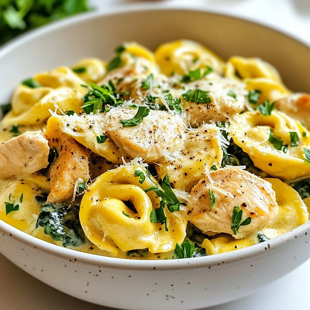 - 12 oz cheese tortellini - 1 lb boneless, skinless chicken breasts - 2 tablespoons olive oil - 3 cloves garlic, minced - 1 cup heavy cream - 1 cup grated Parmesan cheese - 1 cup fresh spinach, chopped - Fresh parsley, chopped {{ingredient_image_1}} To start, grab a large pot and fill it with water. Add a few pinches of salt to the water. Turn the heat to high and wait until it boils. Once the water bubbles, add in the cheese tortellini. Cook the tortellini for about 3-5 minutes. You want it to be al dente, which means it should still have a little bite. When done, drain the tortellini and set it aside. Next, take a large skillet and put it on medium heat. Pour in 2 tablespoons of olive oil and let it heat up. Once hot, add the diced chicken. Season it with salt, pepper, and 1 teaspoon of Italian seasoning. Cook the chicken for about 6-8 minutes. It should turn golden brown and be fully cooked. This step gives the chicken a nice flavor. Now, reduce the heat to low. Pour in 1 cup of heavy cream, stirring well to mix it with the chicken. Gradually add 1 cup of grated Parmesan cheese, stirring continuously. You want the cheese to melt fully and create a creamy sauce. Keep stirring until you reach a smooth consistency. It’s time to bring everything together! Add the cooked tortellini and 1 cup of chopped fresh spinach to the skillet. Toss everything gently so the spinach wilts and the tortellini gets coated in the creamy sauce. Make sure every piece is covered well for the best flavor. To avoid overcooking tortellini, follow these steps. First, bring a large pot of salted water to a boil. This adds flavor. Once boiling, add the cheese tortellini. Watch the time closely. Cook them for about 3-5 minutes. Check for doneness a minute early. You want them al dente, firm but not hard. Drain them right away to stop the cooking. Rinse briefly under cold water if needed. This helps them stay perfect for your creamy dish. To boost the flavor of your dish, consider adding some spices. A pinch of red pepper flakes can add some heat. Try fresh basil or oregano for a garden taste. You can also mix in some lemon zest for brightness. These flavors pair well with the creamy sauce. Feel free to experiment. Each spice can change the dish in fun ways! When serving Creamy Parmesan Chicken Tortellini, think about the best sides. A fresh green salad works well. Use a light vinaigrette to balance the creaminess. You might also serve it with garlic bread. The crunchy bread complements the soft tortellini. For a heartier meal, add steamed vegetables. Broccoli or green beans are great choices. They add color and nutrients. Enjoy your meal with family and friends! Pro Tips Cook Tortellini Al Dente: Ensure you cook the tortellini just until al dente for the best texture, as it will continue to cook slightly when added to the sauce. Use Fresh Garlic: Freshly minced garlic will provide a more aromatic flavor than pre-minced garlic, enhancing the overall taste of the dish. Adjust Creaminess: If you prefer a lighter sauce, you can substitute half of the heavy cream with chicken broth, which will still keep the dish flavorful. Season Gradually: Taste the dish as you go and adjust the seasoning gradually. This ensures you achieve the perfect balance of flavors without over-seasoning. {{image_2}} You can change up the recipe with different pasta types. If you can’t find cheese tortellini, try using ravioli or fettuccine. These options still hold the creamy sauce well. Just adjust the cooking time based on the pasta you choose. You might also want to swap proteins. Instead of chicken, use diced turkey or shrimp. Both options cook quickly and soak up the sauce nicely. For a vegetarian twist, use mushrooms or tofu. They add great texture and flavor to the dish. To make this dish lighter, use half-and-half instead of heavy cream. This change cuts down on calories but keeps a creamy texture. You can also use reduced-fat Parmesan cheese for less fat. If you need a dairy-free version, try coconut cream instead of heavy cream. It adds a unique flavor and creamy feel. Use nutritional yeast for a cheesy taste without dairy. Adding seasonal vegetables can enhance the recipe. In spring, toss in fresh asparagus or peas. Both add color and crunch. In summer, consider cherry tomatoes or zucchini. They bring a burst of freshness. In fall, you might add roasted butternut squash for a sweet touch. In winter, kale or Brussels sprouts can provide heartiness. These changes keep your dish exciting and vibrant all year round. To keep your Creamy Parmesan Chicken Tortellini fresh, store leftovers in an airtight container. Let the dish cool down to room temperature first. Refrigerate it within two hours after cooking. Properly stored, it will last for up to three days. Make sure to label containers with the date for easy tracking. To reheat the tortellini without losing its creaminess, use a skillet over low heat. Add a splash of milk or cream while warming. This keeps the sauce smooth and creamy. Stir gently to combine everything well. You can also use the microwave, but cover the bowl to prevent drying out. Heat in short intervals, stirring often. If you want to freeze this dish, first cool it completely. Use a freezer-safe container for storage. It’s best to freeze in individual portions for easy meals later. This dish can be frozen for up to three months. To thaw, place it in the fridge overnight before reheating. Avoid refreezing after thawing to maintain quality. To make this dish gluten-free, swap the cheese tortellini for gluten-free tortellini. You can find this option at most grocery stores. Check the label to ensure it fits your needs. If you cannot find gluten-free tortellini, you can use gluten-free pasta, like penne or fusilli. Cook it according to the package instructions. The rest of the recipe remains the same. Yes, you can prepare this dish in advance. Cook the tortellini and chicken as directed. Once you make the creamy sauce, allow it to cool. Store the chicken, tortellini, and sauce separately in the fridge. When ready to eat, reheat everything together in a skillet. Add a splash of cream if it seems thick. I recommend serving this dish with a simple green salad. A fresh Caesar salad pairs nicely, too. Garlic bread makes a tasty side that everyone loves. You can also add sautéed vegetables for extra nutrition. Consider steamed broccoli or roasted asparagus. These sides complement the creamy flavors well. This recipe covers all you need for Creamy Parmesan Chicken Tortellini. We explored key ingredients like cheese tortellini, chicken, and a rich cream sauce. I shared step-by-step instructions to make cooking easy and fun. You learned tips to enhance flavors and ways to adjust the dish for your diet. Storing and reheating leftovers was also explained for your convenience. Now, you're ready to impress at your next meal with this creamy delight. Enjoy the flavors and make it your own!