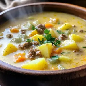 - 1 lb ground beef - 1 medium onion, diced - 3 cloves garlic, minced - 4 medium potatoes, peeled and diced - 3 cups beef broth - 1 cup milk - 1 cup heavy cream - 2 cups frozen mixed vegetables (carrots, peas, corn) - 2 tablespoons olive oil - 1 teaspoon dried thyme - 1 teaspoon paprika - Salt and pepper to taste - Fresh parsley, chopped (for garnish) Gathering the right ingredients is key. The ground beef gives the soup its heartiness. The onion and garlic add flavor. Potatoes make it filling. The broth provides a savory base. Heavy cream and milk create creaminess. Mixed vegetables add color and nutrition. - Large pot - Cutting board - Chef's knife - Spatula - Measuring cups - Measuring spoons - Ladle Using good tools makes cooking easier. A large pot lets you cook all the ingredients together. A sharp knife helps you chop quickly and safely. Measuring cups and spoons ensure you use the right amounts. - Ground beef: Use ground turkey or chicken for a leaner option. - Beef broth: Swap with vegetable broth for a lighter taste. - Heavy cream: Use half-and-half for less fat. - Frozen mixed vegetables: Use fresh veggies if you prefer. Substituting ingredients can still yield a great soup. Ground turkey keeps it lean but still tasty. Vegetable broth gives a milder flavor. Half-and-half keeps it creamy without the full fat. Fresh veggies can add crunch and brightness. To start, gather all your ingredients. You'll need: - 1 lb ground beef - 1 medium onion, diced - 3 cloves garlic, minced - 4 medium potatoes, peeled and diced - 3 cups beef broth - 1 cup milk - 1 cup heavy cream - 2 cups frozen mixed vegetables (carrots, peas, corn) - 2 tablespoons olive oil - 1 teaspoon dried thyme - 1 teaspoon paprika - Salt and pepper to taste - Fresh parsley, chopped (for garnish) Next, peel and dice the potatoes. Dice the onion and mince the garlic. This helps your soup cook evenly and taste great. In a large pot, heat the olive oil over medium heat. Add the diced onion and minced garlic. Sauté them for about 3-4 minutes. You want the onion to become soft and clear. Now, add the ground beef. Break it apart with a spatula. Cook it for about 5-7 minutes until it turns brown. If there’s excess fat, drain it off. After that, stir in the diced potatoes, beef broth, dried thyme, paprika, salt, and pepper. Bring this mix to a boil. Then, reduce the heat and let it simmer. Cook until the potatoes are tender, which takes about 15-20 minutes. Once the potatoes are nice and soft, add the frozen mixed vegetables, milk, and heavy cream. Let the soup simmer for another 5 minutes. This warms everything through and makes it creamy. Finally, taste your soup. Adjust the seasoning if needed. Remove it from heat and serve hot. Don’t forget to garnish with fresh parsley for a pop of color! To get the best texture in your soup, you can follow these tips: - Cut the potatoes into uniform pieces. This ensures they cook evenly. - Simmer the soup long enough. This helps the flavors blend well. - Stir gently when adding the cream. This keeps the soup smooth. - For a thicker soup, mash some potatoes in the pot. This adds creaminess without extra ingredients. These steps help you create a rich and satisfying creamy hamburger potato soup that everyone will love! To make your soup extra creamy, follow these steps. Use whole milk and heavy cream. This combo adds richness. You can also mash some potatoes in the pot after they cook. This thickens the soup and keeps it smooth. Another tip? Add a little cream cheese or sour cream. Both add a lovely texture and flavor. Garnishes make your soup look and taste better. Fresh parsley adds color and a nice touch. You can also sprinkle some grated cheese on top. Cheddar or mozzarella works best. For a little heat, add crushed red pepper flakes. A dollop of sour cream can also give it a nice finish. Avoid overcooking your potatoes. They should be tender but not mushy. If you add too much broth, the soup will be thin. Use the right amount and adjust later. Another mistake is not seasoning enough. Taste your soup and add salt and pepper as needed. Lastly, don’t skip the garnishes. They make a big difference! {{image_2}} You can make a tasty vegetarian version of this soup. Simply swap the ground beef for plant-based meat or lentils. Both options give you great texture. Use vegetable broth instead of beef broth for a rich flavor. You can add extra veggies like zucchini, bell peppers, or spinach for more nutrients. If you want to change up the meat, there are many options. Ground turkey or chicken gives a lighter taste. You can also use diced ham or sausage for a different flavor. Each choice adds a unique twist, so feel free to experiment. Just make sure to adjust cooking times based on the protein you use. To boost the flavor, consider adding a few more herbs and spices. Fresh herbs like basil or oregano can brighten the soup. A splash of Worcestershire sauce adds depth. For a kick, try adding a bit of cayenne pepper or red pepper flakes. These simple changes can elevate your creamy hamburger potato soup to new heights! I love making Creamy Hamburger Potato Soup, but leftovers are a treat too! To keep your soup fresh, let it cool first. Once it’s cool, pour it into an airtight container. Make sure to seal it tightly to keep out air. Label your container with the date. This way, you’ll know how long it has been stored. It’s best to eat leftovers within three days. Freezing this soup is super easy. After cooling, transfer the soup to freezer-safe containers or bags. Leave some space at the top for the soup to expand when it freezes. This helps prevent spills. You can freeze it for up to three months. When you’re ready to enjoy it, just thaw it in the fridge overnight. Reheating Creamy Hamburger Potato Soup is simple. You can use the stove or microwave. If using the stove, pour the soup into a pot. Heat it over medium heat, stirring often, until it’s hot. If using the microwave, place your soup in a microwave-safe bowl. Cover it loosely and heat it in short bursts, stirring in between. This way, it heats evenly. Be sure to check the temperature before serving! Creamy Hamburger Potato Soup lasts about 3 to 4 days in the fridge. Store it in an airtight container. Make sure it cools down before you put it away. This way, it stays fresh and safe to eat. Yes, you can make this soup in a slow cooker. Start by browning the beef, onions, and garlic in a pan. Then, add them to the slow cooker with the other ingredients. Cook on low for 6 to 8 hours. This method makes the flavors blend nicely. You can serve this soup with crusty bread or a fresh salad. Grilled cheese sandwiches pair well too! If you want something lighter, try a side of steamed vegetables. Each option adds a nice touch to your meal. We covered the key ingredients and tools for making delicious Creamy Hamburger Potato Soup. I provided step-by-step instructions and tips for perfecting the dish. You learned ways to adjust the recipe for dietary needs and how to store any leftovers. Remember, the right garnishes and avoiding common mistakes can enhance your soup. With these insights, you can confidently create a warm, comforting dish that everyone will love. Enjoy cooking and share this tasty recipe with friends and family!