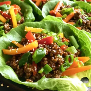 - 1 lb ground beef - 2 tablespoons chili garlic sauce - 1 tablespoon soy sauce - 1 tablespoon sesame oil - 1 tablespoon fresh ginger, grated - 3 cloves garlic, minced - 1 carrot, julienned - 1 bell pepper, thinly sliced - 4 green onions, chopped - 1 head of butter lettuce, leaves separated - Sesame seeds for garnish - Salt and pepper to taste When I create Minute Chili Garlic Beef Lettuce Wraps, I focus on using fresh and vibrant ingredients. Ground beef serves as the base, offering rich flavor and protein. The chili garlic sauce adds a spicy kick, while soy sauce deepens the overall taste. Sesame oil brings a nutty aroma that ties the dish together nicely. Next, I love to add fresh ginger and garlic. These two ingredients not only enhance the flavor but also add a wonderful fragrance. They create a warm base that makes the beef even more appealing. For the veggies, I use a mix of carrot and bell pepper. The carrot adds sweetness and crunch, while the bell pepper brings color and freshness. Green onions add a sharp bite that complements the beef perfectly. For the wraps, I prefer butter lettuce. Its soft, sturdy leaves cradle the filling just right. Finally, sesame seeds provide a finishing touch, giving a nice crunch and a hint of nuttiness. All these ingredients come together to make a quick, tasty meal that’s perfect for any night. - Grating ginger and garlic: Start by peeling fresh ginger. Use a grater to make fine ginger pieces. Next, take garlic cloves and mince them well. This will add strong flavor to your dish. - Julienning carrot and slicing bell pepper: Grab a carrot and slice it into thin strips. This is called julienning. Then, take a bell pepper and cut it into thin slices. This adds color and crunch. - Separating lettuce leaves: Take a head of butter lettuce and gently separate the leaves. Rinse them well and pat dry. These leaves will serve as your wraps. - Heating sesame oil: In a large skillet, pour in sesame oil. Turn the heat to medium-high. Let the oil heat up until it shimmers. - Sautéing garlic and ginger: Add the minced garlic and grated ginger to the hot oil. Stir them for about 30 seconds. You want to smell their strong aroma. - Browning ground beef: Now, add 1 pound of ground beef to the skillet. Break it apart with a spatula as it cooks. Cook until it turns brown and is fully cooked. - Stirring in sauces: Once the beef is cooked, add 2 tablespoons of chili garlic sauce and 1 tablespoon of soy sauce. Mix everything well. Let it cook together for 2-3 minutes. - Adding vegetables: Toss in the julienned carrot and sliced bell pepper. Stir these into the beef mixture. Cook for 2 more minutes. The veggies should be tender but still crisp. - Seasoning the mixture: Season your mix with salt and pepper to taste. Finally, stir in chopped green onions for fresh flavor. Now, you are ready to serve! Browning the beef is key for great flavor. It adds depth and richness. Cook the beef until it turns a nice brown color. Stir it often to break it apart. This way, every piece cooks evenly. After browning, taste the sauce. You may want to add more chili garlic sauce or soy sauce. Adjust it to your liking. To keep your vegetables crunchy, pay attention to cooking times. Cook the bell peppers and carrots for just a few minutes. You want them tender but still crisp. For the best crunch, use fresh veggies. Try carrots, bell peppers, and green onions. Each adds texture and color to your wraps. Assembling the wraps is simple and fun. Take a lettuce leaf and place some beef mixture in the center. Make sure to fill it just right! Top with sesame seeds for extra crunch. You can also serve these wraps with rice or a side salad. This adds more flavor and makes a complete meal. {{image_2}} You can switch up the protein in your wraps. Ground turkey is a great choice. It is leaner and still tasty. For a meat-free option, try tofu. Press it to remove water, then cube it. Sauté the tofu until golden brown for added flavor. Get creative with spices and sauces. Try adding sriracha for extra heat. You can also use hoisin sauce for a sweet twist. Fresh herbs like cilantro give a nice touch. Chop up some cilantro and mix it in right before serving. Feel free to change the veggies you use. You can add mushrooms, zucchini, or snap peas. Seasonal vegetables work well too. In summer, use fresh corn or bell peppers. In fall, try adding roasted butternut squash for sweetness. To keep your Minute Chili Garlic Beef Lettuce Wraps fresh, store them right. Place the beef mixture in an airtight container. You can keep it in the fridge for up to three days. Make sure to separate the lettuce leaves. This keeps them crisp. Use a clean, dry container for greens. Avoid stacking the leaves to prevent bruising. Reheat the beef mixture on the stove for the best taste. Use low heat and stir often. This method helps keep the beef juicy and tasty. You can also microwave it, but cover it to keep moisture in. Avoid reheating the lettuce; it is best fresh. Don’t overcook the beef again, or it may dry out. Yes, you can freeze the beef mixture! Use a freezer-safe container. It can stay fresh for up to three months. To thaw, place the container in the fridge overnight. If you need it faster, use the microwave on defrost. Avoid refreezing once it has thawed. Always serve the beef warm with fresh lettuce for the best flavor and texture. Yes, you can prepare this dish in advance. Cook the beef mixture and let it cool. Place it in a container and store it in the fridge for up to three days. When you are ready to eat, just reheat the beef in a skillet. Serve it in the lettuce wraps with fresh veggies. Butter lettuce is the star for this dish. Its soft leaves are easy to fold. Romaine is another option. It is crisp and sturdy, holding the filling well. You can also use iceberg lettuce for a crunchy bite. Each type adds its unique texture to your wrap. Yes, you can easily make this dish gluten-free. Just use gluten-free soy sauce instead of regular. Many brands offer gluten-free alternatives that taste great. This way, you can enjoy all the flavors without the gluten. This recipe covers all the important steps to create tasty beef lettuce wraps. We talked about the main ingredients, how to prepare them, and tips to enhance flavor. You can even switch proteins or customize vegetables to your liking. Remember, storing leftovers and reheating them properly keeps your dish enjoyable. Finally, feel free to explore variations for a new twist on this classic dish. Enjoy your cooking and the great meal that follows!