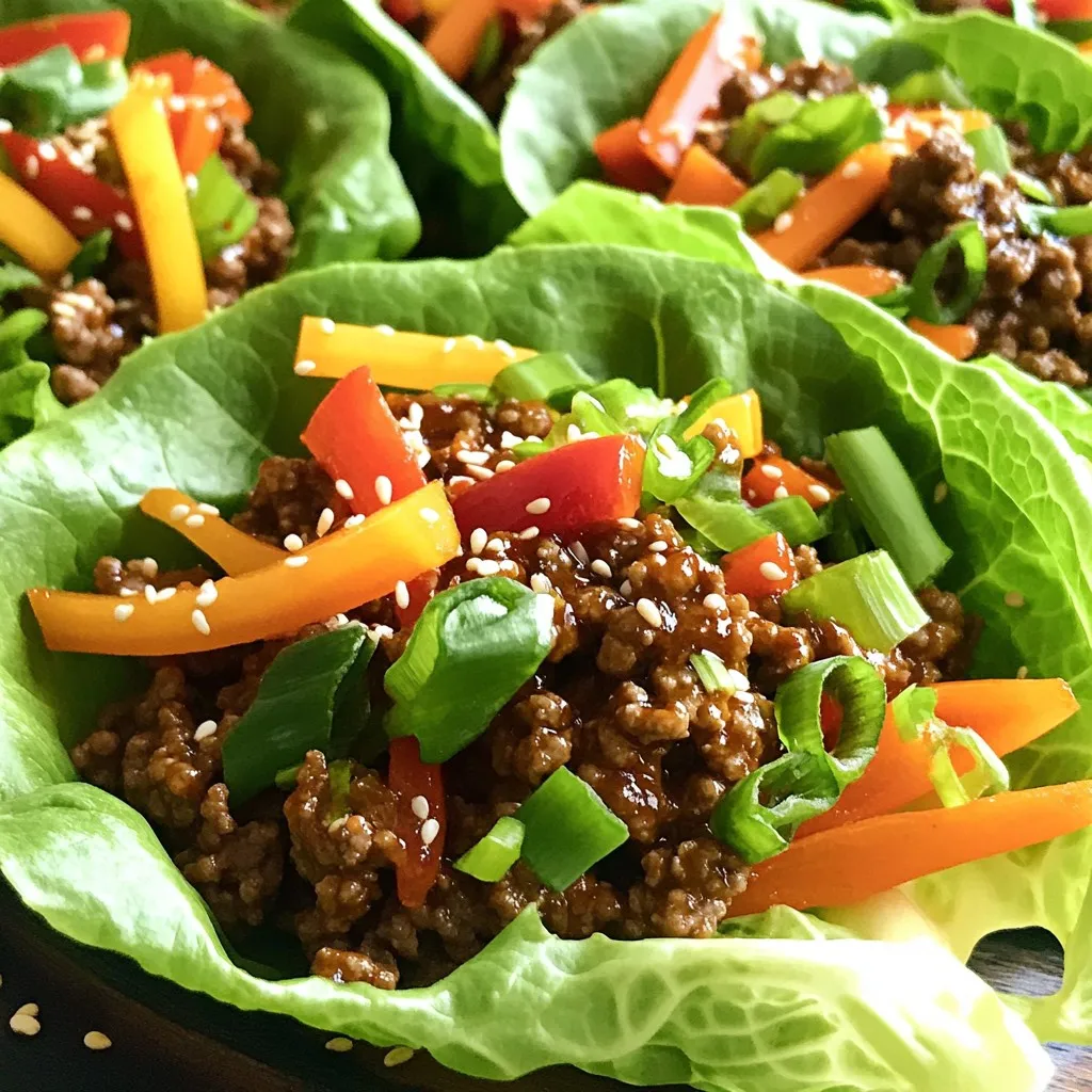 - 1 lb ground beef - 2 tablespoons chili garlic sauce - 1 tablespoon soy sauce - 1 tablespoon sesame oil - 1 tablespoon fresh ginger, grated - 3 cloves garlic, minced - 1 carrot, julienned - 1 bell pepper, thinly sliced - 4 green onions, chopped - 1 head of butter lettuce, leaves separated - Sesame seeds for garnish - Salt and pepper to taste When I create Minute Chili Garlic Beef Lettuce Wraps, I focus on using fresh and vibrant ingredients. Ground beef serves as the base, offering rich flavor and protein. The chili garlic sauce adds a spicy kick, while soy sauce deepens the overall taste. Sesame oil brings a nutty aroma that ties the dish together nicely. Next, I love to add fresh ginger and garlic. These two ingredients not only enhance the flavor but also add a wonderful fragrance. They create a warm base that makes the beef even more appealing. For the veggies, I use a mix of carrot and bell pepper. The carrot adds sweetness and crunch, while the bell pepper brings color and freshness. Green onions add a sharp bite that complements the beef perfectly. For the wraps, I prefer butter lettuce. Its soft, sturdy leaves cradle the filling just right. Finally, sesame seeds provide a finishing touch, giving a nice crunch and a hint of nuttiness. All these ingredients come together to make a quick, tasty meal that’s perfect for any night. - Grating ginger and garlic: Start by peeling fresh ginger. Use a grater to make fine ginger pieces. Next, take garlic cloves and mince them well. This will add strong flavor to your dish. - Julienning carrot and slicing bell pepper: Grab a carrot and slice it into thin strips. This is called julienning. Then, take a bell pepper and cut it into thin slices. This adds color and crunch. - Separating lettuce leaves: Take a head of butter lettuce and gently separate the leaves. Rinse them well and pat dry. These leaves will serve as your wraps. - Heating sesame oil: In a large skillet, pour in sesame oil. Turn the heat to medium-high. Let the oil heat up until it shimmers. - Sautéing garlic and ginger: Add the minced garlic and grated ginger to the hot oil. Stir them for about 30 seconds. You want to smell their strong aroma. - Browning ground beef: Now, add 1 pound of ground beef to the skillet. Break it apart with a spatula as it cooks. Cook until it turns brown and is fully cooked. - Stirring in sauces: Once the beef is cooked, add 2 tablespoons of chili garlic sauce and 1 tablespoon of soy sauce. Mix everything well. Let it cook together for 2-3 minutes. - Adding vegetables: Toss in the julienned carrot and sliced bell pepper. Stir these into the beef mixture. Cook for 2 more minutes. The veggies should be tender but still crisp. - Seasoning the mixture: Season your mix with salt and pepper to taste. Finally, stir in chopped green onions for fresh flavor. Now, you are ready to serve! Browning the beef is key for great flavor. It adds depth and richness. Cook the beef until it turns a nice brown color. Stir it often to break it apart. This way, every piece cooks evenly. After browning, taste the sauce. You may want to add more chili garlic sauce or soy sauce. Adjust it to your liking. To keep your vegetables crunchy, pay attention to cooking times. Cook the bell peppers and carrots for just a few minutes. You want them tender but still crisp. For the best crunch, use fresh veggies. Try carrots, bell peppers, and green onions. Each adds texture and color to your wraps. Assembling the wraps is simple and fun. Take a lettuce leaf and place some beef mixture in the center. Make sure to fill it just right! Top with sesame seeds for extra crunch. You can also serve these wraps with rice or a side salad. This adds more flavor and makes a complete meal. {{image_2}} You can switch up the protein in your wraps. Ground turkey is a great choice. It is leaner and still tasty. For a meat-free option, try tofu. Press it to remove water, then cube it. Sauté the tofu until golden brown for added flavor. Get creative with spices and sauces. Try adding sriracha for extra heat. You can also use hoisin sauce for a sweet twist. Fresh herbs like cilantro give a nice touch. Chop up some cilantro and mix it in right before serving. Feel free to change the veggies you use. You can add mushrooms, zucchini, or snap peas. Seasonal vegetables work well too. In summer, use fresh corn or bell peppers. In fall, try adding roasted butternut squash for sweetness. To keep your Minute Chili Garlic Beef Lettuce Wraps fresh, store them right. Place the beef mixture in an airtight container. You can keep it in the fridge for up to three days. Make sure to separate the lettuce leaves. This keeps them crisp. Use a clean, dry container for greens. Avoid stacking the leaves to prevent bruising. Reheat the beef mixture on the stove for the best taste. Use low heat and stir often. This method helps keep the beef juicy and tasty. You can also microwave it, but cover it to keep moisture in. Avoid reheating the lettuce; it is best fresh. Don’t overcook the beef again, or it may dry out. Yes, you can freeze the beef mixture! Use a freezer-safe container. It can stay fresh for up to three months. To thaw, place the container in the fridge overnight. If you need it faster, use the microwave on defrost. Avoid refreezing once it has thawed. Always serve the beef warm with fresh lettuce for the best flavor and texture. Yes, you can prepare this dish in advance. Cook the beef mixture and let it cool. Place it in a container and store it in the fridge for up to three days. When you are ready to eat, just reheat the beef in a skillet. Serve it in the lettuce wraps with fresh veggies. Butter lettuce is the star for this dish. Its soft leaves are easy to fold. Romaine is another option. It is crisp and sturdy, holding the filling well. You can also use iceberg lettuce for a crunchy bite. Each type adds its unique texture to your wrap. Yes, you can easily make this dish gluten-free. Just use gluten-free soy sauce instead of regular. Many brands offer gluten-free alternatives that taste great. This way, you can enjoy all the flavors without the gluten. This recipe covers all the important steps to create tasty beef lettuce wraps. We talked about the main ingredients, how to prepare them, and tips to enhance flavor. You can even switch proteins or customize vegetables to your liking. Remember, storing leftovers and reheating them properly keeps your dish enjoyable. Finally, feel free to explore variations for a new twist on this classic dish. Enjoy your cooking and the great meal that follows!