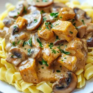 - 1 cup seitan, sliced - 2 cups mushrooms, sliced (cremini or button) - 1 medium onion, diced - 2 cloves garlic, minced Seitan gives this dish a hearty texture. I love using it for a meat-like feel. Mushrooms add a rich, earthy flavor. They soak up all the tasty bits. Onions bring sweetness when sautéed. Garlic adds a nice kick to the mix. - 1 tablespoon olive oil - 2 tablespoons soy sauce - 1 teaspoon paprika - 1 teaspoon dried thyme - 1 cup vegetable broth Olive oil helps to sauté the onions and garlic. Soy sauce adds depth and saltiness. Paprika gives a warm, smoky note. Thyme adds a hint of earthiness. Vegetable broth ties everything together. - 1 cup coconut milk - 2 tablespoons nutritional yeast - 2 tablespoons cornstarch mixed with 2 tablespoons water - Fresh parsley, chopped Coconut milk brings creaminess that many love. Nutritional yeast adds a cheesy flavor, perfect for plant-based dishes. Cornstarch helps thicken the sauce, giving it a nice body. Fresh parsley is great for a pop of color and freshness on top. With these ingredients, you can create a delicious and filling Vegan Mushroom Seitan Stroganoff. {{ingredient_image_1}} - Sauté onion and garlic First, heat one tablespoon of olive oil in a large skillet over medium heat. Add one medium diced onion. Cook it for about 3-4 minutes until it turns soft and clear. Next, add two cloves of minced garlic. Cook for one more minute until it smells great. - Cook mushrooms Now, add two cups of sliced mushrooms to the skillet. I like using cremini or button mushrooms. Cook them for 5-7 minutes. Let them release their juices and get tender. This step adds a nice flavor. - Add seitan and combine It’s time to add one cup of sliced seitan to the pan. Stir everything together well. Cook for another 3-4 minutes. You want the seitan to warm up and mix with the other flavors. - Pour in liquids and seasonings Next, pour in one cup of vegetable broth, two tablespoons of soy sauce, one teaspoon of paprika, one teaspoon of dried thyme, and one cup of coconut milk. Stir it all together until the mixture is combined. This is where the magic happens! - Thicken sauce Let the mixture simmer for about 8-10 minutes. This helps the flavors mix and the sauce to reduce slightly. After that, add two tablespoons of cornstarch mixed with two tablespoons of water. This will thicken the sauce. Cook for another 2-3 minutes until it’s just right. - Serve with pasta or rice Serve your stroganoff right away over cooked pasta or rice. I like to garnish it with fresh chopped parsley for a pop of color and flavor. Enjoy your delicious vegan mushroom seitan stroganoff! To make your Vegan Mushroom Seitan Stroganoff really shine, adjust the seasoning to your taste. This dish loves salt and pepper. A little extra soy sauce can add depth. For mushrooms, I recommend using cremini or button varieties. They both have great flavor and hold up well in cooking. You can also mix in shiitake for a richer taste. Getting the right texture with seitan is key. You want it to be firm yet tender. Sauté it with your onions and mushrooms until it's heated through and a bit golden. Sautéing gives you a wonderful caramelization, while simmering in broth makes it tender. I like to sauté first, then let it simmer in the sauce. This way, you get the best of both worlds. For this recipe, you need a large skillet. A sturdy one ensures even cooking. A wooden spoon works well for stirring the ingredients. When serving, a shallow bowl or plate is best. It shows off the dish and makes it easy to eat. Don’t forget to have a sharp knife for cutting the seitan! Pro Tips Use Fresh Ingredients: Always opt for fresh mushrooms and vegetables to enhance the flavor and nutritional value of your dish. Customize the Creaminess: Adjust the amount of coconut milk to achieve your desired creaminess; you can add more for a richer sauce or less for a lighter option. Thicken with Care: When using the cornstarch mixture, ensure to stir continuously to prevent lumps from forming in your stroganoff. Garnish for Flavor: Don’t skip the fresh parsley; it adds a burst of freshness and color that elevates the dish's presentation and taste. {{image_2}} Seitan alternatives If you want a different texture, try using tempeh or chickpeas. Both options offer great protein and flavor. You can also use tofu for a softer bite. Just make sure to press it well before cooking. Dairy-free cream options Coconut milk gives a nice creamy texture. If you want a lighter option, use cashew cream or almond milk. Both can add creaminess without dairy. For a tangy flavor, try adding a splash of lemon juice. Pairing with different grains This stroganoff tastes great over pasta or rice. Try serving it with quinoa for a nutty twist. You can also use farro for an earthy flavor. Each grain adds a unique texture and taste. Creative garnishing ideas Fresh parsley adds color and freshness. You can also use chives for a mild onion flavor. For a pop of color, sprinkle some paprika on top. Consider adding a dollop of dairy-free yogurt for extra creaminess. Traditional versus vegan adaptations Traditional stroganoff uses beef and sour cream. This vegan version swaps seitan for meat and coconut milk for cream. It keeps the rich flavor while being plant-based. You still get that hearty feel. Other mushroom-based variations Mushrooms are the star here, but you can mix it up. Try adding different mushrooms like shiitake or oyster. Each type brings a new layer of flavor. You can even throw in some spinach for added nutrition. To keep your Vegan Mushroom Seitan Stroganoff fresh, store it in an airtight container. Make sure it cools down before sealing. This dish lasts about 3 to 5 days in the fridge. Always check for any signs of spoilage before eating. If you want to save some for later, freezing works well. Place the stroganoff in a freezer-safe container. Leave some space at the top for expansion. It can stay frozen for up to 3 months. When ready to eat, thaw it in the fridge overnight. To reheat, warm it on the stove over low heat. You may need to add a splash of broth or water for moisture. Preparing this dish ahead of time makes for easy meals. You can cook a big batch and portion it into containers. Store them in the fridge or freezer. For quick meals, just grab a portion and reheat. If you freeze it, let it thaw overnight before reheating. Enjoy your delicious stroganoff without the fuss! Yes, you can make this recipe gluten-free. Instead of seitan, use jackfruit or tofu. You can also find gluten-free seitan made from pea protein or other grains. Just check the label to ensure it fits your needs. To reheat leftover stroganoff, use the stovetop for best results. Place it in a skillet over low heat. Stir often until warmed. If using the microwave, heat in short bursts, stirring in between. This helps keep the sauce from getting too thick. Absolutely! You can add other vegetables for more nutrition. Try spinach, bell peppers, or zucchini. These will add color and flavor to your dish. Just chop them small and toss them in with the mushrooms. This blog post outlined a tasty stroganoff recipe with main ingredients like seitan, mushrooms, and garlic. I shared easy steps to prepare, cook, and enhance the dish. You learned tips to perfect flavors and suggested variations for creativity. Storage tips help you keep leftovers fresh. In closing, cooking stroganoff is fun and rewarding. Try different ingredients and methods to find your favorite taste. With practice, you'll impress everyone with your delicious meals. Enjoy the cooking journey!