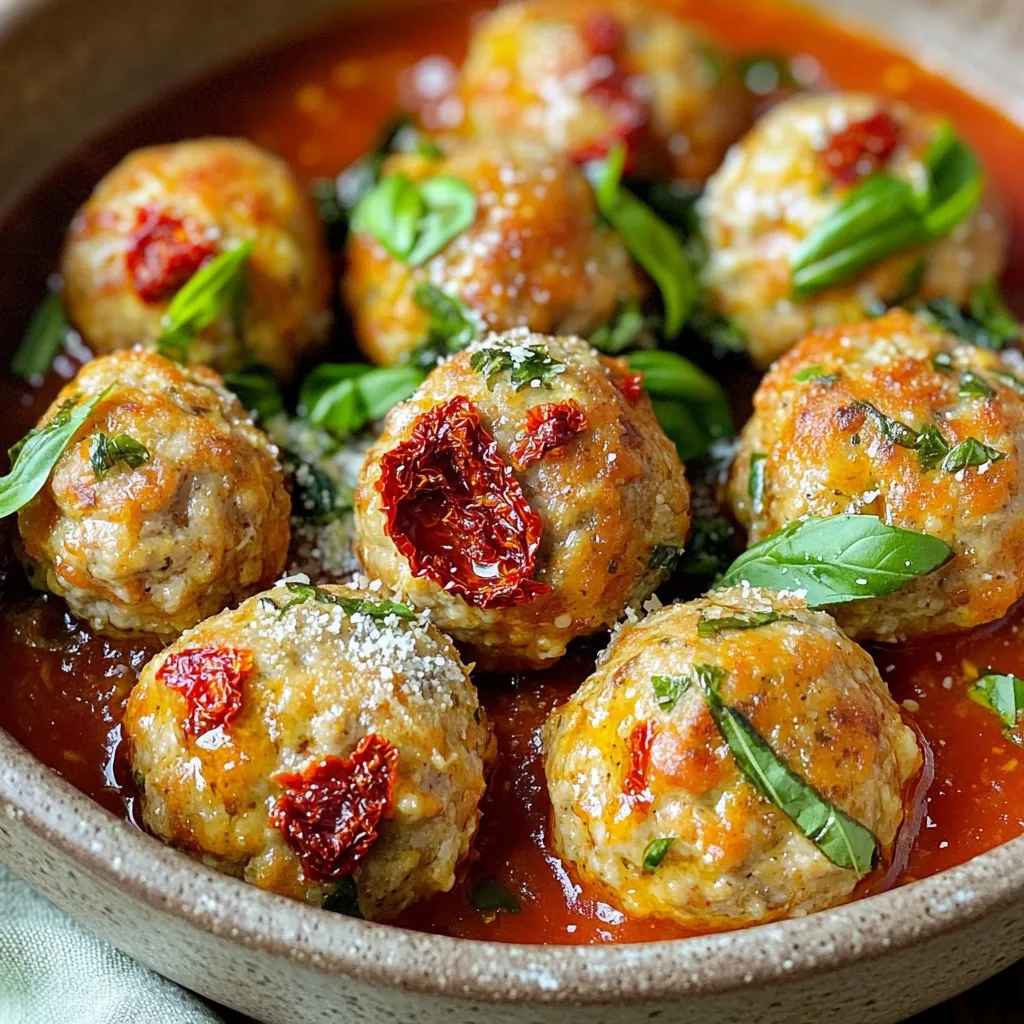 Ground turkey is the main ingredient in these meatballs. You need one pound. It is lean and healthy. This meat gives a nice texture and absorbs flavors well. Choose ground turkey with some fat for moist meatballs. You will need half a cup of sun-dried tomatoes. Chop them finely. These tomatoes add a rich, tangy flavor. They bring a sweet and savory taste to the meatballs. Look for sun-dried tomatoes packed in oil for extra flavor. Use a quarter cup of breadcrumbs. Whole wheat breadcrumbs work best. They help bind the meatballs. Also, add a quarter cup of grated Parmesan cheese. The cheese gives a salty taste and adds creaminess. For flavor, use two cloves of minced garlic. It adds a strong aroma. Fresh basil is also key; use a quarter cup, chopped. This herb brings a fresh taste. Add half a teaspoon of dried oregano, half a teaspoon of salt, and a quarter teaspoon of black pepper. These spices balance the flavors. You need one large egg to hold everything together. It helps the meatballs keep their shape. Lastly, use one tablespoon of olive oil for cooking. This oil helps brown the meatballs nicely. Don’t forget marinara sauce for serving! First, you need to preheat your oven to 400°F (200°C). This high heat helps the meatballs cook well. While the oven heats, prepare your baking sheet. You can line it with parchment paper or lightly grease it. This step keeps the meatballs from sticking. In a large bowl, combine the ground turkey with sun-dried tomatoes. Add the breadcrumbs and grated Parmesan cheese. Next, mix in the minced garlic and chopped basil. Then, sprinkle in the oregano, salt, and black pepper. Finally, crack the large egg into the bowl. Use your hands to mix everything gently. Make sure it’s just combined; you don’t want to overmix. Now, take about 2 tablespoons of the mixture. Roll it into a ball with your hands. Place the formed meatball on the prepared baking sheet. Repeat this step until all the mixture is used. You should end up with a nice tray of meatballs ready to bake. Drizzle olive oil over the meatballs. You can also spray them lightly with cooking spray. This will help them brown nicely. Place the baking sheet in the preheated oven. Bake the meatballs for 20-25 minutes. They are done when they turn golden brown and are cooked through. To serve, place the meatballs in a dish. Pour marinara sauce over them. You can also garnish with extra basil or grated Parmesan if you want. Enjoy these tasty sun-dried tomato turkey meatballs with your favorite side dishes! To get the best texture in your meatballs, do not overmix. When you combine the ground turkey, sun-dried tomatoes, and other ingredients, mix just until they come together. Overmixing can lead to dense meatballs. Aim for a light, fluffy feel. If your mixture feels too wet, add a bit more breadcrumbs. This small change helps keep the meatballs light and airy. For extra flavor, use high-quality sun-dried tomatoes. Their rich taste makes a big difference. You can also add a splash of balsamic vinegar for depth. Fresh basil is key, adding a bright punch. If you want a kick, consider adding red pepper flakes. These choices elevate your meatballs, making them truly stand out. To keep your meatballs moist, watch the cooking time. Bake them at 400°F for 20-25 minutes, but check them early. If they start to brown too quickly, lower the heat a bit. Drizzling olive oil on top helps too. This adds richness and prevents dryness. Always let them rest for a few minutes after baking. This step allows juices to redistribute, making each bite juicy and flavorful. {{image_2}} You can switch ground turkey for other meats. Ground chicken works well and keeps it light. Ground beef gives a richer flavor. If you want a plant-based option, try lentils or chickpeas. Both can create hearty meatballs. Basil and oregano shine in this dish. You can swap basil for fresh parsley or thyme. Both add a nice touch. If you want a kick, add some red pepper flakes. You can also toss in some chopped spinach for extra color and nutrients. Marinara sauce is classic for these meatballs. You can also serve them with pesto for a twist. Try a creamy garlic sauce for richer flavor. If you prefer a lighter touch, serve with a squeeze of lemon. Each sauce gives a new taste to your meal. After you enjoy your sun-dried tomato turkey meatballs, store the leftovers right away. Place them in an airtight container. This keeps them fresh and safe to eat later. Your meatballs can stay in the fridge for about three to four days. If you want to keep them longer, consider freezing them instead. Freezing is a great way to save your meatballs for another day. First, let the meatballs cool completely. Then, arrange them on a baking sheet in a single layer. Freeze them for about one to two hours until they are firm. After that, transfer them into a freezer-safe bag or container. Label it with the date. Frozen meatballs can last up to three months in the freezer. When you want to eat your meatballs again, reheating is easy. You have a few options. For the oven, preheat it to 350°F (175°C). Place the meatballs on a baking sheet and cover them with foil. Heat for about 15-20 minutes until they are warm. If you prefer the microwave, place meatballs on a microwave-safe plate. Heat them for one minute, then check. If they need more time, heat in short bursts. Enjoy your meatballs with marinara sauce for a tasty meal! Yes, you can use ground beef. It adds a richer flavor. Just remember to adjust the cooking time. Ground beef may take a bit longer to cook than turkey. The meatballs are done when they are golden brown. Use a meat thermometer to check for doneness. The internal temperature should reach 165°F. This ensures they are safe to eat. These meatballs go well with many sides. Consider spaghetti or zucchini noodles for a lighter meal. You can also serve them with a fresh salad or crusty bread. Marinara sauce is a great topping too! Cooked meatballs last about 3-4 days in the fridge. Store them in an airtight container. Make sure they cool down before putting them away. This helps keep them fresh longer. We explored how to make delicious sun-dried tomato turkey meatballs. You learned about key ingredients like ground turkey and herbs. We also discussed steps for mixing, forming, and baking the meatballs. Plus, we shared tips for perfect texture and flavor. Consider trying different proteins or sauces for variety. Store any leftovers properly, and reheat them well. This simple dish can delight at meals and gatherings. Now, enjoy crafting your own flavorful meatballs!