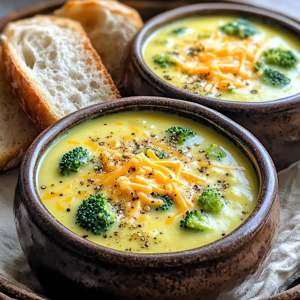 - 4 cups broccoli florets - 1 medium onion, diced - 2 cloves garlic, minced - 4 cups vegetable broth - 2 cups shredded sharp cheddar cheese - 1 cup heavy cream - 1 teaspoon dried thyme - 1 teaspoon salt - ½ teaspoon black pepper - 2 tablespoons olive oil - 2 tablespoons cornstarch mixed with 2 tablespoons water (optional for thickening) In this soup, broccoli florets serve as the star. They add a bright green color and a fresh taste. I recommend using fresh florets for the best flavor. Diced onion and minced garlic bring a savory depth to the soup. The aroma of these ingredients fills your kitchen as they cook. Next, we have the broth and cream. The vegetable broth makes the soup rich and hearty. Heavy cream adds a luxurious touch, making every bite feel special. Sharp cheddar cheese is a must for that classic cheesy flavor. It melts beautifully into the soup, making it creamy. For seasoning, I use dried thyme, salt, and black pepper. These spices enhance the natural flavors of the broccoli. The olive oil adds a nice richness and helps the flavors meld together. If you want a thicker soup, consider the optional cornstarch slurry. Mix it with water before adding it to the soup. This will help achieve that perfect creamy consistency. Gather these ingredients, and you are ready to make a delicious bowl of slow cooker broccoli cheddar soup! 1. Start by preparing your slow cooker. Make sure it is clean and ready to use. 2. In the slow cooker, combine 4 cups of broccoli florets, 1 diced onion, and 2 minced garlic cloves. This mix gives great flavor. 3. Next, pour in 4 cups of vegetable broth. Ensure the broccoli and onion are submerged for even cooking. 4. Stir in 1 teaspoon of dried thyme, 1 teaspoon of salt, and ½ teaspoon of black pepper. Drizzle 2 tablespoons of olive oil on top to add richness. 5. Cover the slow cooker. Cook on low for 5-6 hours or high for 3-4 hours. The broccoli should be soft when done. 6. After the cooking time, use an immersion blender to puree the soup until smooth. You can leave some chunks if you like texture. 7. Stir in 1 cup of heavy cream and 2 cups of shredded sharp cheddar cheese. Mix until the cheese melts completely. 8. If you want a thicker soup, mix 2 tablespoons of cornstarch with 2 tablespoons of water. Stir this slurry into the soup and cook for an extra 15-30 minutes. 9. Taste the soup and adjust the seasoning if needed. - For garnishing, serve the soup in warm bowls. Top it with some grated cheddar cheese and fresh cracked black pepper. - A slice of crusty bread makes a great side dish to enjoy with the soup. It adds texture and makes the meal complete. Using fresh broccoli brings bright taste. It holds more nutrients than frozen. Fresh florets give your soup a nice crunch and color. If you can’t find fresh, frozen works too. Just make sure it's cut nicely. The quality of the cheese matters. I always choose sharp cheddar. It adds rich flavor to the soup. The sharper the cheese, the better your soup will taste. Avoid pre-shredded cheese if possible. It often has additives that can affect melting. Use a cornstarch slurry if you want a thicker soup. Mix two tablespoons of cornstarch with two tablespoons of water. Add this mix toward the end of cooking. Cook for an extra 15 to 30 minutes to thicken it up. Finding the right consistency is key. You want it creamy but not too thick. If your soup is too thin, the cornstarch slurry helps. If it's too thick, add a little broth or cream. Adjust it until you find your perfect balance. {{image_2}} You can make this soup vegan and dairy-free easily. For cream, use coconut milk or cashew cream. Both options add a rich texture. Instead of cheddar cheese, try nutritional yeast. This gives a cheesy flavor without dairy. You can also use a dairy-free cheese that melts well. These substitutes keep the soup creamy and delicious. If you want to add protein, try chicken or tofu. Cooked chicken can be shredded and stirred in at the end. For tofu, use firm or extra-firm. Cube it and add during cooking for flavor. You can also add grains like quinoa. Quinoa adds texture and makes the soup heartier. Just add cooked quinoa in the last 30 minutes of cooking. These options make the soup more filling and nutritious. To keep your leftover soup fresh, use airtight containers. Let the soup cool first. Store it in the refrigerator for up to three days. If you want to keep it longer, freezing is a good choice. Pour the soup into freezer-safe bags or containers. Leave some space for expansion. This way, it lasts up to three months in the freezer. When it’s time to enjoy your leftovers, you have options. The best way is on the stove. Pour the soup into a pot. Heat it over medium heat, stirring often. This keeps the texture nice. You can also use the microwave. Place the soup in a bowl and cover it. Heat in short bursts, stirring in between. This prevents hot spots. Enjoy your creamy delight just as you made it! Yes, you can use fresh broccoli. Fresh broccoli works great in this slow cooker recipe. Just chop it into small florets. This will help it cook evenly and blend nicely into the soup. I love the bright green color and fresh taste it adds! Yes! You can make this soup in advance. It tastes even better after flavors meld together. Cook it, let it cool, and store it in the fridge. You can keep it for up to three days. Just reheat it on the stove or in the microwave before serving. You can serve many things with broccoli cheddar soup. A slice of crusty bread pairs well. It’s perfect for dipping! You can also add a simple salad for some crunch. If you want more protein, grilled chicken or a turkey sandwich works great too. Enjoy your meal! This blog post covered how to make a delicious broccoli cheddar soup. We looked at all the ingredients needed, including broccoli, onion, and cream. I shared step-by-step instructions, tips for flavor, and ways to customize the recipe. We also discussed how to store leftovers and answered some common questions. Remember, this soup is easy to make and fun to share. You can tweak it to fit your taste. Enjoy making this tasty dish for family and friends!