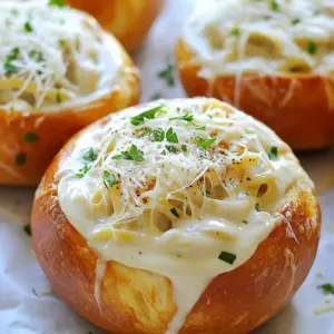 - 4 large round bread boules (single-serving size) - 2 cups cooked chicken breast, shredded - 2 cups fettuccine pasta (or pasta of choice) - 1 cup heavy cream - 1 cup grated Parmesan cheese - 2 tablespoons butter In this dish, the main ingredients create a rich and hearty meal. The bread boules hold everything together and add a nice crunch. The chicken gives protein, while the fettuccine adds comfort. Heavy cream and Parmesan cheese form the creamy Alfredo sauce that ties it all together. - 1/2 teaspoon nutmeg (optional, for extra flavor) - Fresh parsley, chopped (for garnish) Nutmeg can add a warm touch to the Alfredo sauce. It gives a hint of spice that enhances the dish. Fresh parsley brightens up the presentation and adds freshness to each bite. You can skip these if you prefer, but they can elevate your meal. - 2 cloves garlic, minced - Salt and pepper to taste Garlic is essential for flavor in this recipe. It adds a savory note that complements the creaminess. Salt and pepper season the dish perfectly. Adjust them to your taste, so every bite is just right. {{ingredient_image_1}} 1. Preheat your oven to 375&deg;F (190&deg;C). This step is key for cooking the bread evenly. 2. Take your large round bread boules. Cut the tops off each one. Save these tops for later. 3. Carefully hollow out the insides of the boules. Leave about a 1-inch border. This gives you space for the filling. 1. In a large skillet, add 2 tablespoons of butter. Heat it over medium. 2. Once the butter melts, add 2 cloves of minced garlic. Saut&eacute; for about 1-2 minutes. You want it fragrant but not brown. 3. Pour in 1 cup of heavy cream. Bring it to a gentle simmer. Stir often. 4. Add in 1 cup of grated Parmesan cheese. Stir until it melts into the sauce. For extra flavor, you can also mix in 1/2 teaspoon of nutmeg. Season it all with salt and pepper to taste. 1. Add 2 cups of shredded cooked chicken to the skillet. Mix well until coated with the Alfredo sauce. 2. Stir in 2 cups of cooked fettuccine pasta. Ensure it blends evenly with the chicken and sauce. 3. Take your hollowed bread boules and fill each one with the chicken Alfredo mixture. Pack it lightly to keep it stable. 4. Place the filled boules on a baking sheet. Bake them in the preheated oven for 15-20 minutes. Look for a golden, crispy finish. 5. Once done, take them out of the oven. You can garnish with chopped parsley. If you like, put the tops back on the boules for a nice touch. How to achieve a thick Alfredo sauce To make a thick Alfredo sauce, use heavy cream. Heat it gently and stir in grated Parmesan cheese. Keep stirring until it melts. If you want it thicker, let it simmer longer. Adding a bit of nutmeg also enhances the flavor. Ideal pasta cooking time Cook fettuccine for about 8-10 minutes. It should be al dente, meaning it&rsquo;s firm but not hard. Drain it well and toss it with a bit of olive oil to prevent sticking. Serving suggestions for added flair Serve your Chicken Alfredo bread bowls on a wooden board. This gives a rustic look. Add a small salad to brighten up the dish. Drizzle leftover Alfredo sauce around the board for a nice touch. Garnishing ideas with parsley and cheese Top each bread bowl with fresh parsley. This adds color and freshness. You can also sprinkle extra grated Parmesan on top for more flavor and a nice look. Overcooking the pasta Don&rsquo;t let the pasta cook too long. It can become mushy when mixed with the sauce. Remember, it will cook a bit more while baking in the bread bowls. Not properly hollowing the bread Make sure to hollow out the bread boules carefully. Leave about a 1-inch border. If you don&rsquo;t, the bowls may break or won&rsquo;t hold enough filling. Pro Tips Use Day-Old Bread: Stale bread holds up better when filled, preventing sogginess. Customize Your Fillings: Feel free to mix in vegetables like spinach or mushrooms for added flavor and nutrients. Make it Cheesy: For an even creamier sauce, add extra cheese like mozzarella or cream cheese to the Alfredo mix. Garnish Creatively: Add a sprinkle of red pepper flakes or lemon zest for a pop of color and additional flavor. {{image_2}} You can switch out the chicken for other proteins. Shrimp works well and adds a nice twist. You can also use tofu or seitan for a vegetarian choice. This keeps the dish flavorful and fun. For cheese, feel free to experiment. Mozzarella gives a stretchy bite, while gouda adds a smoky taste. Mixing cheeses can create a unique flavor. Always go with what you enjoy. Adding vegetables can boost the nutrition and taste. Spinach, broccoli, or bell peppers fit well in this dish. Saut&eacute; them with garlic before mixing them into the sauce. This brings color and texture. Herbs and spices can change the flavor profile too. Try adding fresh basil or thyme for a fragrant touch. A pinch of red pepper flakes adds heat and excitement. Don't be afraid to get creative! You can serve the bread bowls as a main dish or a side. If you make smaller bowls, they work great alongside soups or salads. This makes them perfect for gatherings or family dinners. Pairing with salads adds freshness. A crisp Caesar or a tangy arugula salad brings balance. The greens cut through the richness of the Alfredo sauce. This creates a well-rounded meal that you and your guests will love. To store leftover Chicken Alfredo Bread Bowls, let them cool down first. Place each filled bread bowl in an airtight container. You can also wrap them in plastic wrap. Keep them in the fridge for up to three days. This keeps the bread from getting too soggy. When you're ready to eat, just reheat them. Yes, you can freeze Chicken Alfredo Bread Bowls! To do this, follow these steps. First, let the bowls cool completely. Wrap each bowl tightly in plastic wrap. Then, place them in a freezer bag. They can stay in the freezer for up to a month. When you want to eat them, thaw in the fridge overnight before reheating. For the best taste, reheat your Chicken Alfredo Bread Bowls in the oven. Preheat your oven to 350&deg;F (175&deg;C). Place the bowls on a baking sheet and cover them with foil. Heat for about 15-20 minutes. This method keeps the bread crispy and warms the filling evenly. You can also use a microwave, but the bread may become soft. Enjoy your warm and tasty dish! To make Chicken Alfredo from scratch, you start by melting butter in a skillet. Add minced garlic and let it cook for a minute. Then, pour in heavy cream and bring it to a gentle simmer. Stir in grated Parmesan cheese. Keep stirring until it melts and thickens. Finally, season with salt and pepper to your taste. This homemade sauce is rich and creamy, perfect for your bread bowls. You can use store-bought Alfredo sauce if you need a quick option. The pros are that it saves time and effort, making weeknight meals easier. However, the cons include less control over flavor and texture. Often, pre-made sauces have preservatives, which may affect taste. If you choose this route, look for high-quality brands for the best flavor. For a balanced meal, pair your Chicken Alfredo Bread Bowls with a fresh salad. A simple green salad with mixed greens and a light vinaigrette works well. You can also serve steamed veggies like broccoli or green beans for added nutrition. These sides complement the creamy, rich flavors of the Alfredo sauce and make your meal more vibrant. This article walked you through making delicious Chicken Alfredo Bread Bowls. We covered ingredients like bread boules, chicken, and fettuccine. You learned to prepare the sauce and bake everything together. I shared tips to avoid common mistakes and how to store leftovers. Now, you can enjoy a fun and tasty meal with your family or friends. Feel free to get creative by adding your favorite ingredients. Cooking should be enjoyable, so don&rsquo;t hesitate to make this recipe your own!