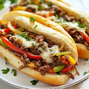 To make tasty Ground Beef Philly Cheesesteaks, gather these key items: - 1 pound ground beef - 1 onion, thinly sliced - 1 green bell pepper, thinly sliced - 1 red bell pepper, thinly sliced - 2 cloves garlic, minced - 1 teaspoon Worcestershire sauce - 1 teaspoon smoked paprika - Salt and pepper to taste - 4 hoagie rolls - 8 slices provolone cheese - Olive oil for cooking - Fresh parsley, chopped (for garnish) These ingredients bring flavor and texture to your cheesesteak. Feel free to mix in some optional items for a twist: - Mushrooms, sliced - Jalape&ntilde;os for heat - Spinach for extra greens - Hot sauce for a kick Adding these can create a unique taste. Top your cheesesteaks for extra flavor and crunch: - Saut&eacute;ed onions - Pickled peppers - Additional cheese like cheddar - Ketchup or mayo These toppings can make your meal even more delicious. Enjoy customizing your Ground Beef Philly Cheesesteaks! {{ingredient_image_1}} To start, heat a large skillet over medium-high heat. Add a drizzle of olive oil to the pan. When the oil is hot, add 1 pound of ground beef. Use a spatula to break it apart. Season with salt, pepper, and 1 teaspoon of smoked paprika. Cook the beef until it turns brown, about 5-7 minutes. If there is extra fat, drain it away. This step gives the dish a rich flavor. Next, push the browned beef to one side of the skillet. Add sliced onion and both bell peppers to the other side. Let them cook for about 3-5 minutes until they soften. Stir the veggies into the beef. Add 2 minced garlic cloves and 1 teaspoon of Worcestershire sauce. Mix well and cook for another 2 minutes. This makes the vegetables fragrant and tasty. Now, lower the heat to medium-low. Place 8 slices of provolone cheese on top of the beef and vegetables. Let the cheese melt for 2-3 minutes. You can cover the skillet to help it melt faster if you want. While the cheese melts, toast 4 hoagie rolls in a separate pan or under the broiler until they are golden brown. This adds a nice crunch to the rolls. Once the cheese is melted, it's time to assemble. Divide the beef and cheese mixture among the toasted hoagie rolls. This is where the magic happens. The warm, cheesy filling makes each bite amazing. Finally, sprinkle some chopped fresh parsley on top for color. Serve your sandwiches hot and enjoy! To get that real Philly taste, use fresh ingredients. Start with ground beef, as it cooks fast and tastes great. The smoked paprika adds depth to your beef. Use Worcestershire sauce for a savory kick. Saut&eacute; your onions and peppers until soft. This makes them sweet and flavorful. Don't rush this step; let them shine. One big mistake is overcooking the beef. You want it browned but not dry. Drain any extra fat after cooking to keep your sandwich from being greasy. Another mistake is using cold cheese. Make sure to let the cheese melt over the beef. It makes the sandwich gooey and delicious. Finally, don't skip toasting the hoagie rolls. Toasting adds crunch and keeps the bread from getting soggy. Make your Philly cheesesteak unique! Swap out provolone for other cheeses like cheddar or mozzarella. You can also change the meat. Try using turkey or chicken for a lighter version. Add extra toppings like jalape&ntilde;os for heat or mushrooms for earthiness. You can even pile on fresh herbs like basil or cilantro for a twist. The options are endless, so have fun! Pro Tips Use High-Quality Beef: Choosing a good quality ground beef can significantly enhance the flavor and texture of your cheesesteaks. Look for 80/20 ground beef for a balance of flavor and juiciness. Don&rsquo;t Overcook the Vegetables: Saut&eacute; the onions and bell peppers just until they are tender. Overcooking can result in a mushy texture, which detracts from the overall sandwich experience. Toast the Rolls for Extra Crunch: Lightly toasting the hoagie rolls not only adds a pleasing crunch but also helps to hold up the filling without getting soggy. Experiment with Cheese: While provolone is traditional, feel free to mix in other cheeses like mozzarella or cheddar for a unique twist on the classic cheesesteak flavor. {{image_2}} When making Ground Beef Philly Cheesesteaks, cheese is key. Provolone is a classic choice, but you can try others. Cheddar adds a sharp flavor. Mozzarella gives a creamy touch. Pepper Jack brings a spicy kick. Each cheese changes the taste and texture. Experiment to find your favorite! Ground beef is great, but you can switch it up. Ground turkey is leaner and still tasty. Chicken can work, too, for a lighter option. Even diced steak offers a classic feel. These choices can make your cheesesteak unique while keeping it delicious. You can enjoy a cheesesteak without meat. Use mushrooms for a rich and savory flavor. Eggplant is another option that adds a nice texture. For a vegan twist, use plant-based ground meat. Pair with vegan cheese to keep it creamy. These options let everyone savor this meal! After enjoying your Ground Beef Philly Cheesesteaks, store leftovers in an airtight container. Make sure they cool down first. Place them in the fridge for up to three days. Keeping the veggies and beef together helps maintain the flavor. To reheat, simply grab a skillet. Heat it over medium heat. Add a splash of olive oil, then add the leftovers. Stir them gently until warmed through. You can also use the microwave. Heat in short bursts, about 30 seconds. Check often to avoid overcooking. Freezing is a great option for longer storage. Place the cooled leftovers in a sturdy freezer bag. Remove as much air as you can. They can last up to three months in the freezer. When ready to eat, thaw in the fridge overnight. Reheat on the stove or microwave as mentioned. Yes, you can make ground beef Philly cheesesteaks ahead of time. Cook the beef and veggies, then cool them down. Store in an airtight container in the fridge for up to three days. To serve, just reheat the mixture on the stove. Melt the cheese on top and assemble the sandwiches. This makes for a quick meal on busy days. The main difference is the meat. Traditional cheesesteaks use thinly sliced ribeye beef. Ground beef is more affordable and easier to cook. It also gives a different texture. Both options taste great, but ground beef creates a more casual sandwich. Each has its own charm and flavor. Absolutely! While hoagie rolls are classic, you can use other types. Try sub rolls, baguettes, or even sandwich bread. Just make sure the rolls can hold the filling. A sturdy roll makes for a better eating experience. You can even use gluten-free rolls if needed. In this post, I explained how to make delicious ground beef Philly cheesesteaks. We covered the main ingredients, step-by-step cooking methods, and tips for great taste. I also shared variations for different diets and storage advice. My final thought is to enjoy your cheesesteaks your way. Experiment with flavors and toppings. You will surely create a tasty meal that your friends and family will love. Happy cooking!