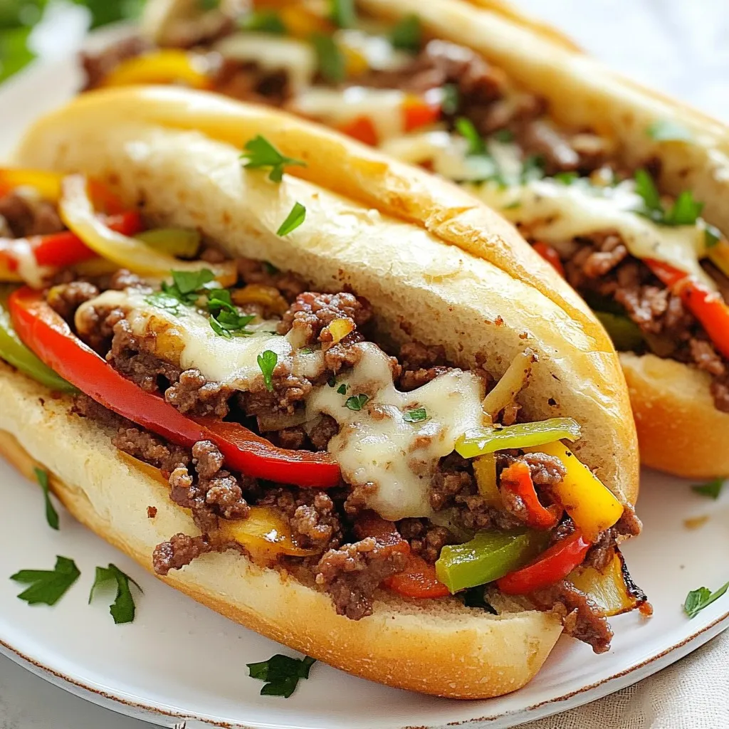 To make tasty Ground Beef Philly Cheesesteaks, gather these key items: - 1 pound ground beef - 1 onion, thinly sliced - 1 green bell pepper, thinly sliced - 1 red bell pepper, thinly sliced - 2 cloves garlic, minced - 1 teaspoon Worcestershire sauce - 1 teaspoon smoked paprika - Salt and pepper to taste - 4 hoagie rolls - 8 slices provolone cheese - Olive oil for cooking - Fresh parsley, chopped (for garnish) These ingredients bring flavor and texture to your cheesesteak. Feel free to mix in some optional items for a twist: - Mushrooms, sliced - Jalapeños for heat - Spinach for extra greens - Hot sauce for a kick Adding these can create a unique taste. Top your cheesesteaks for extra flavor and crunch: - Sautéed onions - Pickled peppers - Additional cheese like cheddar - Ketchup or mayo These toppings can make your meal even more delicious. Enjoy customizing your Ground Beef Philly Cheesesteaks! {{ingredient_image_1}} To start, heat a large skillet over medium-high heat. Add a drizzle of olive oil to the pan. When the oil is hot, add 1 pound of ground beef. Use a spatula to break it apart. Season with salt, pepper, and 1 teaspoon of smoked paprika. Cook the beef until it turns brown, about 5-7 minutes. If there is extra fat, drain it away. This step gives the dish a rich flavor. Next, push the browned beef to one side of the skillet. Add sliced onion and both bell peppers to the other side. Let them cook for about 3-5 minutes until they soften. Stir the veggies into the beef. Add 2 minced garlic cloves and 1 teaspoon of Worcestershire sauce. Mix well and cook for another 2 minutes. This makes the vegetables fragrant and tasty. Now, lower the heat to medium-low. Place 8 slices of provolone cheese on top of the beef and vegetables. Let the cheese melt for 2-3 minutes. You can cover the skillet to help it melt faster if you want. While the cheese melts, toast 4 hoagie rolls in a separate pan or under the broiler until they are golden brown. This adds a nice crunch to the rolls. Once the cheese is melted, it's time to assemble. Divide the beef and cheese mixture among the toasted hoagie rolls. This is where the magic happens. The warm, cheesy filling makes each bite amazing. Finally, sprinkle some chopped fresh parsley on top for color. Serve your sandwiches hot and enjoy! To get that real Philly taste, use fresh ingredients. Start with ground beef, as it cooks fast and tastes great. The smoked paprika adds depth to your beef. Use Worcestershire sauce for a savory kick. Sauté your onions and peppers until soft. This makes them sweet and flavorful. Don't rush this step; let them shine. One big mistake is overcooking the beef. You want it browned but not dry. Drain any extra fat after cooking to keep your sandwich from being greasy. Another mistake is using cold cheese. Make sure to let the cheese melt over the beef. It makes the sandwich gooey and delicious. Finally, don't skip toasting the hoagie rolls. Toasting adds crunch and keeps the bread from getting soggy. Make your Philly cheesesteak unique! Swap out provolone for other cheeses like cheddar or mozzarella. You can also change the meat. Try using turkey or chicken for a lighter version. Add extra toppings like jalapeños for heat or mushrooms for earthiness. You can even pile on fresh herbs like basil or cilantro for a twist. The options are endless, so have fun! Pro Tips Use High-Quality Beef: Choosing a good quality ground beef can significantly enhance the flavor and texture of your cheesesteaks. Look for 80/20 ground beef for a balance of flavor and juiciness. Don’t Overcook the Vegetables: Sauté the onions and bell peppers just until they are tender. Overcooking can result in a mushy texture, which detracts from the overall sandwich experience. Toast the Rolls for Extra Crunch: Lightly toasting the hoagie rolls not only adds a pleasing crunch but also helps to hold up the filling without getting soggy. Experiment with Cheese: While provolone is traditional, feel free to mix in other cheeses like mozzarella or cheddar for a unique twist on the classic cheesesteak flavor. {{image_2}} When making Ground Beef Philly Cheesesteaks, cheese is key. Provolone is a classic choice, but you can try others. Cheddar adds a sharp flavor. Mozzarella gives a creamy touch. Pepper Jack brings a spicy kick. Each cheese changes the taste and texture. Experiment to find your favorite! Ground beef is great, but you can switch it up. Ground turkey is leaner and still tasty. Chicken can work, too, for a lighter option. Even diced steak offers a classic feel. These choices can make your cheesesteak unique while keeping it delicious. You can enjoy a cheesesteak without meat. Use mushrooms for a rich and savory flavor. Eggplant is another option that adds a nice texture. For a vegan twist, use plant-based ground meat. Pair with vegan cheese to keep it creamy. These options let everyone savor this meal! After enjoying your Ground Beef Philly Cheesesteaks, store leftovers in an airtight container. Make sure they cool down first. Place them in the fridge for up to three days. Keeping the veggies and beef together helps maintain the flavor. To reheat, simply grab a skillet. Heat it over medium heat. Add a splash of olive oil, then add the leftovers. Stir them gently until warmed through. You can also use the microwave. Heat in short bursts, about 30 seconds. Check often to avoid overcooking. Freezing is a great option for longer storage. Place the cooled leftovers in a sturdy freezer bag. Remove as much air as you can. They can last up to three months in the freezer. When ready to eat, thaw in the fridge overnight. Reheat on the stove or microwave as mentioned. Yes, you can make ground beef Philly cheesesteaks ahead of time. Cook the beef and veggies, then cool them down. Store in an airtight container in the fridge for up to three days. To serve, just reheat the mixture on the stove. Melt the cheese on top and assemble the sandwiches. This makes for a quick meal on busy days. The main difference is the meat. Traditional cheesesteaks use thinly sliced ribeye beef. Ground beef is more affordable and easier to cook. It also gives a different texture. Both options taste great, but ground beef creates a more casual sandwich. Each has its own charm and flavor. Absolutely! While hoagie rolls are classic, you can use other types. Try sub rolls, baguettes, or even sandwich bread. Just make sure the rolls can hold the filling. A sturdy roll makes for a better eating experience. You can even use gluten-free rolls if needed. In this post, I explained how to make delicious ground beef Philly cheesesteaks. We covered the main ingredients, step-by-step cooking methods, and tips for great taste. I also shared variations for different diets and storage advice. My final thought is to enjoy your cheesesteaks your way. Experiment with flavors and toppings. You will surely create a tasty meal that your friends and family will love. Happy cooking!