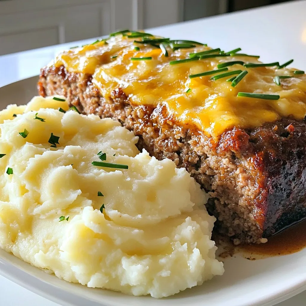 The cheesy meatloaf is simple to make. Here’s what you need: - 1 lb ground beef - 1 cup breadcrumbs - 1 small onion, finely chopped - 2 cloves garlic, minced - 1 cup shredded cheddar cheese - 1/2 cup milk - 1 large egg - 1 tablespoon Worcestershire sauce - 1 teaspoon dried Italian herbs - 1/2 teaspoon salt - 1/4 teaspoon black pepper Each ingredient adds flavor and texture. The ground beef gives it a hearty base. The breadcrumbs help bind everything together, while cheese makes it rich and gooey. Mashed potatoes are a classic side. To make them, gather these items: - 4 large potatoes, peeled and cubed - 1/2 cup sour cream - 3 tablespoons butter The potatoes create a creamy and fluffy mash. Sour cream adds a nice tang. Butter enhances the flavor and texture, making them irresistible. You can add a few extras to elevate your dish: - Chives for garnish (optional) Chives bring a fresh taste and color. You can sprinkle them on top for a lovely finish. Feel free to add more herbs or spices based on your taste! {{ingredient_image_1}} First, set your oven to 350°F (175°C). This step is key for even cooking. Make sure it fully heats up before you put in the meatloaf. In a large bowl, mix together the ground beef, breadcrumbs, chopped onion, and minced garlic. Add the shredded cheddar cheese, milk, egg, Worcestershire sauce, dried Italian herbs, salt, and black pepper. Use your hands or a spoon to stir everything until just combined. Don’t overmix! That can make the meatloaf tough. Now, transfer the meat mixture into a greased loaf pan. Press it down evenly to shape it. Bake it in your preheated oven for 60-70 minutes. Check that it reaches an internal temperature of 160°F (70°C). This ensures your meatloaf is safe to eat and juicy. While the meatloaf bakes, take 4 large potatoes, peel, and cube them. Place the cubes in a pot of salted water. Bring the pot to a boil. Cook the potatoes for 15-20 minutes, until they are tender. Once cooked, drain them well. In the same pot, mash the drained potatoes with 1/2 cup sour cream and 3 tablespoons butter. Mix until creamy. Add salt and pepper to taste. When the meatloaf is done, let it rest for 10 minutes before slicing. Serve the meatloaf with a generous scoop of mashed potatoes. For a pop of color, you can garnish with chopped chives if you like. To boost the flavor of your meatloaf, add fresh herbs like parsley or thyme. You can also try using different cheeses such as mozzarella for a milder taste. A splash of hot sauce can give it a nice kick too. Another tip is to sauté the onions and garlic before mixing them in. This step softens the flavors and adds richness. For creamy mashed potatoes, use starchy potatoes like Russets. Boil them until tender, but don't overcook. Drain them well to avoid watery potatoes. When mashing, add sour cream and butter for creaminess. For extra fluffiness, use a ricer instead of a masher. Adjust the salt and pepper for taste, and mix until smooth but not gummy. One common mistake is overmixing the meatloaf. This makes it tough instead of tender. Another is undercooking the potatoes. They should be fork-tender before mashing. Don't forget to let the meatloaf rest after baking. This helps keep the juices in, making it moist. Lastly, always taste your mashed potatoes before serving to ensure they’re well-seasoned. Pro Tips Use Fresh Ingredients: Fresh herbs and vegetables enhance the flavor of your meatloaf. Opt for fresh garlic and finely chopped onions for the best results. Let it Rest: Allow the meatloaf to rest for at least 10 minutes after baking. This helps retain the juices, making it more flavorful and easier to slice. Customize Your Cheese: While cheddar is delicious, feel free to experiment with different cheeses like mozzarella or pepper jack for a unique flavor twist. Perfect Mashed Potatoes: For extra creamy mashed potatoes, use a potato ricer or food mill instead of a traditional masher. This will create a smooth texture without lumps. {{image_2}} If you want a lighter meal, try ground turkey or chicken. These meats have less fat than ground beef. You can also use lean beef for a healthier choice. If you want more flavor, add herbs or spices. This helps keep the dish tasty without extra fat. To change up your meatloaf, think about add-ins. You can include diced bell peppers or mushrooms for extra veggies. For spice lovers, add jalapeños or hot sauce. You can also switch the cheese! Try mozzarella for a gooey texture or feta for a tangy taste. For toppings, think about a sweet BBQ sauce or a rich gravy. These can add flavor and texture to your meatloaf. Mashed potatoes don’t have to be plain. You can mix in garlic for a savory kick. Try adding roasted garlic for a deeper taste. If you like herbs, mix in fresh parsley or rosemary. For a cheesy twist, add more cheddar or even cream cheese. Want something different? Try sour cream or Greek yogurt for tanginess. You can even add roasted veggies like cauliflower or carrots for a colorful side. Store leftover meatloaf in an airtight container. This keeps it fresh and tasty. Make sure to let it cool first. Then, you can place it in the fridge. It will last up to four days. If you want to save it longer, consider freezing it. Wrap it tightly in plastic wrap and foil. It can stay in the freezer for up to three months. When you are ready to eat it, just thaw it in the fridge overnight. To store mashed potatoes, let them cool down first. Put them in a sealed container. They can stay fresh in the fridge for about three days. If you want to keep them longer, you can freeze them. Place the mashed potatoes in a freezer-safe bag. Press out the air before sealing. They can last up to two months in the freezer. To use frozen mashed potatoes, just thaw in the fridge overnight. When reheating meatloaf, use the oven for the best taste. Preheat it to 350°F (175°C). Place the meatloaf in a baking dish. Add a splash of broth or water to keep it moist. Cover it with foil and heat for about 20 minutes. For mashed potatoes, you can use the microwave. Add a little milk or butter to revive the creaminess. Heat them in short bursts, stirring often. This way, you keep the flavor and texture just right. It takes about 60 to 70 minutes to cook cheesy meatloaf in the oven. You should set your oven to 350°F (175°C). The meatloaf needs time to cook through and get a nice, firm texture. Yes, you can freeze cheesy meatloaf and mashed potatoes. Wrap the meatloaf tightly in plastic wrap and place it in an airtight container. Mash the potatoes and store them in a separate container. They can keep in the freezer for about three months. You can serve meatloaf and mashed potatoes with many sides. Some great options include steamed green beans, roasted vegetables, or a fresh garden salad. Pick what you like to make your meal more fun. Yes, you can make meatloaf without breadcrumbs. You can substitute breadcrumbs with oats, crushed crackers, or even cooked rice. Each option adds a different texture and flavor to your meatloaf. You can check if the meatloaf is done by using a meat thermometer. It should read 160°F (70°C) inside. If you don't have a thermometer, cut into the middle. The meat should be brown, not pink, and the juices should run clear. This blog post covered the key ingredients for a cheesy meatloaf and creamy mashed potatoes. You learned step-by-step how to prepare and bake these comfort food favorites. I shared tips for flavor and texture, plus variations for healthier options. Storing your leftovers properly ensures you can enjoy your meal later. With this guide, you now have the tools to impress anyone with your cooking skills. Enjoy crafting these dishes with confidence, and make each meal a memorable one.