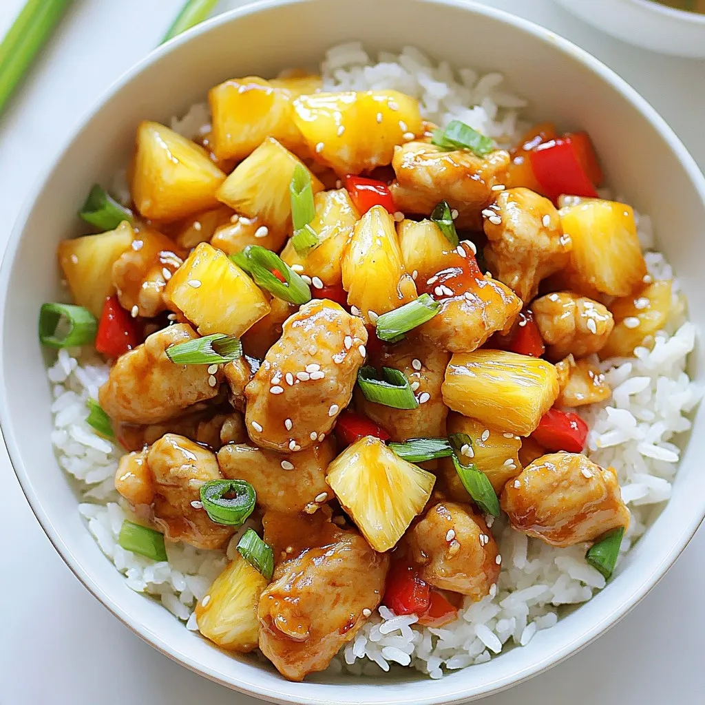 - 1 lb boneless, skinless chicken breasts, diced - 1 cup jasmine rice, rinsed - 1 can (20 oz) pineapple chunks in juice, drained (reserve juice) - 1 bell pepper (red or yellow), diced - 1 small onion, chopped - 3 cloves garlic, minced - 1 teaspoon fresh ginger, grated The main ingredients in this dish make it special. The chicken provides protein, while jasmine rice gives a nice texture. Pineapple chunks add sweetness and a tropical vibe. Bell pepper and onion bring color and crunch. Garlic and ginger give bold flavors. - 1 cup chicken broth - 2 tablespoons soy sauce - 2 tablespoons olive oil - Salt and pepper to taste - Green onions, sliced (for garnish) - Sesame seeds (for garnish) Seasoning is key to making this dish shine. Chicken broth adds depth, while soy sauce gives it umami. Olive oil helps to cook the chicken and veggies. Salt and pepper enhance all the flavors. For garnish, green onions and sesame seeds not only look good but also add extra flavor. {{ingredient_image_1}} - Heat 2 tablespoons of olive oil in a large skillet over medium heat. - Add 1 pound of diced chicken breasts. Season with salt and pepper. - Cook the chicken for about 6 to 8 minutes until it is browned. - Remove the chicken from the skillet and set it aside. - In the same skillet, add 1 small chopped onion and 1 diced bell pepper. - Add 3 minced garlic cloves to the skillet as well. - Sauté these for about 3 to 4 minutes until they are soft and fragrant. - This step adds great flavor to your dish. - Add 1 cup of rinsed jasmine rice to the skillet. - Stir in 1 teaspoon of grated fresh ginger. - Toast the rice for about 2 minutes. This helps to enhance its flavor. - Now, pour in the reserved pineapple juice, 1 cup of chicken broth, and 2 tablespoons of soy sauce. - Stir well to mix all the ingredients together. - Bring the mixture to a simmer, then cover the skillet with a lid. - Lower the heat and cook for 15 to 18 minutes. The rice should be tender, and the liquid should absorb. - After the rice is cooked, gently stir in the cooked chicken and 1 can of drained pineapple chunks. - Cook for an additional 2 to 3 minutes to warm everything through. - Remove from heat and let it sit covered for 5 minutes. This helps all the flavors meld together. To ensure your chicken is cooked through, use a meat thermometer. The chicken should reach 165°F (75°C). Cut the chicken into small pieces. This helps it cook evenly. When browning chicken, do not crowd the skillet. Cook in batches if needed. For the rice, jasmine rice gives a nice flavor. Rinse it well before cooking. This removes excess starch and keeps the rice fluffy. When simmering, cover the skillet tightly. This traps steam and helps the rice cook evenly. To boost the flavor, add spices like paprika or cumin. You can also use fresh herbs like cilantro or basil. They add a bright taste to the dish. Consider marinating the chicken ahead of time. Mix soy sauce, ginger, and garlic together. Let the chicken soak in this mix for at least 30 minutes. This makes the chicken more flavorful and tender. You can also try adding lime juice for a tangy twist. Pro Tips Use Fresh Ingredients: Fresh chicken and vegetables will enhance the flavors of your dish and provide a better texture. Toast the Rice: Toasting the rice for a couple of minutes before adding liquid brings out a nuttier flavor, making the dish more aromatic. Adjust for Sweetness: Depending on your preference, you can add more soy sauce or a splash of vinegar to balance the sweetness of the pineapple. Let it Rest: Allowing the skillet to sit covered after cooking lets the flavors meld together, resulting in a more cohesive dish. {{image_2}} If you want to change up the texture, try using brown rice instead of jasmine. Brown rice has more fiber and a nice nutty taste. It cooks longer, so add an extra 10-15 minutes to your cooking time. You can also swap the chicken for tofu or shrimp. Tofu gives a nice plant-based option. Press it first to remove extra water, then cube it and sauté until golden. If you choose shrimp, cook them until they turn pink. Both options add great flavor. To add more kick, try adding chili flakes. This will spice things up and give your dish a warm heat. Start with a pinch and add more to taste. You can also enhance the dish by incorporating more vegetables. Broccoli and snap peas work great. Steam them slightly before adding to the skillet. This keeps them crisp and colorful. Adding these veggies boosts nutrition and makes the dish more vibrant. After cooking, let the dish cool. Place it in an airtight container. This keeps the flavors fresh. You can store it in the fridge for up to 3 days. If you want it to last longer, consider freezing it. In the freezer, it can last for about 2 months. To reheat, use a microwave or stovetop. If using a microwave, cover the dish to keep moisture. Heat in short bursts to avoid overcooking. If using the stovetop, add a splash of chicken broth. This helps keep the rice from drying out. Stir gently to maintain the texture. Enjoy your meal warm for the best taste! Yes, you can make this dish ahead of time. Cooked Pineapple Chicken and Rice Skillet tastes great later. Store it in an airtight container. Keep it in the fridge for up to three days. Reheat it on the stove or in the microwave when ready to eat. This dish pairs well with a simple green salad. You might add a light vinaigrette for extra flavor. Steamed vegetables also work well. Try broccoli or snap peas for a nice crunch. If you want a drink, a tropical fruit juice complements the meal nicely. Absolutely! Pineapple Chicken and Rice Skillet is perfect for meal prep. It stores well and keeps its flavor. Portion it into containers for easy lunches or dinners. Just remember to let it cool before sealing the containers. Yes, you can use fresh pineapple instead of canned. Just chop the fresh pineapple into chunks. You may want to add a little extra juice or sugar for sweetness. Fresh pineapple gives a bright, sweet taste that enhances the dish. This blog covered a tasty Pineapple Chicken and Rice Skillet recipe. I shared the main ingredients, simple cooking steps, and ways to perfect the dish. You learned about swaps and variations for your diet. Storing and reheating tips help you enjoy leftovers too. This dish is not just easy; it’s fun to make. You can always adjust ingredients to suit your taste. Now, get cooking and enjoy your meal!