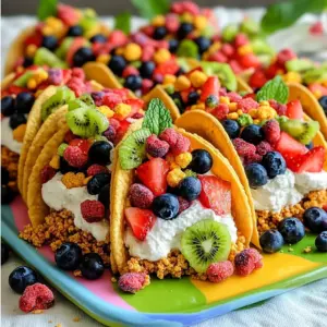 To make Fruity Pebbles Cheesecake Tacos, you will need: - 1 cup Fruity Pebbles cereal - 1/2 cup crushed graham crackers - 4 tablespoons unsalted butter, melted - 8 oz cream cheese, softened - 1/2 cup powdered sugar - 1 teaspoon vanilla extract - 1 cup whipped cream - 1 cup assorted fresh fruit (e.g., strawberries, blueberries, kiwi) - Additional Fruity Pebbles for topping Each ingredient plays a key role in taste and texture. For the Fruity Pebbles, you can swap in any fruity cereal if needed. The graham crackers add crunch, but you can use crushed cookies for a twist. If you want a dairy-free option, try vegan cream cheese and whipped cream. For sweetness, honey or agave can replace powdered sugar. Fresh fruits add vibrant color and flavor. They balance the rich cheesecake filling. Using seasonal fruits enhances taste and supports local farmers. Strawberries bring sweetness, while blueberries add a burst of tartness. Kiwi adds a fun twist with its tangy flavor. Fresh fruits not only make your tacos look great, but they also provide important vitamins. Enjoy the mix of flavors and textures they bring to your dessert! To make the taco shells, first, preheat your oven to 350°F (175°C). In a medium bowl, mix one cup of Fruity Pebbles with half a cup of crushed graham crackers. This mix gives a nice crunch. Next, pour in four tablespoons of melted unsalted butter. Stir it all together until it looks like wet sand. Now, shape the mixture into taco shells. You can use a taco rack or mold it with aluminum foil. Press the mix firmly to hold its shape. Bake the shells for 10 to 12 minutes until they turn golden and crisp. Let them cool completely while you make the filling. For the cheesecake filling, grab a mixing bowl. Beat eight ounces of softened cream cheese until it’s smooth. Slowly add half a cup of powdered sugar and one teaspoon of vanilla extract. Mix until everything is well combined. Now, fold in one cup of whipped cream. Do this gently to keep the mixture fluffy. It should be light and creamy, perfect for your tacos. Once the taco shells are cool, it's time to fill them. Spoon the cheesecake filling into each shell. Don’t overfill them; you want to enjoy each bite! Next, add assorted fresh fruit on top. Strawberries, blueberries, and kiwi work well. Finally, sprinkle more Fruity Pebbles on top for a colorful and crunchy finish. Enjoy your sweet creation! To make perfect taco shells, start with the right mix. Use equal parts Fruity Pebbles and crushed graham crackers. This blend gives the shells a great crunch. When you add melted butter, mix until it looks like wet sand. This helps hold the shape when baking. Press the mixture tightly into your taco mold. Baking for 10 to 12 minutes at 350°F makes them nice and crisp. Let them cool completely before adding the filling. This step helps keep the shells from getting soggy. You can change the cheesecake filling to match your taste. For a fruity twist, add lemon or orange zest. This brightens the flavor and makes it refreshing. You might also swap out the cream cheese for mascarpone cheese for a creamier texture. If you like chocolate, mix in some cocoa powder for a chocolate cheesecake. You can even add a little peanut butter for a nutty flavor. The filling is flexible, so get creative based on what you like. Serving the tacos well makes them more fun to eat. Use a colorful platter to catch the eye. You can garnish each taco with a sprig of mint for a fresh look. A drizzle of fruit sauce adds color and flavor. Try to use a mix of fresh fruits on top, like strawberries and kiwi. The bright colors will make your tacos pop. This presentation makes them perfect for parties or special occasions. {{image_2}} You can mix up the cheesecake flavor easily. Try adding lemon zest for a tangy twist. You can also add melted chocolate for a rich taste. If you like coffee, mix in some instant coffee granules. These changes add depth to the dessert. Each bite becomes a fun surprise. Fruit toppings can change the whole dish. Use berries like strawberries and blueberries for sweetness. Kiwi adds a bright, tart flavor. You can also try banana slices or mango pieces for tropical flair. Don’t forget to mix colors for a pretty look. Fresh fruit makes the tacos feel light and refreshing. You can make taco shells in different ways. Instead of Fruity Pebbles, use crushed cookies for a different taste. Chocolate cookies can add a rich flavor. You can also use crushed nuts for a crunchy texture. Shape the shells in unique ways like hearts or stars. Customizing the shells makes your dessert special. To store leftover tacos, place them in a container. Keep the tacos in the fridge. Make sure they are sealed well. This keeps them fresh and tasty. Enjoy them within two days for the best flavor. If you have extra filling, store it separately. This keeps the shells from getting soggy. Reheating taco shells is easy. Preheat your oven to 350°F. Place the shells on a baking sheet. Heat them for about 5-7 minutes. This helps them regain their crunch. You can also use a toaster oven for quick reheating. Avoid using the microwave, as it can make the shells soft. Most of the ingredients have a good shelf life. Here’s a quick guide: - Cream Cheese: Store in the fridge. Use within 1-2 weeks after opening. - Powdered Sugar: Keep in a cool, dry place. It lasts for years. - Fruity Pebbles: Store in an airtight container. They stay fresh for several months. - Fresh Fruit: Use within 3-5 days for best taste. Knowing how to store your tacos helps keep them tasty. Enjoy your fruity delights longer! Yes, you can make these tacos ahead of time. I suggest preparing the taco shells and filling separately. Bake the taco shells and let them cool. Store them in an airtight container for up to two days. For the filling, mix the cream cheese, sugar, and whipped cream, then store it in the fridge. Just fill the shells right before serving. This keeps everything fresh and crunchy. You can use many cereals for this fun dessert. Some great options include Rice Krispies, Cocoa Puffs, or even Lucky Charms. Each cereal brings its unique flavor and texture. Just follow the same steps to create your taco shells. Experiment with different cereals to find your favorite combo! To make these tacos gluten-free, swap the crushed graham crackers for gluten-free cookie crumbs. Many brands offer delicious options. Be sure to check the cereal packaging as well. Fruity Pebbles are gluten-free, but it’s wise to confirm. With these simple changes, you can enjoy the same tasty dessert without worry. These Fruity Pebbles Cheesecake Tacos are fun to make and easy to enjoy. We covered the right ingredients, detailed instructions, and helpful tips for the best results. Remember, fresh fruits elevate the taste, and various flavors keep it exciting. Feel free to store leftovers properly to enjoy these treats later. I hope you feel inspired to try this tasty twist on dessert. You can mix it up with different flavors and toppings too. Enjoy every bite, and have fun in the kitchen!