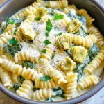 To make One-Pot Creamy Spinach Artichoke Pasta, you will need: - 12 ounces pasta (fusilli or penne works well) - 1 can (14 ounces) artichoke hearts, drained and quartered - 4 cups fresh spinach, packed - 1 cup heavy cream - 1 cup vegetable broth - 1 cup cream cheese, softened - 1 cup grated Parmesan cheese - 3 cloves garlic, minced - 1 teaspoon Italian seasoning - Salt and pepper to taste - Olive oil for drizzling - Fresh parsley for garnish If you don't have some ingredients, here are some alternatives: - Use whole wheat pasta for more fiber. - Swap heavy cream with coconut cream for a dairy-free option. - Substitute vegetable broth with chicken broth for a richer flavor. - Try ricotta instead of cream cheese for a lighter touch. - Use nutritional yeast as a vegan alternative to Parmesan cheese. When picking spinach, look for bright green leaves. Avoid wilted or yellowing leaves. For artichokes, choose ones that feel heavy for their size. Fresh artichokes should have tight, compact leaves. If using canned artichokes, make sure they are packed in water or brine for best flavor. Rinse them well before use. Start by gathering all your ingredients. You need: - 12 ounces pasta (fusilli or penne works well) - 1 can (14 ounces) artichoke hearts, drained and quartered - 4 cups fresh spinach, packed - 1 cup heavy cream - 1 cup vegetable broth - 1 cup cream cheese, softened - 1 cup grated Parmesan cheese - 3 cloves garlic, minced - 1 teaspoon Italian seasoning - Salt and pepper to taste - Olive oil for drizzling - Fresh parsley for garnish Next, drain and quarter the artichoke hearts. Rinse the spinach and pack it tightly. Mince the garlic cloves finely. This prep makes cooking easier and faster. In a large pot, heat a drizzle of olive oil over medium heat. Add the minced garlic and sauté for about 2 minutes. You want the garlic fragrant but not browned. Pour in the vegetable broth and heavy cream. Stir well to combine. Now, add the pasta to the pot. Bring the mixture to a gentle boil. Stir occasionally to prevent sticking. Reduce the heat to low. Cover the pot and let it simmer for 10-12 minutes. This cooks the pasta until it is al dente. Once the pasta is cooked, stir in the softened cream cheese. It should melt and blend well into the sauce. Next, add the quartered artichoke hearts and fresh spinach. Mix until the spinach wilts and the artichokes are heated through. Finally, stir in the grated Parmesan cheese and Italian seasoning. Add salt and pepper to taste. Adjust the flavors as needed. Let the pasta sit for a minute or two. This helps the sauce thicken. Then, give it one last gentle stir before serving. To get the creamiest sauce, use full-fat cream cheese. It melts better and gives a rich taste. Adding heavy cream helps as well. Stir it in slowly after cooking the pasta. This way, it combines smoothly. Also, don’t forget the Parmesan cheese. It adds depth and flavor. Mix it in at the end for a nice finish. To prevent overcooked pasta, keep an eye on the clock. Cook the pasta until it is al dente, which means it still has a bit of bite. Start checking it a few minutes before the time on the package. Stir the pasta gently while it cooks to keep it from sticking. The pot should be covered to help it cook evenly. Serve the pasta in deep bowls for a nice look. Top it with extra Parmesan cheese and fresh parsley. This adds color and makes it pop. A drizzle of olive oil over the top gives extra flavor and richness. Pair this dish with a simple side salad for balance. You can also serve garlic bread for a cozy touch. {{image_2}} You can add protein to make this dish heartier. Cooked chicken works well. Use grilled or rotisserie chicken for quick prep. Shrimp is another great choice. Just add them to the pot when the pasta is almost done. They cook fast and add a nice touch. For a vegetarian option, try chickpeas or white beans. They give protein without meat. If you need gluten-free pasta, there are many choices. Look for rice or quinoa pasta. These work well in this recipe. Cook them according to the package instructions. Then, follow the same steps. The sauce will still be creamy and delicious. You won't miss the gluten at all! You can change the flavor easily. Add spices like red pepper flakes for heat. A pinch of nutmeg can add warmth too. Fresh herbs like basil or thyme can brighten the dish. Just chop them and stir them in at the end. These small changes can make a big difference. Have fun experimenting with flavors! After enjoying your One-Pot Creamy Spinach Artichoke Pasta, store any leftovers in an airtight container. Let the pasta cool for about 15 minutes before sealing it. This helps keep the pasta fresh. You can keep it in the fridge for up to three days. If you want to avoid sogginess, try to separate the sauce from the pasta. When you're ready to eat the leftovers, reheating is easy. You can use the microwave or the stovetop. If using the microwave, place the pasta in a bowl. Add a splash of water or broth to keep it moist. Heat it for one minute, then stir. Repeat until it warms through. On the stovetop, place the pasta in a pan over low heat. Stir it gently and add a little bit of water or broth to avoid burning. Heat until hot. If you want to freeze your One-Pot Creamy Spinach Artichoke Pasta, do so within two days of making it. Use a freezer-safe container or bag, and remove as much air as possible. The pasta can last up to three months in the freezer. When you’re ready to enjoy it again, thaw it in the fridge overnight. Reheat it gently, adding a bit of liquid to restore creaminess. Yes, you can make this creamy spinach artichoke pasta ahead of time. Cook it as directed, then let it cool completely. Store it in an airtight container in the fridge. It will keep well for about three days. When you're ready to eat, just reheat it on the stove over low heat. You may need to add a splash of broth or cream to loosen the sauce. To make this dish dairy-free, swap the cream and cream cheese for plant-based alternatives. Use coconut cream or cashew cream instead of heavy cream. For cream cheese, you can try a dairy-free version or blend silken tofu until smooth. Nutritional yeast adds a cheesy flavor that works well with this pasta. Several sides go well with creamy spinach artichoke pasta. A simple green salad brings freshness to the meal. Garlic bread or crusty rolls provide a nice crunch. Roasted vegetables add color and nutrients. You can also serve this pasta with a light soup for a comforting dinner. This blog post covers the key steps to make creamy spinach artichoke pasta. We explored ingredients, step-by-step instructions, and helpful tips. You learned how to select fresh spinach and artichokes. We discussed add-ins, gluten-free options, and how to store leftovers. Remember, cooking is fun! Don't be afraid to try different flavors or make it ahead. With practice, you'll master this dish. Enjoy your cooking adventure!