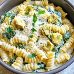 To make One-Pot Creamy Spinach Artichoke Pasta, you will need: - 12 ounces pasta (fusilli or penne works well) - 1 can (14 ounces) artichoke hearts, drained and quartered - 4 cups fresh spinach, packed - 1 cup heavy cream - 1 cup vegetable broth - 1 cup cream cheese, softened - 1 cup grated Parmesan cheese - 3 cloves garlic, minced - 1 teaspoon Italian seasoning - Salt and pepper to taste - Olive oil for drizzling - Fresh parsley for garnish If you don't have some ingredients, here are some alternatives: - Use whole wheat pasta for more fiber. - Swap heavy cream with coconut cream for a dairy-free option. - Substitute vegetable broth with chicken broth for a richer flavor. - Try ricotta instead of cream cheese for a lighter touch. - Use nutritional yeast as a vegan alternative to Parmesan cheese. When picking spinach, look for bright green leaves. Avoid wilted or yellowing leaves. For artichokes, choose ones that feel heavy for their size. Fresh artichokes should have tight, compact leaves. If using canned artichokes, make sure they are packed in water or brine for best flavor. Rinse them well before use. Start by gathering all your ingredients. You need: - 12 ounces pasta (fusilli or penne works well) - 1 can (14 ounces) artichoke hearts, drained and quartered - 4 cups fresh spinach, packed - 1 cup heavy cream - 1 cup vegetable broth - 1 cup cream cheese, softened - 1 cup grated Parmesan cheese - 3 cloves garlic, minced - 1 teaspoon Italian seasoning - Salt and pepper to taste - Olive oil for drizzling - Fresh parsley for garnish Next, drain and quarter the artichoke hearts. Rinse the spinach and pack it tightly. Mince the garlic cloves finely. This prep makes cooking easier and faster. In a large pot, heat a drizzle of olive oil over medium heat. Add the minced garlic and sauté for about 2 minutes. You want the garlic fragrant but not browned. Pour in the vegetable broth and heavy cream. Stir well to combine. Now, add the pasta to the pot. Bring the mixture to a gentle boil. Stir occasionally to prevent sticking. Reduce the heat to low. Cover the pot and let it simmer for 10-12 minutes. This cooks the pasta until it is al dente. Once the pasta is cooked, stir in the softened cream cheese. It should melt and blend well into the sauce. Next, add the quartered artichoke hearts and fresh spinach. Mix until the spinach wilts and the artichokes are heated through. Finally, stir in the grated Parmesan cheese and Italian seasoning. Add salt and pepper to taste. Adjust the flavors as needed. Let the pasta sit for a minute or two. This helps the sauce thicken. Then, give it one last gentle stir before serving. To get the creamiest sauce, use full-fat cream cheese. It melts better and gives a rich taste. Adding heavy cream helps as well. Stir it in slowly after cooking the pasta. This way, it combines smoothly. Also, don’t forget the Parmesan cheese. It adds depth and flavor. Mix it in at the end for a nice finish. To prevent overcooked pasta, keep an eye on the clock. Cook the pasta until it is al dente, which means it still has a bit of bite. Start checking it a few minutes before the time on the package. Stir the pasta gently while it cooks to keep it from sticking. The pot should be covered to help it cook evenly. Serve the pasta in deep bowls for a nice look. Top it with extra Parmesan cheese and fresh parsley. This adds color and makes it pop. A drizzle of olive oil over the top gives extra flavor and richness. Pair this dish with a simple side salad for balance. You can also serve garlic bread for a cozy touch. {{image_2}} You can add protein to make this dish heartier. Cooked chicken works well. Use grilled or rotisserie chicken for quick prep. Shrimp is another great choice. Just add them to the pot when the pasta is almost done. They cook fast and add a nice touch. For a vegetarian option, try chickpeas or white beans. They give protein without meat. If you need gluten-free pasta, there are many choices. Look for rice or quinoa pasta. These work well in this recipe. Cook them according to the package instructions. Then, follow the same steps. The sauce will still be creamy and delicious. You won't miss the gluten at all! You can change the flavor easily. Add spices like red pepper flakes for heat. A pinch of nutmeg can add warmth too. Fresh herbs like basil or thyme can brighten the dish. Just chop them and stir them in at the end. These small changes can make a big difference. Have fun experimenting with flavors! After enjoying your One-Pot Creamy Spinach Artichoke Pasta, store any leftovers in an airtight container. Let the pasta cool for about 15 minutes before sealing it. This helps keep the pasta fresh. You can keep it in the fridge for up to three days. If you want to avoid sogginess, try to separate the sauce from the pasta. When you're ready to eat the leftovers, reheating is easy. You can use the microwave or the stovetop. If using the microwave, place the pasta in a bowl. Add a splash of water or broth to keep it moist. Heat it for one minute, then stir. Repeat until it warms through. On the stovetop, place the pasta in a pan over low heat. Stir it gently and add a little bit of water or broth to avoid burning. Heat until hot. If you want to freeze your One-Pot Creamy Spinach Artichoke Pasta, do so within two days of making it. Use a freezer-safe container or bag, and remove as much air as possible. The pasta can last up to three months in the freezer. When you’re ready to enjoy it again, thaw it in the fridge overnight. Reheat it gently, adding a bit of liquid to restore creaminess. Yes, you can make this creamy spinach artichoke pasta ahead of time. Cook it as directed, then let it cool completely. Store it in an airtight container in the fridge. It will keep well for about three days. When you're ready to eat, just reheat it on the stove over low heat. You may need to add a splash of broth or cream to loosen the sauce. To make this dish dairy-free, swap the cream and cream cheese for plant-based alternatives. Use coconut cream or cashew cream instead of heavy cream. For cream cheese, you can try a dairy-free version or blend silken tofu until smooth. Nutritional yeast adds a cheesy flavor that works well with this pasta. Several sides go well with creamy spinach artichoke pasta. A simple green salad brings freshness to the meal. Garlic bread or crusty rolls provide a nice crunch. Roasted vegetables add color and nutrients. You can also serve this pasta with a light soup for a comforting dinner. This blog post covers the key steps to make creamy spinach artichoke pasta. We explored ingredients, step-by-step instructions, and helpful tips. You learned how to select fresh spinach and artichokes. We discussed add-ins, gluten-free options, and how to store leftovers. Remember, cooking is fun! Don't be afraid to try different flavors or make it ahead. With practice, you'll master this dish. Enjoy your cooking adventure!