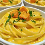To make this dish, you need fresh and simple ingredients. Here’s what you will use: - 8 oz fettuccine pasta - 2 cups butternut squash, peeled and cubed - 1 cup vegetable broth - 1 cup unsweetened almond milk (or any plant-based milk) - 2 tablespoons olive oil - 2 cloves garlic, minced - 1/4 teaspoon nutmeg - Salt and pepper to taste - 1/4 cup nutritional yeast (for a cheesy flavor) - Fresh parsley, chopped, for garnish These ingredients blend well to create a creamy and flavorful sauce. Garnishes add a nice touch and can enhance the taste. Here are some options: - Extra nutritional yeast for a cheesier finish - Roasted butternut squash pieces for crunch - Crushed red pepper for a spicy kick - Toasted pine nuts or walnuts for added texture - Lemon zest for a fresh, bright flavor Feel free to mix and match based on your taste! You can adjust this recipe to fit different diets. Here are some ideas: - Use gluten-free pasta for a gluten-free option. - Swap almond milk with soy milk or oat milk if needed. - Replace nutritional yeast with vegan cheese if you prefer. - For a nut-free version, use coconut milk instead of almond milk. These swaps keep the taste great while meeting dietary needs! Start by boiling water in a large pot. Add a pinch of salt to enhance flavor. Once the water boils, add 8 oz of fettuccine pasta. Cook it according to the package instructions until it’s al dente. This usually takes about 8 to 10 minutes. Stir the pasta occasionally to prevent sticking. Once done, drain the pasta in a colander. Don’t forget to save about 1/2 cup of the pasta water for later. Set the pasta aside while you prepare the sauce. Next, grab a medium saucepan and add 2 cups of cubed butternut squash. Pour in 1 cup of vegetable broth. Bring this to a boil and then reduce the heat to a simmer. Cook the squash until it’s tender, which will take around 15 to 20 minutes. Once it’s soft, transfer the squash and broth into a blender. Add 1 cup of unsweetened almond milk, 2 tablespoons of olive oil, 2 cloves of minced garlic, and 1/4 teaspoon of nutmeg. Blend all the ingredients until they form a smooth and creamy sauce. Taste and adjust the seasoning with salt and pepper as needed. Now, take the same saucepan you used for the squash. Pour in the creamy butternut squash sauce and heat it over low to medium heat. If your sauce seems too thick, add a little of the reserved pasta water until it reaches the right consistency. When the sauce is warm, add the cooked fettuccine pasta to the saucepan. Toss the pasta gently until it’s well-coated with the sauce. Cook everything together for about one more minute. This step helps the flavors meld beautifully. Serve the pasta hot, garnished with chopped parsley for a fresh touch. Enjoy your delightful meal! To get the creamiest sauce, use ripe butternut squash. It adds sweetness and depth. Cook the squash until it is very soft. The longer it cooks, the creamier your sauce will be. When blending, make sure to mix it well. A smooth blend helps create that rich texture. If the sauce feels thick, add some reserved pasta water. This keeps the sauce light and silky. Taste and adjust the seasoning as needed. Store any leftover pasta in an airtight container. This keeps it fresh for up to three days. Before storing, let it cool down to room temperature first. To reheat, add a splash of almond milk. This helps bring back the creamy texture. If you want to freeze it, separate the sauce from the pasta. Frozen sauce can last up to three months. Just thaw it in the fridge overnight before reheating. For a beautiful presentation, use shallow bowls. Plate the pasta in the center, creating a nice mound. Sprinkle extra nutritional yeast on top for a cheesy look. Add some pieces of roasted butternut squash around the pasta. This adds color and makes the dish pop. Finishing with fresh parsley adds a nice touch. It looks great and adds a fresh flavor. Enjoy your delicious creation! {{image_2}} You can easily add protein to this dish. Chickpeas are a great choice. They add a nice texture and healthy fiber. Simply rinse and drain a can of chickpeas. Toss them in with the pasta for a boost. Tofu is another option. You can cube it and sauté it in olive oil until golden. This adds a rich flavor and extra protein. Fettuccine works well, but you can use other pasta too. Penne or farfalle are fun choices. They hold the sauce well and bring different shapes. Whole wheat pasta adds fiber and a nutty taste. Gluten-free pasta is also an option if needed. Just cook it according to the package directions. To make this dish even tastier, think about herbs and spices. Fresh basil or thyme can brighten the flavor. You can also sprinkle in some red pepper flakes for heat. A squeeze of lemon juice adds freshness. Experiment with what you like best! To keep your creamy butternut squash Alfredo pasta fresh, place it in an airtight container. Make sure to let the pasta cool to room temperature before sealing. If you store it properly, it can last in the fridge for up to three days. When you are ready to enjoy the leftovers, use a pan on low heat. Add a splash of vegetable broth or almond milk to help loosen the sauce. Stir occasionally to heat evenly. Avoid using the microwave if you want to keep the creaminess intact. You can freeze this dish for longer storage. Place cooled pasta in a freezer-safe bag or container. Remove as much air as possible to prevent ice crystals. It will stay good for up to three months. To reheat, thaw it overnight in the fridge and use the pan method described above. Yes, you can! While butternut squash gives a sweet taste, you can try others. Acorn squash or pumpkin can work well, too. Each type brings a unique flavor. Just be sure to adjust cooking time based on the squash you pick. For example, pumpkin may cook faster, so watch it closely. Absolutely! This recipe is completely vegan. It uses almond milk and nutritional yeast for creaminess and flavor. You can enjoy this dish without any animal products. If you want to add more protein, consider using plant-based proteins like chickpeas or tofu. They mix well without changing the dish's essence. To make this dish gluten-free, simply swap the fettuccine for gluten-free pasta. Many brands offer great options, like brown rice or chickpea pasta. Just cook them according to the package instructions. The creamy butternut squash sauce remains gluten-free as it is! Enjoy your meal without worry. This post covered how to make creamy butternut squash Alfredo pasta. We discussed key ingredients, cooking steps, and helpful tips. You learned how to customize the dish to fit your diet and enhance flavors. Proper storage methods ensure your pasta stays fresh and delicious. In the end, this recipe is versatile and easy to prepare. Enjoy making it for yourself or loved ones!
