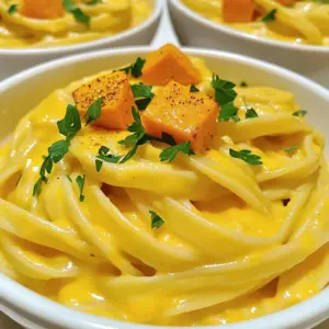 To make this dish, you need fresh and simple ingredients. Here’s what you will use: - 8 oz fettuccine pasta - 2 cups butternut squash, peeled and cubed - 1 cup vegetable broth - 1 cup unsweetened almond milk (or any plant-based milk) - 2 tablespoons olive oil - 2 cloves garlic, minced - 1/4 teaspoon nutmeg - Salt and pepper to taste - 1/4 cup nutritional yeast (for a cheesy flavor) - Fresh parsley, chopped, for garnish These ingredients blend well to create a creamy and flavorful sauce. Garnishes add a nice touch and can enhance the taste. Here are some options: - Extra nutritional yeast for a cheesier finish - Roasted butternut squash pieces for crunch - Crushed red pepper for a spicy kick - Toasted pine nuts or walnuts for added texture - Lemon zest for a fresh, bright flavor Feel free to mix and match based on your taste! You can adjust this recipe to fit different diets. Here are some ideas: - Use gluten-free pasta for a gluten-free option. - Swap almond milk with soy milk or oat milk if needed. - Replace nutritional yeast with vegan cheese if you prefer. - For a nut-free version, use coconut milk instead of almond milk. These swaps keep the taste great while meeting dietary needs! Start by boiling water in a large pot. Add a pinch of salt to enhance flavor. Once the water boils, add 8 oz of fettuccine pasta. Cook it according to the package instructions until it’s al dente. This usually takes about 8 to 10 minutes. Stir the pasta occasionally to prevent sticking. Once done, drain the pasta in a colander. Don’t forget to save about 1/2 cup of the pasta water for later. Set the pasta aside while you prepare the sauce. Next, grab a medium saucepan and add 2 cups of cubed butternut squash. Pour in 1 cup of vegetable broth. Bring this to a boil and then reduce the heat to a simmer. Cook the squash until it’s tender, which will take around 15 to 20 minutes. Once it’s soft, transfer the squash and broth into a blender. Add 1 cup of unsweetened almond milk, 2 tablespoons of olive oil, 2 cloves of minced garlic, and 1/4 teaspoon of nutmeg. Blend all the ingredients until they form a smooth and creamy sauce. Taste and adjust the seasoning with salt and pepper as needed. Now, take the same saucepan you used for the squash. Pour in the creamy butternut squash sauce and heat it over low to medium heat. If your sauce seems too thick, add a little of the reserved pasta water until it reaches the right consistency. When the sauce is warm, add the cooked fettuccine pasta to the saucepan. Toss the pasta gently until it’s well-coated with the sauce. Cook everything together for about one more minute. This step helps the flavors meld beautifully. Serve the pasta hot, garnished with chopped parsley for a fresh touch. Enjoy your delightful meal! To get the creamiest sauce, use ripe butternut squash. It adds sweetness and depth. Cook the squash until it is very soft. The longer it cooks, the creamier your sauce will be. When blending, make sure to mix it well. A smooth blend helps create that rich texture. If the sauce feels thick, add some reserved pasta water. This keeps the sauce light and silky. Taste and adjust the seasoning as needed. Store any leftover pasta in an airtight container. This keeps it fresh for up to three days. Before storing, let it cool down to room temperature first. To reheat, add a splash of almond milk. This helps bring back the creamy texture. If you want to freeze it, separate the sauce from the pasta. Frozen sauce can last up to three months. Just thaw it in the fridge overnight before reheating. For a beautiful presentation, use shallow bowls. Plate the pasta in the center, creating a nice mound. Sprinkle extra nutritional yeast on top for a cheesy look. Add some pieces of roasted butternut squash around the pasta. This adds color and makes the dish pop. Finishing with fresh parsley adds a nice touch. It looks great and adds a fresh flavor. Enjoy your delicious creation! {{image_2}} You can easily add protein to this dish. Chickpeas are a great choice. They add a nice texture and healthy fiber. Simply rinse and drain a can of chickpeas. Toss them in with the pasta for a boost. Tofu is another option. You can cube it and sauté it in olive oil until golden. This adds a rich flavor and extra protein. Fettuccine works well, but you can use other pasta too. Penne or farfalle are fun choices. They hold the sauce well and bring different shapes. Whole wheat pasta adds fiber and a nutty taste. Gluten-free pasta is also an option if needed. Just cook it according to the package directions. To make this dish even tastier, think about herbs and spices. Fresh basil or thyme can brighten the flavor. You can also sprinkle in some red pepper flakes for heat. A squeeze of lemon juice adds freshness. Experiment with what you like best! To keep your creamy butternut squash Alfredo pasta fresh, place it in an airtight container. Make sure to let the pasta cool to room temperature before sealing. If you store it properly, it can last in the fridge for up to three days. When you are ready to enjoy the leftovers, use a pan on low heat. Add a splash of vegetable broth or almond milk to help loosen the sauce. Stir occasionally to heat evenly. Avoid using the microwave if you want to keep the creaminess intact. You can freeze this dish for longer storage. Place cooled pasta in a freezer-safe bag or container. Remove as much air as possible to prevent ice crystals. It will stay good for up to three months. To reheat, thaw it overnight in the fridge and use the pan method described above. Yes, you can! While butternut squash gives a sweet taste, you can try others. Acorn squash or pumpkin can work well, too. Each type brings a unique flavor. Just be sure to adjust cooking time based on the squash you pick. For example, pumpkin may cook faster, so watch it closely. Absolutely! This recipe is completely vegan. It uses almond milk and nutritional yeast for creaminess and flavor. You can enjoy this dish without any animal products. If you want to add more protein, consider using plant-based proteins like chickpeas or tofu. They mix well without changing the dish's essence. To make this dish gluten-free, simply swap the fettuccine for gluten-free pasta. Many brands offer great options, like brown rice or chickpea pasta. Just cook them according to the package instructions. The creamy butternut squash sauce remains gluten-free as it is! Enjoy your meal without worry. This post covered how to make creamy butternut squash Alfredo pasta. We discussed key ingredients, cooking steps, and helpful tips. You learned how to customize the dish to fit your diet and enhance flavors. Proper storage methods ensure your pasta stays fresh and delicious. In the end, this recipe is versatile and easy to prepare. Enjoy making it for yourself or loved ones!
