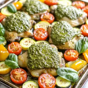 - 4 boneless, skinless chicken thighs - 1 cup cherry tomatoes, halved - 1/2 cup basil pesto (store-bought or homemade) - 1 medium zucchini, sliced into half-moons - 1 bell pepper (red or yellow), sliced - 3 tablespoons olive oil - 1 teaspoon garlic powder - Salt and pepper to taste - Fresh basil leaves for garnish - Alternatives for chicken thighs: You can use chicken breasts or drumsticks. Both options work well and stay juicy. - Variations for vegetables: Try using asparagus, broccoli, or green beans. These add crunch and flavor. - Homemade pesto recipe: Blend 2 cups of fresh basil, 1/4 cup pine nuts, 1/2 cup olive oil, 1/2 cup Parmesan cheese, and garlic to taste. This creates a fresh, tasty pesto. The right ingredients make all the difference in your dish. Use fresh items for the best flavors. Feel free to mix and match based on what you have. This way, you can make your own version of Pesto Chicken & Cherry Tomato Sheet Pan. Enjoy the fun of cooking! First, you need to marinate the chicken thighs. Take a large bowl and add the chicken. Pour half of the basil pesto over it. Mix well to coat every piece. Let it sit for about 10 minutes. This helps the chicken absorb all that tasty flavor. Make sure the pesto covers the chicken evenly. If you see any dry spots, add a little more pesto. This will give you a juicy and flavorful chicken. Next, it’s time to prepare the vegetables. Grab your cherry tomatoes, zucchini, and bell pepper. Cut the cherry tomatoes in half. Slice the zucchini into half-moons. Cut the bell pepper into strips. Put all the veggies in a large bowl. Drizzle them with olive oil. Add garlic powder, salt, and pepper. Toss everything together. This makes sure each piece is seasoned well. Now, arrange the seasoned vegetables on the sheet pan. Spread them out evenly. This helps them roast nicely without steaming. Now, let’s cook your dish. Preheat your oven to 400°F (200°C). Once it’s ready, create a space in the center of the sheet pan for the chicken. Place the marinated chicken thighs there. Spoon the rest of the pesto over the chicken. This adds extra flavor as it cooks. Roast everything in the oven for 25-30 minutes. To check for doneness, use a meat thermometer. The chicken needs to reach 165°F (75°C). While cooking, the vegetables should become tender and caramelized. When everything is done, take it out of the oven. Let it rest for about 5 minutes before serving. This keeps the chicken juicy. Enjoy your delicious pesto chicken and cherry tomatoes! For a burst of flavor, add spices like crushed red pepper or Italian herbs. These will give your dish a nice kick. Marinate your chicken for at least 30 minutes, or even overnight. This allows the pesto to soak in more. You will taste the difference with extra time. To check vegetable doneness, look for a slight char and tenderness. The zucchini and bell pepper should be soft but not mushy. Always let the chicken rest for about 5 minutes after roasting. This helps the juices stay inside, making it juicier when you cut into it. Pair this dish with a fresh green salad or garlic bread. A side of quinoa or rice also works well. For plating, arrange the chicken and veggies neatly on the plate. Drizzle some extra pesto on top for a beautiful finish. Don’t forget to add fresh basil leaves for color and flavor! {{image_2}} You can switch chicken for salmon or tofu. Both options add unique flavors. For salmon, use skin-on fillets for extra crispiness. Bake it for about 15-20 minutes at 400°F. If you choose tofu, press it first to remove excess water. Cut it into cubes and roast for 25-30 minutes. Adjusting the cooking time is key to keep your meal tasty. Using seasonal veggies can elevate your dish. In spring, try asparagus or peas. In summer, add corn or eggplant. For fall, include butternut squash or Brussels sprouts. Adding herbs like thyme or rosemary can enhance the taste. Fresh herbs also bring a burst of color and flavor to your meal. You can easily make this dish gluten-free. Just check your pesto for gluten content or make your own. For a low-carb option, skip the zucchini and add cauliflower instead. This keeps your meal light yet filling. You can still enjoy the flavors while sticking to your diet. After cooking, let the dish cool. Place leftovers in a shallow container. Use airtight containers for the best results. You can store the dish in the fridge for up to three days. If you want to keep it longer, freeze it. It lasts well in the freezer for about three months. To reheat, you can use the oven or microwave. For the oven, preheat it to 350°F (175°C). Place the chicken and veggies on a baking sheet. Heat for about 15-20 minutes until warm. In the microwave, use a microwave-safe dish. Heat on medium for two to three minutes. Stir halfway to heat evenly. This keeps the flavors and textures fresh. You can prep the chicken and veggies in advance. Marinate the chicken a day before and store it in the fridge. Cut the vegetables and keep them in a separate container. This makes cooking easier on busy days. To repurpose leftovers, try making a pesto chicken wrap. You can also toss it into a salad for a fresh meal. Yes, you can use frozen chicken. Just make sure to thaw it completely first. Thawing helps the chicken cook evenly. You can do this overnight in the fridge or use cold water for a quick thaw. After thawing, follow the marinating steps as usual. To check if the chicken is done, use a meat thermometer. The chicken should reach an internal temperature of 165°F (75°C). If you don’t have a thermometer, cut into the thickest part. The meat should be white and juices should run clear, not pink. Making homemade pesto is easy! You need fresh basil, garlic, nuts, cheese, and olive oil. Blend 2 cups of basil, 2 cloves of garlic, 1/3 cup of nuts (like pine nuts or walnuts), and 1/2 cup of parmesan cheese in a food processor. Slowly add 1/2 cup of olive oil while blending until smooth. Adjust salt and pepper to taste. Yes, you can prepare this dish ahead of time. Marinate the chicken and cut the veggies the day before. Store them in the fridge until you're ready to cook. This saves time on busy days and makes dinner a breeze. You can serve this dish with a fresh salad or some crusty bread. A side of rice or quinoa also works well. For a light meal, try pairing it with steamed vegetables. Don’t forget to add a drizzle of olive oil or a splash of lemon juice for extra flavor! This dish brings together chicken, bright veggies, and flavorful pesto. You learned how to marinate chicken, prepare fresh vegetables, and roast it all to perfection. With simple swaps, you can customize flavors to match your taste. Remember to store leftovers properly and reheat them right for the best experience. I hope you enjoy cooking and sharing this meal as much as I do. It’s a quick recipe that’s both tasty and satisfying.