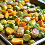 To make Sheet-Pan Maple Dijon Sausage & Veggies, you need: - 4 chicken or turkey sausages, sliced - 2 cups Brussels sprouts, halved - 1 cup baby carrots, halved lengthwise - 1 red onion, sliced into wedges - 1 cup sweet potatoes, diced - 3 tablespoons olive oil - 2 tablespoons pure maple syrup - 2 tablespoons Dijon mustard - 1 teaspoon garlic powder - 1 teaspoon dried thyme - Salt and pepper to taste These ingredients blend together to create a warm, flavorful meal. The sausages add protein, while the veggies bring color and nutrients. The maple syrup and Dijon mustard dressing adds a sweet and tangy punch. You can enhance the dish with these extras: - Additional spices or herbs like rosemary or oregano - Substitutes for seasonal vegetables, such as zucchini or bell peppers Feel free to get creative! Using different herbs or veggies can change the dish's flavor profile. To prepare the ingredients, use these tips: - For proper slicing, hold the sausage steady and cut evenly. Aim for slices about half an inch thick. - When dicing sweet potatoes, peel them first. Cut them into cubes that are about one inch. This size helps them cook evenly. Taking your time with prep makes a big difference in the final dish. Uniform pieces cook at the same rate, ensuring a tasty meal. First, preheat your oven to 425°F (220°C). This step is key for a crispy dish. While the oven heats, grab a large bowl. In that bowl, whisk together 3 tablespoons of olive oil, 2 tablespoons of pure maple syrup, and 2 tablespoons of Dijon mustard. Add in 1 teaspoon of garlic powder, 1 teaspoon of dried thyme, and a pinch of salt and pepper. Whisk until it all blends well. This dressing gives the dish its sweet and tangy flavor. Now, add 4 sliced chicken or turkey sausages, 2 cups of halved Brussels sprouts, 1 cup of halved baby carrots, 1 sliced red onion, and 1 cup of diced sweet potatoes to your bowl. Toss everything together. Make sure all the ingredients get an even coating of the dressing. This helps each bite be full of flavor. Once mixed, spread the entire mixture out on a large sheet pan. Make sure it lays in a single layer for the best cooking. Bake it in the oven for 25-30 minutes. Halfway through, stir the ingredients gently. This step helps them cook evenly. Keep an eye on them until the sausages are cooked through and the veggies are tender with a nice caramelization. When done, take it out and let it cool for a couple of minutes. To make your dish burst with flavor, add herbs or spices before baking. Fresh thyme works great, but you can experiment with rosemary, oregano, or even a pinch of red pepper flakes. These additions will elevate the taste and aroma of the dish. You can also adjust the sweetness and tanginess of your sauce. If you want more sweetness, add a bit more maple syrup. For extra tang, increase the Dijon mustard. Taste as you go to find your perfect balance. To check sausage doneness, look for a golden brown color. The internal temperature should reach 165°F (74°C). A meat thermometer is a great tool here. This ensures your sausages are safe to eat and full of flavor. For caramelizing vegetables, spread them out evenly on the sheet pan. This allows them to brown nicely. Stir halfway through the cooking time to promote even cooking. You want tender veggies with a sweet, rich caramel flavor. You can serve directly from the pan for a rustic look. This makes it easy and fun! If you want to impress, transfer the dish to a large serving platter. Drizzle some extra maple syrup on top for a glossy finish that looks appetizing. For garnishing, fresh thyme or parsley adds great color. Just sprinkle a bit on top before serving. This small touch enhances the dish's visual appeal and makes it even more inviting. {{image_2}} You can switch up the sausages for variety. Try vegan sausage for a plant-based meal. Pork sausage adds a rich flavor if you prefer meat. You can also use chicken sausage for a leaner option. Feel free to mix in different veggies. Zucchini, bell peppers, or green beans work great. They add new colors and textures to the dish. You can even use frozen veggies if you’re short on time. Just adjust the cooking time slightly. Want some heat? Add red pepper flakes or hot sauce to the dressing. This gives a nice kick and makes the dish more exciting. You can also experiment with different spices like smoked paprika or cumin for a smoky touch. For a bright taste, add citrus. Lemon or lime juice enhances the dish's flavor. You can toss in some zest for extra zing. This balances the sweetness of the maple syrup nicely. If you're gluten-free, choose gluten-free sausage. Make sure the mustard and other sauces are also gluten-free. This way, everyone can enjoy the meal without worry. For a low-carb option, skip the sweet potatoes. Use cauliflower instead. It roasts well and adds a nice texture. This keeps the dish hearty and satisfying without the carbs. Let the dish cool down for about 10 minutes after baking. This helps keep moisture in the food. Use an airtight container to store leftovers. Glass containers work great, but plastic ones are fine too. Make sure to seal the lid tightly to keep it fresh. You can freeze the leftovers for later. First, let it cool completely. Then, place the food in freezer-safe bags or containers. Squeeze out any air to prevent freezer burn. To reheat, thaw in the fridge overnight. Then, warm it in the oven at 350°F (175°C) for 20 minutes. You can also microwave it, but the oven keeps it crispy. In the fridge, this dish lasts about 3 to 4 days. Check for any changes in color or smell. If the veggies look mushy or smell off, it's best to toss them. Always trust your nose and eyes when it comes to food safety. Yes, you can prepare this dish ahead of time. Cut the sausages and veggies and mix them with the dressing. Store everything in the fridge for up to one day. When ready, spread it on a sheet pan and bake. I prefer chicken or turkey sausages. They are leaner and soak up the maple and Dijon flavors well. You can also use pork sausages if you like richer flavors. Absolutely! You can swap vegetables based on what you have. Zucchini, bell peppers, or broccoli work great. Just make sure to cut them into similar sizes for even cooking. The sausages should reach an internal temperature of 165°F (74°C). The veggies should be tender and have a slight caramelization. Stir halfway through baking to ensure all pieces cook evenly. This dish serves four and is about 350 calories per serving. It has protein from the sausages, fiber from the veggies, and healthy fats from the olive oil. For exact nutritional values, consult a nutrition calculator. This blog post covered key ingredients, preparation steps, and tips for an easy dish. You learned about essential items, like sausages and veggies, and how to mix them well. I shared storage tips for both short-term and long-term use. Remember, cooking is flexible. Feel free to swap ingredients and adjust flavors. Enjoy the cooking process and have fun experimenting with your meal prep!