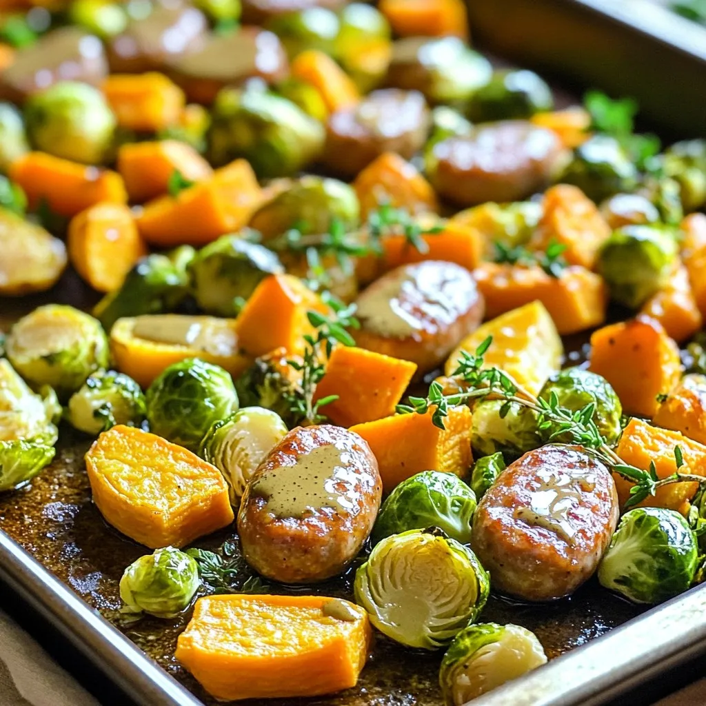 To make Sheet-Pan Maple Dijon Sausage & Veggies, you need: - 4 chicken or turkey sausages, sliced - 2 cups Brussels sprouts, halved - 1 cup baby carrots, halved lengthwise - 1 red onion, sliced into wedges - 1 cup sweet potatoes, diced - 3 tablespoons olive oil - 2 tablespoons pure maple syrup - 2 tablespoons Dijon mustard - 1 teaspoon garlic powder - 1 teaspoon dried thyme - Salt and pepper to taste These ingredients blend together to create a warm, flavorful meal. The sausages add protein, while the veggies bring color and nutrients. The maple syrup and Dijon mustard dressing adds a sweet and tangy punch. You can enhance the dish with these extras: - Additional spices or herbs like rosemary or oregano - Substitutes for seasonal vegetables, such as zucchini or bell peppers Feel free to get creative! Using different herbs or veggies can change the dish's flavor profile. To prepare the ingredients, use these tips: - For proper slicing, hold the sausage steady and cut evenly. Aim for slices about half an inch thick. - When dicing sweet potatoes, peel them first. Cut them into cubes that are about one inch. This size helps them cook evenly. Taking your time with prep makes a big difference in the final dish. Uniform pieces cook at the same rate, ensuring a tasty meal. First, preheat your oven to 425°F (220°C). This step is key for a crispy dish. While the oven heats, grab a large bowl. In that bowl, whisk together 3 tablespoons of olive oil, 2 tablespoons of pure maple syrup, and 2 tablespoons of Dijon mustard. Add in 1 teaspoon of garlic powder, 1 teaspoon of dried thyme, and a pinch of salt and pepper. Whisk until it all blends well. This dressing gives the dish its sweet and tangy flavor. Now, add 4 sliced chicken or turkey sausages, 2 cups of halved Brussels sprouts, 1 cup of halved baby carrots, 1 sliced red onion, and 1 cup of diced sweet potatoes to your bowl. Toss everything together. Make sure all the ingredients get an even coating of the dressing. This helps each bite be full of flavor. Once mixed, spread the entire mixture out on a large sheet pan. Make sure it lays in a single layer for the best cooking. Bake it in the oven for 25-30 minutes. Halfway through, stir the ingredients gently. This step helps them cook evenly. Keep an eye on them until the sausages are cooked through and the veggies are tender with a nice caramelization. When done, take it out and let it cool for a couple of minutes. To make your dish burst with flavor, add herbs or spices before baking. Fresh thyme works great, but you can experiment with rosemary, oregano, or even a pinch of red pepper flakes. These additions will elevate the taste and aroma of the dish. You can also adjust the sweetness and tanginess of your sauce. If you want more sweetness, add a bit more maple syrup. For extra tang, increase the Dijon mustard. Taste as you go to find your perfect balance. To check sausage doneness, look for a golden brown color. The internal temperature should reach 165°F (74°C). A meat thermometer is a great tool here. This ensures your sausages are safe to eat and full of flavor. For caramelizing vegetables, spread them out evenly on the sheet pan. This allows them to brown nicely. Stir halfway through the cooking time to promote even cooking. You want tender veggies with a sweet, rich caramel flavor. You can serve directly from the pan for a rustic look. This makes it easy and fun! If you want to impress, transfer the dish to a large serving platter. Drizzle some extra maple syrup on top for a glossy finish that looks appetizing. For garnishing, fresh thyme or parsley adds great color. Just sprinkle a bit on top before serving. This small touch enhances the dish's visual appeal and makes it even more inviting. {{image_2}} You can switch up the sausages for variety. Try vegan sausage for a plant-based meal. Pork sausage adds a rich flavor if you prefer meat. You can also use chicken sausage for a leaner option. Feel free to mix in different veggies. Zucchini, bell peppers, or green beans work great. They add new colors and textures to the dish. You can even use frozen veggies if you’re short on time. Just adjust the cooking time slightly. Want some heat? Add red pepper flakes or hot sauce to the dressing. This gives a nice kick and makes the dish more exciting. You can also experiment with different spices like smoked paprika or cumin for a smoky touch. For a bright taste, add citrus. Lemon or lime juice enhances the dish's flavor. You can toss in some zest for extra zing. This balances the sweetness of the maple syrup nicely. If you're gluten-free, choose gluten-free sausage. Make sure the mustard and other sauces are also gluten-free. This way, everyone can enjoy the meal without worry. For a low-carb option, skip the sweet potatoes. Use cauliflower instead. It roasts well and adds a nice texture. This keeps the dish hearty and satisfying without the carbs. Let the dish cool down for about 10 minutes after baking. This helps keep moisture in the food. Use an airtight container to store leftovers. Glass containers work great, but plastic ones are fine too. Make sure to seal the lid tightly to keep it fresh. You can freeze the leftovers for later. First, let it cool completely. Then, place the food in freezer-safe bags or containers. Squeeze out any air to prevent freezer burn. To reheat, thaw in the fridge overnight. Then, warm it in the oven at 350°F (175°C) for 20 minutes. You can also microwave it, but the oven keeps it crispy. In the fridge, this dish lasts about 3 to 4 days. Check for any changes in color or smell. If the veggies look mushy or smell off, it's best to toss them. Always trust your nose and eyes when it comes to food safety. Yes, you can prepare this dish ahead of time. Cut the sausages and veggies and mix them with the dressing. Store everything in the fridge for up to one day. When ready, spread it on a sheet pan and bake. I prefer chicken or turkey sausages. They are leaner and soak up the maple and Dijon flavors well. You can also use pork sausages if you like richer flavors. Absolutely! You can swap vegetables based on what you have. Zucchini, bell peppers, or broccoli work great. Just make sure to cut them into similar sizes for even cooking. The sausages should reach an internal temperature of 165°F (74°C). The veggies should be tender and have a slight caramelization. Stir halfway through baking to ensure all pieces cook evenly. This dish serves four and is about 350 calories per serving. It has protein from the sausages, fiber from the veggies, and healthy fats from the olive oil. For exact nutritional values, consult a nutrition calculator. This blog post covered key ingredients, preparation steps, and tips for an easy dish. You learned about essential items, like sausages and veggies, and how to mix them well. I shared storage tips for both short-term and long-term use. Remember, cooking is flexible. Feel free to swap ingredients and adjust flavors. Enjoy the cooking process and have fun experimenting with your meal prep!