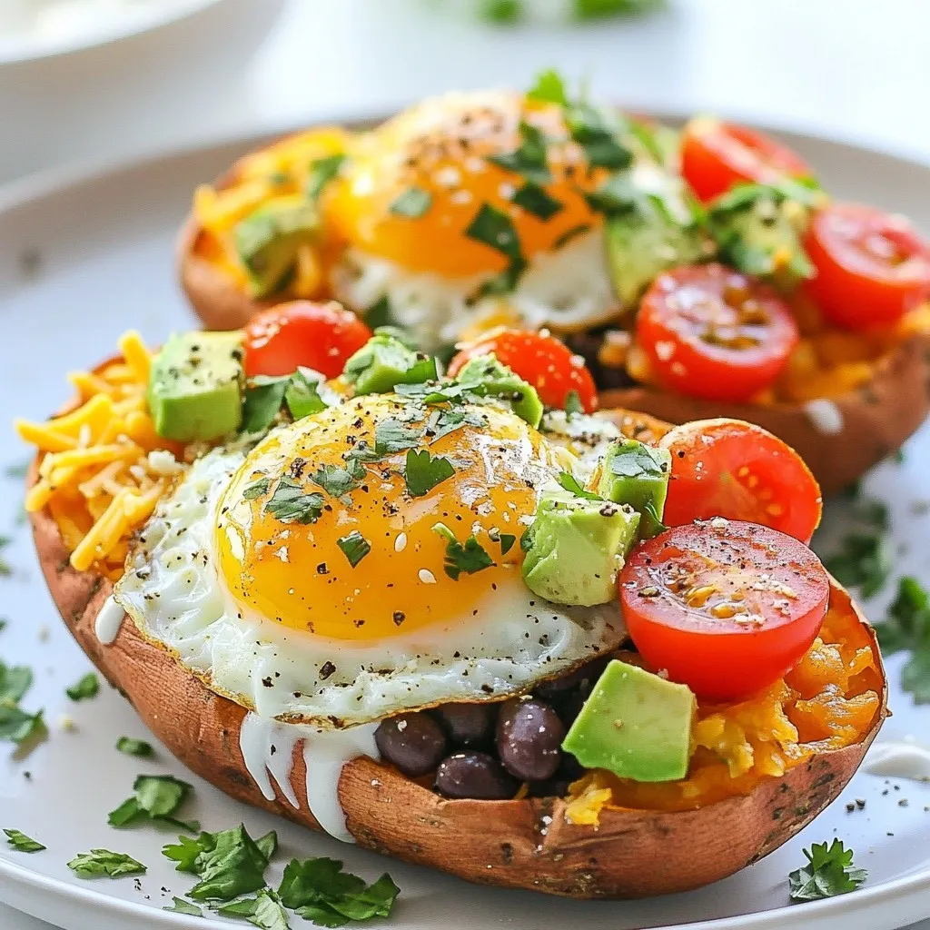 - 2 medium sweet potatoes - 4 large eggs - 1/2 cup black beans, rinsed and drained - 1/2 avocado, diced - 1/4 cup cherry tomatoes, halved - 1/4 cup shredded cheddar cheese - 2 tablespoons Greek yogurt - 1 tablespoon olive oil - 1 teaspoon cumin - 1/2 teaspoon paprika - Salt and pepper to taste - Fresh cilantro - Additional veggies The heart of loaded breakfast sweet potatoes lies in the ingredients. Sweet potatoes serve as the base. They bring a natural sweetness and a lovely texture. Next, I add eggs, which provide protein. You can cook these any way you like. Black beans add more protein and fiber. Avocado gives creaminess and healthy fats. Cherry tomatoes add a pop of color and freshness. Cheddar cheese melts beautifully over the dish, adding richness. Greek yogurt not only adds creaminess but also a tangy flavor. For spices, cumin and paprika bring warmth and depth. Salt and pepper enhance all the other flavors. Feel free to adjust these to suit your taste. If you want to add more color and flavor, consider cilantro or other veggies on top. Each ingredient plays a key role in making this dish vibrant and filling. {{ingredient_image_1}} Preheating the Oven First, set your oven to 400°F (200°C). This heat will make the sweet potatoes soft and sweet. Washing and Pricking Sweet Potatoes Next, wash two medium sweet potatoes under cool water. Dry them with a towel. Use a fork to prick each potato all over. This lets steam escape while they bake. Rub a little olive oil on each potato and sprinkle salt for flavor. Baking Instructions Place the sweet potatoes directly on the oven rack or on a baking sheet. Bake them for 45-50 minutes. Check if they are soft by poking with a fork. When done, take them out and let them cool for a few minutes. Mixing Black Beans with Spices In a small bowl, mix 1/2 cup of rinsed black beans with 1 teaspoon of cumin, 1/2 teaspoon of paprika, and salt and pepper to taste. This will add flavor and protein to your dish. Cooking Eggs to Preference In a non-stick skillet over medium heat, crack four large eggs. Cook them how you like: sunny-side up, scrambled, or however you enjoy them. Add a pinch of salt and pepper for taste. Fluffing Sweet Potatoes Once the sweet potatoes are cool, slice each in half lengthwise. Use a fork to fluff the insides gently. This makes them light and ready for toppings. Layering Toppings On each sweet potato half, add the black bean mixture. Top with the cooked eggs, diced avocado, halved cherry tomatoes, and a sprinkle of shredded cheddar cheese. Final Garnishes To finish, drizzle some Greek yogurt on top of each potato. Add fresh cilantro for a bright touch. Serve these loaded breakfast sweet potatoes on a colorful plate for a delightful morning meal. To bake sweet potatoes just right, you need the right time and temperature. Preheat your oven to 400°F (200°C). This heat helps the sweet potatoes cook evenly. Bake them for 45-50 minutes. Check for tenderness by poking them with a fork. When they feel soft, they are ready. To ensure even cooking, wash and dry the sweet potatoes well. Prick them all over with a fork. This helps steam escape while baking. Lightly rub them with olive oil and sprinkle with salt. This adds flavor and helps the skin crisp up. You can cook eggs in many ways. For this dish, I like sunny-side up or scrambled eggs. Sunny-side up eggs have a runny yolk that adds creaminess. Scrambled eggs are fluffy and mix well with the other toppings. Season your eggs with salt and pepper. You can also add spices like cumin or paprika for extra flavor. Just a pinch elevates the taste. Fresh herbs really boost the flavor of your sweet potatoes. I love using cilantro. It adds freshness and a pop of color. You can sprinkle some on top before serving. For plating, choose a colorful plate. Place the sweet potatoes slightly off-center. This makes the dish look more inviting. Add a sprig of cilantro on top for a beautiful touch. Enjoy your tasty creation! Pro Tips Choose the Right Sweet Potatoes: Opt for medium-sized sweet potatoes for even cooking and a perfect balance of sweetness. Perfectly Cooked Eggs: For the best texture, consider cooking your eggs just until the whites are set but the yolks remain runny. Customize Your Toppings: Feel free to add other toppings like salsa, hot sauce, or crumbled feta for an extra flavor boost. Meal Prep Friendly: Bake extra sweet potatoes in advance to use throughout the week for quick breakfasts or lunches. {{image_2}} You can easily make loaded breakfast sweet potatoes vegetarian. Start by adding more veggies. Spinach, bell peppers, or zucchini work well. These ingredients add color and nutrition. You can also use plant-based egg alternatives. Products like tofu or chickpea flour are great choices. They mimic egg texture and add protein. For a spicy twist, add jalapeños or hot sauce. This gives your sweet potatoes a kick! You can also create a southwest-inspired version. Use toppings like corn, black olives, and salsa. These ingredients bring bold flavors and vibrant colors. If you need gluten-free options, all the ingredients here are safe. Just check your toppings. Some sauces may contain gluten. For low-carb choices, skip the black beans or cheese. Instead, focus on veggies like mushrooms or spinach. This keeps the dish healthy and delicious. After making loaded breakfast sweet potatoes, let them cool. Store leftovers in an airtight container. This helps keep them fresh. They will last for about 3 to 5 days in the fridge. If you want to keep them longer, consider freezing. You can reheat loaded breakfast sweet potatoes in two ways: microwave or oven. - Microwave: Place the sweet potato on a microwave-safe plate. Heat for 1 to 2 minutes until warm. Check that it heats evenly. - Oven: Preheat your oven to 350°F (175°C). Wrap the sweet potato in foil. Heat for about 15-20 minutes. This method keeps the skin nice and crispy. To make mornings easier, prepare loaded breakfast sweet potatoes ahead of time. Bake the sweet potatoes and let them cool. Store them in the fridge. You can also pre-cook black beans and eggs. In the morning, just assemble and heat. This saves time and lets you enjoy a tasty breakfast! Loaded breakfast sweet potatoes last about 3 to 5 days in the fridge. Store them in an airtight container. This keeps them fresh and tasty. Reheat them in the microwave or oven. Just make sure they are heated all the way through. Yes, you can use other potatoes if you want. Regular potatoes or even Yukon Golds work well. They may not have the same sweetness but will still taste great. Just remember, cooking time may change based on the type of potato. You can mix up the toppings for fun. Here are some quick ideas: - Sliced green onions - Crumbled feta cheese - Salsa or hot sauce - Cooked spinach or kale - Hummus for a creamy touch These can add new flavors and textures to your dish. Yes, these sweet potatoes are great for meal prep. You can bake them in advance and store them. Just add toppings when you are ready to eat. This makes busy mornings much easier and keeps you on track with your meals. To make loaded breakfast sweet potatoes vegan, swap out the eggs and cheese. Use tofu or chickpeas for protein. You can also use vegan cheese or skip it altogether. Greek yogurt can be replaced with vegan yogurt for creaminess. Yes, you can freeze them. Bake the sweet potatoes and let them cool. Store them in freezer-safe bags. Just remember to separate the toppings. When you are ready to eat, thaw and reheat them in the oven or microwave for the best taste. You now know how to create loaded breakfast sweet potatoes. We covered key ingredients, steps, and tips. Using sweet potatoes, eggs, and black beans makes a nutritious dish. You can vary toppings for fun flavors and dietary needs. Remember to store leftovers right and reheat carefully. Enjoy this meal for breakfast or any time. It's easy, healthy, and sure to please. Now you can impress others with this tasty recipe!