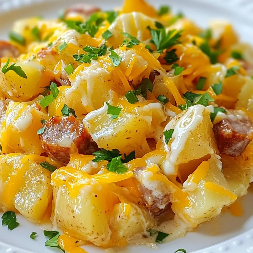 To make Cheesy Ranch Potatoes with Sausage, you need some simple ingredients. Here’s the list: - 4 medium russet potatoes, diced into 1-inch cubes - 1 pound smoked sausage, sliced - 1 cup shredded cheddar cheese - 1 cup ranch dressing - 2 tablespoons olive oil - 1 teaspoon garlic powder - 1 teaspoon paprika - ½ teaspoon onion powder - Salt and pepper to taste - 2 green onions, chopped (for garnish) - Fresh parsley, chopped (for garnish) Each ingredient plays a role in creating the dish's rich flavor. The russet potatoes give a nice texture, while the sausage adds a savory kick. The cheddar cheese melts into gooey goodness, and the ranch dressing brings everything together with its creamy tang. Don't forget the spices! Garlic powder and paprika enhance the taste, while onion powder adds depth. The salt and pepper finish the flavor balance. Finally, the green onions and parsley add a fresh touch, making the dish look beautiful. {{ingredient_image_1}} Start by setting your oven to 400°F (200°C). This step is key to getting your potatoes crispy and golden. In a large bowl, combine 4 diced russet potatoes and 1 pound of sliced smoked sausage. I like to use turkey, chicken, or beef sausage. Next, drizzle 2 tablespoons of olive oil over the mixture. Add 1 teaspoon of garlic powder, 1 teaspoon of paprika, and ½ teaspoon of onion powder. Season with salt and pepper to taste. Toss everything together until well coated. Spread the potato and sausage mixture evenly on a large baking sheet. Make sure there is enough space for even cooking. Bake for 30 to 35 minutes. Stir halfway through to ensure even browning and tenderness. - Drizzle Ranch Dressing and Add Cheese Once the potatoes are tender and golden, take the baking sheet out of the oven. Drizzle 1 cup of ranch dressing over the hot mixture. Then, sprinkle 1 cup of shredded cheddar cheese on top. - Final Baking to Melt Cheese Return the baking sheet to the oven. Bake for an additional 5 to 7 minutes. This will melt the cheese and make it bubbly. - Garnish and Serve After baking, remove the sheet from the oven. Garnish with chopped green onions and fresh parsley for a touch of color. Serve hot and enjoy your cheesy ranch potatoes with sausage! Choose medium russet potatoes for this dish. They have a great texture. Russets are starchy and turn soft and fluffy when cooked. Look for potatoes that are firm and free from spots or blemishes. This ensures they will cook well and taste great. To boost the cheese flavor, use a blend of cheeses. Cheddar is fantastic, but you can mix in mozzarella or pepper jack for a twist. Try adding more cheese than the recipe calls for. It will make your dish extra gooey and delicious. To get even cooking, cut your potatoes into 1-inch cubes. Uniform size helps them cook at the same rate. Spread the mixture out on the baking sheet. Make sure the pieces do not touch. This allows hot air to flow around them. - How to Avoid Soggy Potatoes To keep potatoes crispy, don’t cover them while baking. Use a high oven temperature, around 400°F (200°C). Stir the mixture halfway through cooking to promote browning. The olive oil helps crisp the edges, so don’t skip it! Pro Tips Choose the Right Sausage: Opt for a smoked sausage that complements the flavors of ranch and cheese; turkey or chicken sausage can be a lighter alternative. Perfect Potato Preparation: Ensure your potato cubes are uniform in size for even cooking; dicing them into 1-inch cubes helps them cook through perfectly. Layering Flavors: For an extra kick, consider adding a sprinkle of red pepper flakes or your favorite hot sauce to the ranch dressing before drizzling it over the dish. Garnish Wisely: Fresh herbs like parsley or chives not only add color but also enhance the freshness of the dish; don’t skip this step! {{image_2}} You can easily make Cheesy Ranch Potatoes healthier. Swap smoked sausage with turkey sausage. Turkey sausage has less fat and fewer calories. You can also use low-fat ranch dressing. This gives you the same creamy taste without the extra calories. These small changes can help you enjoy this dish while keeping it lighter. Want to spice things up? Add some heat with cayenne pepper or diced jalapeños. Both will give your dish a nice kick. You can also mix up the cheese. Try pepper jack for a spicy twist, or mozzarella for a milder flavor. Each cheese brings a different taste to your Cheesy Ranch Potatoes. You can get creative with add-ins. Bell peppers, broccoli, or corn work well. Just chop them into small pieces and mix them in. They add color and nutrition. For toppings, consider crispy bacon bits or crushed tortilla chips for crunch. A sprinkle of smoked paprika can also enhance the flavor. Each addition makes the dish more fun and tasty. To keep your cheesy ranch potatoes with sausage fresh, place them in an airtight container. Let them cool before sealing. Store the container in the fridge. They will last for 3 to 4 days. When ready to eat your leftovers, preheat your oven to 350°F (175°C). Spread the potatoes and sausage on a baking sheet. Heat for about 15-20 minutes until warm. You can also use a microwave. Heat in a microwave-safe dish for 2-3 minutes. Stir halfway for even heating. If you want to freeze this dish, place it in a freezer-safe container. It will stay good for up to 3 months. To thaw, move the container to the fridge for a day before cooking. Reheat in the oven or microwave as mentioned above. Enjoy your cheesy delight even after freezing! Yes, you can make Cheesy Ranch Potatoes without sausage. Just skip the sausage and add more veggies. Try bell peppers or mushrooms for extra flavor. You can also add beans for protein. The ranch dressing and cheese will still make it delicious! If you need a ranch dressing substitute, use plain yogurt mixed with herbs. Combine yogurt with garlic powder, dill, and a splash of lemon juice. You can also use blue cheese dressing or Italian dressing. Each option adds a different taste, but will still be tasty. Baking time changes with potato size. If you use smaller cubes, check for doneness at 25 minutes. Larger cubes may need up to 40 minutes. Always poke a potato with a fork to see if it’s soft. Adjust as needed to ensure they cook through. Yes, you can prepare Cheesy Ranch Potatoes in advance. Cut the potatoes and sausage, and mix them with the seasoning. Store them in the fridge for up to a day. When ready, bake them as usual. Just remember to adjust the baking time if they are cold. In this article, we explored how to create delicious Cheesy Ranch Potatoes. We covered the key ingredients, simple step-by-step instructions, and helpful tips for perfect results. Plus, you learned about tasty variations and smart storage tips. These cheesy potatoes are easy to make and fun to share. Feel free to mix in your favorite ingredients. Enjoy this dish at your next gathering and impress your friends and family!