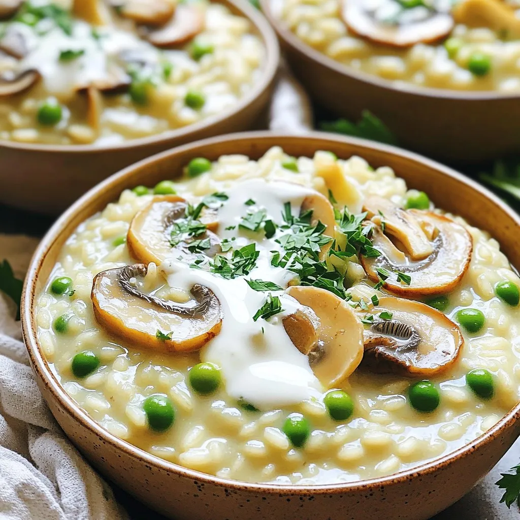 - 1 ½ cups Arborio rice - 4 cups vegetable broth - 1 cup heavy cream - 1 onion, finely chopped - 3 cloves garlic, minced - 2 cups mushrooms (cremini or button), sliced - 1 cup Parmesan cheese, grated - ½ cup peas (fresh or frozen) - 2 tablespoons olive oil - Salt and pepper to taste - Fresh parsley, chopped (for garnish) Arborio rice is special for risotto. It has a high starch content. This gives risotto its creamy texture. The vegetable broth adds rich flavor. You can use homemade or store-bought. Heavy cream makes the dish rich and smooth. Parmesan cheese adds a salty, nutty taste. Fresh mushrooms bring an earthy flavor. Fresh or frozen peas add sweetness and color. If you can't find Arborio rice, use Carnaroli rice. You can swap heavy cream with coconut milk for a lighter dish. For a vegan version, use nutritional yeast instead of Parmesan. You can replace vegetable broth with chicken broth for added depth. If you lack fresh mushrooms, canned mushrooms work in a pinch. First, I add olive oil to the slow cooker. If your slow cooker has a sauté setting, use it. If not, you can also use a pan on medium heat. I chop one onion finely and add it to the hot oil. I cook the onion until it turns soft and translucent, which takes about five minutes. Next, I mince three cloves of garlic and add them to the pot. After that, I slice two cups of mushrooms, either cremini or button, and add them too. I cook everything until the mushrooms are tender, about four to five minutes. This mix smells amazing! Now it's time for the rice. I measure out one and a half cups of Arborio rice and add it to the pot. I stir well to coat the rice with the oil and flavors from the onion, garlic, and mushrooms. I give it about two more minutes to soak in those yummy tastes. Then, I pour in four cups of vegetable broth and stir everything together. I cover the slow cooker and set it on low for two hours. During this time, I check on it and give it a stir every so often. This helps the rice cook evenly. After two hours, I open the lid and pour in one cup of heavy cream. I also add half a cup of peas, either fresh or frozen. I stir the mix well and then add one cup of grated Parmesan cheese. Salt and pepper come next, to taste. I cover it again and let it cook for another thirty minutes. This is when the flavors blend perfectly. Before I serve it, I give it one last stir and check the seasoning. For a beautiful touch, I serve the risotto in wide bowls and sprinkle some fresh parsley on top. This not only looks great but adds a lovely fresh taste too. To make your risotto creamy, use Arborio rice. It has a high starch content, which adds that rich texture. Stir the risotto often. This helps release more starch and makes it creamier. When you add the heavy cream, do it after the main cooking time. It will keep the cream smooth and fresh. Start by sautéing the onion and garlic in olive oil. This builds a great base flavor. When you add the rice, let it toast for a couple minutes. This step helps the rice absorb flavors better. Always use warm broth when adding to the slow cooker. Cold broth can shock the rice and affect cooking. Serve your risotto in wide bowls. This allows the creamy texture to shine. Garnish with fresh parsley for color. A drizzle of extra cream can also add flair. You can pair it with a simple salad or crusty bread for a complete meal. Enjoy the comfort of this delicious dish! {{image_2}} You can easily change up your creamy mushroom risotto. Try adding vegetables like spinach, zucchini, or bell peppers. Just chop them up and toss them in during cooking. These veggies add color and nutrition. They also give new flavors to your dish. For a twist, add sun-dried tomatoes for a sweet and tangy touch. If you want your risotto to be more filling, add some protein. Grilled chicken, shrimp, or bacon can be great choices. You can also use chickpeas or lentils for a meat-free option. Just cook the protein separately and mix it in during the last minutes of cooking. This way, you keep the flavors balanced and yummy. To make this dish lighter, you can swap the heavy cream. Use coconut milk or almond milk instead. These options still give creaminess but with fewer calories. You can also use cashew cream for a rich taste without dairy. Just blend soaked cashews with water until smooth, and stir it in during the cooking process. After enjoying your Slow Cooker Creamy Mushroom Risotto, store leftovers right away. Use an airtight container to keep it fresh. Let the risotto cool down for about 30 minutes before sealing. This helps prevent moisture buildup. You can keep it in the fridge for up to three days. When you're ready to eat, reheating is simple. Place the risotto in a pot on low heat. Add a splash of vegetable broth or cream to help restore creaminess. Stir often to heat evenly. It takes about 5 to 10 minutes to warm up. You can also use the microwave. Heat it in short bursts, stirring in between. If you want to save risotto for later, freezing works well. Scoop cooled risotto into freezer-safe bags or containers. Press out as much air as you can before sealing. You can freeze it for up to two months. To enjoy it again, thaw it in the fridge overnight. Reheat as mentioned before. This way, you can savor a comforting meal anytime! You know your risotto is done when the rice is creamy and tender. Each grain should feel soft but still have a slight bite. Stir the risotto often while it cooks. This helps to release the starches, making it creamy. Taste a grain to check for doneness. If it is still hard, let it cook a little longer. Yes, you can use other types of rice, but Arborio is best. Arborio rice has more starch, giving risotto its creamy texture. Other short-grain rice can work, like Carnaroli or Vialone Nano. Long-grain rice, like basmati, won’t give the same creaminess. If you choose a different rice, adjust the cooking time and liquid to suit it. You can use half-and-half, whole milk, or coconut milk instead. These options can give a creamy texture too. If you want a lighter dish, use low-fat milk or a plant-based milk. Keep in mind that the flavor will change slightly. For a richer taste, add some extra cheese to balance it out. You’ve learned key ingredients for perfect risotto and how to prepare it step-by-step. I shared tips on making it creamy and looked at fun variations. Remember, you can change up the veggies, add proteins, or even use dairy alternatives. Proper storage will keep leftovers fresh for later. Enjoy your risotto journey, and don’t be afraid to experiment. Every batch is a chance to create something delicious!