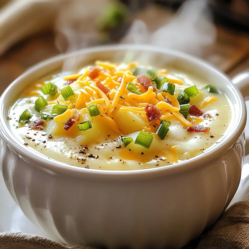 - 4 large russet potatoes, peeled and diced - 1 medium onion, finely chopped - 3 cloves garlic, minced - 4 cups chicken or vegetable broth - 1 cup heavy cream - 1 cup sharp cheddar cheese, shredded - 1/2 cup sour cream - 4 slices turkey bacon, cooked and crumbled (optional; can be omitted for vegetarian) - 1/4 cup green onions, chopped - 1 teaspoon salt - 1/2 teaspoon black pepper - 1 teaspoon paprika - 1 tablespoon olive oil Loaded potato soup is all about comfort. The star of the show is the russet potatoes. Their starchy texture makes the soup thick and creamy. I love peeling and dicing them into small cubes. It helps them cook faster and evenly. Next, we add the onion and garlic. The onion gives a sweet base to the soup. Sautéing it until it’s soft brings out those great flavors. The garlic adds a punch that makes everything taste better. The broth is key. You can use chicken or vegetable broth, depending on your taste. It adds depth to the soup. Heavy cream comes in next, making the soup rich and velvety. I use sharp cheddar cheese for a bold flavor. It melts perfectly and gives the soup a cheesy goodness. Sour cream adds a nice tang. It balances out the rich flavors. If you want, you can add turkey bacon for extra crunch and flavor. Lastly, green onions bring a fresh touch. They make the soup look pretty, too. Seasonings like salt, black pepper, and paprika round out the dish. They enhance all the flavors in the soup. With these ingredients, you’ll create a warming bowl of loaded potato soup that everyone will love. {{ingredient_image_1}} First, heat 1 tablespoon of olive oil in a large pot over medium heat. Once hot, add 1 medium onion, finely chopped. Sauté the onion for about 5 minutes until it turns translucent. Next, add 3 cloves of minced garlic and sauté for another minute. You want the garlic to be fragrant but not burnt. Now, it’s time to add the main ingredients. Stir in 4 large russet potatoes, peeled and diced. Pour in 4 cups of chicken or vegetable broth, then add 1 teaspoon of salt, 1/2 teaspoon of black pepper, and 1 teaspoon of paprika. Bring the mixture to a boil, then lower the heat. Let it simmer for 15 to 20 minutes until the potatoes are tender. While the soup simmers, check on the potatoes. You want them soft enough to blend. After they are tender, use an immersion blender to puree half the soup. If you don’t have an immersion blender, scoop out half of the soup into a regular blender. Blend it until smooth, then return it to the pot. This gives the soup a nice texture, mixing creamy with chunky. Now, let’s make it rich and creamy! Stir in 1 cup of heavy cream and bring the soup back to a gentle boil. Next, add 1 cup of shredded sharp cheddar cheese. Stir until the cheese melts completely. Then, mix in 1/2 cup of sour cream for extra creaminess. If you like bacon, add 2 slices of crumbled turkey bacon now, saving some for the top. Lastly, taste your soup and adjust the seasoning if needed. Serve hot, garnished with chopped green onions, crumbled bacon, and more cheese if you like! You can make loaded potato soup fit your needs. For a vegetarian version, skip the turkey bacon. You can use extra veggies instead, like carrots or spinach. If you want a vegan soup, swap heavy cream with coconut milk. Use vegan cheese to keep it tasty! For toppings, you have many choices. Add crispy onions for crunch or fresh herbs for a pop of color. Avocado slices can add creaminess. You can even sprinkle some hot sauce for a kick! Blending the soup is key for a smooth texture. I like using an immersion blender. It’s simple and keeps the soup in the pot. If you prefer a chunkier soup, blend only half of it. This gives nice bits of potato to enjoy. If you want to adjust the seasoning, taste as you go. Add salt or pepper gradually. This way, you won’t overpower the flavors. If it’s too thick, add more broth or cream to lighten it up. This soup pairs well with many sides. Try it with crusty bread or a fresh salad. A grilled cheese sandwich makes a great partner too! To make it look warm and inviting, use a nice bowl. Top the soup with green onions and more cheese. A drizzle of cream adds a nice finish. Serve it hot for a cozy meal! Pro Tips Choose the Right Potatoes: Russet potatoes work best for this soup due to their high starch content, which creates a creamy texture. Adjust the Thickness: For a thicker soup, blend more of the potatoes. If you prefer a thinner consistency, simply leave more chunks or add additional broth. Cheese Variations: Feel free to experiment with different types of cheese, such as Gruyère or Monterey Jack, for a unique flavor twist. Make it Ahead: This soup can be made in advance and stored in the refrigerator. Reheat gently on the stove, adding a splash of broth if needed. {{image_2}} You can easily change the flavor of your loaded potato soup. Adding herbs like thyme or rosemary can lift the taste. Both herbs add a warm and fragrant note. If you want some heat, try adding jalapeños. They bring a nice kick and make the soup more exciting. Just chop them finely and mix them in during cooking. You can adjust the amount based on your spice level. Switching up the cheese can also change the flavor. Sharp cheddar is classic, but you can try gouda or pepper jack. Each cheese brings its own taste and creaminess. For those who prefer dairy-free options, you can use coconut milk instead of heavy cream. Nutritional yeast can replace cheese for a cheesy flavor. Just ensure you balance the seasonings for a tasty result. You can give your soup a regional twist. For instance, add smoked paprika for a Southern flair or curry powder for an Indian spin. Use local ingredients like corn or chorizo for a unique touch. Each of these options reflects different cultural flavors. Get creative and make it your own! To keep your loaded potato soup fresh, place it in an airtight container. Make sure to cool it to room temperature before sealing. I recommend using glass containers for better storage. This soup will last up to four days in the fridge. When you want to eat it, just take it out and enjoy! Want to save some for later? You can freeze loaded potato soup! First, let it cool completely. Then, pour it into a freezer-safe container. Leave some space at the top, as the soup will expand when frozen. It will stay good for about three months. To use it later, just thaw it in the fridge overnight. When it's time to eat, you can reheat your soup in a few ways. The best method is on the stove. Pour the soup into a pot and heat it on low. Stir it often to keep it smooth. You can also use the microwave. Just heat it in short bursts and stir in between. This way, you keep that rich, creamy flavor! Loaded potato soup is rich and comforting. It features simple, hearty ingredients that blend well. Here are the core ingredients: - 4 large russet potatoes, peeled and diced - 1 medium onion, finely chopped - 3 cloves garlic, minced - 4 cups chicken or vegetable broth - 1 cup heavy cream - 1 cup sharp cheddar cheese, shredded - 1/2 cup sour cream - 4 slices turkey bacon, cooked and crumbled (optional) - 1/4 cup green onions, chopped - 1 teaspoon salt - 1/2 teaspoon black pepper - 1 teaspoon paprika - 1 tablespoon olive oil These ingredients create a creamy, flavorful soup that warms you up. The potatoes provide a nice base, while the cheese and cream add richness. You can even customize it with toppings like bacon or green onions. Yes, you can prep loaded potato soup ahead of time. This makes it easy for busy days. Here are some tips for making it ahead: - Cook the soup and let it cool down. - Store it in an airtight container in the fridge for up to three days. - Reheat it on the stove over low heat. - If it thickens too much, add a bit more broth or cream. Making it ahead saves time and lets the flavors blend well. You can enjoy a warm bowl anytime! Loaded potato soup can be gluten-free. The key is in the broth and thickening options. If you use gluten-free broth, the soup stays safe for those with gluten sensitivities. - Chicken broth is usually gluten-free. - Vegetable broth is also a good choice. For thickening, the soup relies on the potatoes. You won’t need flour or other gluten ingredients to thicken it. Enjoy your loaded potato soup without worry! This loaded potato soup is a tasty and easy dish to make. We covered the main ingredients, cooking steps, and tips to help you customize it. You learned how to store leftovers and even how to freeze it. Whether you like creamy, spicy, or hearty soups, this recipe fits your needs. Try it with different toppings or flavors. Enjoy creating your perfect loaded potato soup!