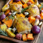 - 4 bone-in, skin-on chicken thighs - 2 large carrots, peeled and cut into 1-inch pieces - 2 parsnips, peeled and cut into 1-inch chunks - 1 medium sweet potato, diced - 1 red onion, cut into wedges - 4 cloves garlic, smashed - 3 tablespoons olive oil - 1 tablespoon fresh rosemary, chopped - 1 teaspoon smoked paprika - Salt and black pepper to taste These ingredients bring out the best flavors in your dish. Bone-in chicken thighs stay juicy as they roast. Root veggies like carrots, parsnips, and sweet potatoes add natural sweetness and texture. Red onion and garlic boost the savory notes, making each bite delightful. - Additional herbs and spices - Alternative vegetables Feel free to mix in other herbs. Thyme and oregano work well. You can also switch up the veggies. Try adding Brussels sprouts, butternut squash, or even potatoes. Each option offers a unique twist to the dish, making it your own. 1. Preheat your oven to 425°F (220°C). This step helps cook the chicken evenly. 2. In a large bowl, mix the carrots, parsnips, sweet potato, red onion, and garlic. 3. Drizzle 2 tablespoons of olive oil over the veggies. 4. Sprinkle salt, pepper, and half of the smoked paprika on top. 5. Toss the mixture well to coat all the vegetables in oil and spices. 6. Spread the veggies evenly on a large rimmed baking sheet. 1. Take the chicken thighs and season them. Rub the remaining olive oil, rosemary, smoked paprika, salt, and pepper on both sides. 2. Place the chicken thighs skin-side up over the veggies on the baking sheet. 3. Roast everything in the preheated oven for about 35-40 minutes. 4. Check that the chicken reaches an internal temperature of 165°F (75°C). 5. Stir the vegetables halfway through cooking for even heat distribution. 1. Use a meat thermometer to check the chicken's internal temperature. It should reach 165°F (75°C). 2. For crispy skin, ensure the chicken is skin-side up during roasting. 3. If the skin isn’t crispy enough, broil for 2-3 minutes at the end. 4. Let the dish rest for 5 minutes after cooking. This helps the juices settle. To make your dish shine, use fresh herbs. Rosemary adds a warm, earthy taste. Try smoked paprika for a hint of smokiness. You can also mix in garlic powder for extra flavor. Balance spices with sweetness by adding a touch of honey. This will enhance the natural sweetness of the root veggies. A little salt brings out all the great flavors. Choose root vegetables that are firm and fresh. Carrots and parsnips are great for this dish. Sweet potatoes add a nice color and taste. Red onions give a mild sweetness when roasted. Seasonal variations can change your dish. In fall, add butternut squash. In spring, try radishes. Each season offers different flavors to explore. For a lovely presentation, serve the chicken on a big platter. Arrange the veggies around the chicken for color. Garnish with fresh rosemary sprigs for a pop of green. Complementary side dishes can enhance your meal. A simple green salad adds a fresh crunch. Serve with crusty bread to soak up the juices. {{image_2}} You can switch the chicken for other meats. Try bone-in chicken breasts or even drumsticks. Both options work well with the same flavors. If you want a vegetarian dish, use firm tofu or tempeh. Cube the tofu and season it just like the chicken. This gives you a tasty meat-free option. Adding citrus can brighten the dish. Squeeze fresh lemon or orange juice over the chicken before roasting. This adds a nice zing and enhances the flavors. You can also mix in different spices for a unique taste. Try cumin, coriander, or even curry powder. Each spice brings a new twist to your meal. Feel free to use seasonal vegetables. In the fall, add butternut squash or beets. In the spring, use asparagus or radishes for a fresh touch. Just remember, different veggies may need different cooking times. For example, softer vegetables like zucchini cook faster. Cut them larger or add them later to avoid mushiness. Store leftover Sheet-Pan Roast Chicken & Root Veggies in the fridge. Use an airtight container. This keeps the food fresh. It lasts up to three days. For freezing, let the dish cool first. Place it in a freezer-safe bag or container. Remove as much air as you can. This helps prevent freezer burn. You can freeze it for up to three months. To reheat, you want to keep it juicy. The oven is best for this. Preheat your oven to 350°F (175°C). Place the chicken and veggies on a baking sheet. Add a splash of water or broth to keep moisture. Cover with foil to lock in heat. Bake for about 15-20 minutes or until warm. If you choose the microwave, use a microwave-safe dish. Add a splash of water. Cover the dish loosely to prevent splatters. Heat for 2-3 minutes, stirring halfway through. This method can dry out the chicken, so watch closely. Sheet-pan roast chicken and root veggies last about 3 to 4 days in the fridge. Store them in an airtight container. Make sure the chicken is cool before sealing. This helps keep the food fresh. If you want to keep it longer, consider freezing it. Yes, you can use boneless chicken thighs. They will cook faster than bone-in thighs. Check for doneness after 25 to 30 minutes. Boneless chicken thighs remain juicy and flavorful when cooked right. Just season them as you would the bone-in thighs. This dish pairs well with many sides. Here are some ideas: - Green salad with vinaigrette - Quinoa or rice for extra carbs - Steamed greens like broccoli or spinach - Crusty bread to soak up juices Adding a simple dessert can round out your meal. Consider a light fruit salad or sorbet for a refreshing finish. In this post, we explored making a delicious sheet-pan roast chicken and root veggies. You learned about the key ingredients like chicken thighs and root vegetables, along with optional herbs and spices. I provided steps for preparation and cooking, plus tips for flavor and serving. For fun, try variations like different proteins or seasonal veggies! Remember, proper storage and reheating keep leftovers tasty. Enjoy this easy, versatile dish and feel proud sharing it with family and friends.