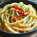 - 200g udon noodles - 3 tablespoons olive oil - 5 cloves garlic, minced - 1 red chili, sliced Udon noodles are the star of this dish. They are thick and chewy, making them perfect for soaking up flavors. The olive oil adds richness. Garlic gives a strong aroma, while red chili brings the heat. Adjust the chili to your taste for a milder or spicier dish. - 2 tablespoons soy sauce - 1 tablespoon sesame oil - 1-2 teaspoons chili flakes (optional) Soy sauce adds saltiness and depth. Sesame oil gives a nutty taste, enhancing the dish. If you want more heat, chili flakes are a great choice. They add a nice kick without overpowering the other flavors. - 1 green onion, finely chopped - 1 tablespoon toasted sesame seeds - Fresh cilantro for garnish Garnishing is key for a beautiful presentation. Green onion adds freshness and a bit of crunch. Toasted sesame seeds give a nutty flavor and a nice texture. Fresh cilantro brings brightness and a lovely color. These toppings make your dish look and taste amazing! To start, bring a pot of water to a boil. Use enough water to cover the noodles fully. Once the water is boiling, add the udon noodles. Cook them for about 2 to 3 minutes. Check the package for exact times. After cooking, drain the noodles. Rinse them with cold water. This stops the cooking and keeps them firm. Set the noodles aside for now. Next, grab a large skillet or wok. Heat 3 tablespoons of olive oil over medium heat. When the oil is hot, add 5 cloves of minced garlic. Sauté the garlic for 1 to 2 minutes. You want it fragrant but not brown. Then, add 1 sliced red chili to the skillet. This will give your sauce a nice kick. Adjust the chili amount if you want it milder or spicier. Now, it’s time to bring it all together. Add the cooked udon noodles to the skillet with the garlic and chili. Pour in 2 tablespoons of soy sauce and 1 tablespoon of sesame oil. If you like extra heat, sprinkle in 1 to 2 teaspoons of chili flakes. Toss everything together well. Ensure every noodle gets coated with the sauce. Cook for another 2 to 3 minutes until everything is hot. After cooking, take it off the heat. Stir in chopped green onions for a fresh touch. It’s time to plate your dish. To avoid overcooking udon noodles, keep an eye on the time. They usually take just 2-3 minutes in boiling water. Once cooked, drain and rinse them with cold water. This stops the cooking process and keeps the noodles firm. For heat levels, you can adjust the chili. If you like it mild, use less red chili. For more heat, add extra chili flakes. Taste as you go to find your perfect balance. Serving in bowls gives your dish an elegant touch. Twirl the noodles in the bowl for a nice look. You can also add a few extra slices of red chili on top for a pop of color. To enhance your dish, sprinkle some toasted sesame seeds on top. Fresh cilantro adds a bright touch and nice flavor. To add depth, think about optional ingredients. You can toss in bell peppers or spinach for freshness. Adding a protein like grilled chicken or tofu also boosts flavor and nutrition. Pairing your udon with veggies or proteins makes it more filling. Mix and match to create your ideal meal. Enjoy experimenting with different flavors! {{image_2}} You can make Minute Garlic Chili Udon even more colorful and tasty. Try adding more veggies. Bell peppers work great. Their sweet crunch adds flavor and texture. You can also throw in carrots or snap peas for color and nutrition. Tofu is another excellent choice. It gives a protein boost. Cut tofu into small cubes and pan-fry until golden. Then toss it into the noodles. This keeps the dish filling and satisfying. If you want a vegan version, look at your ingredients. The udon noodles are often vegan, but check the label. For the sauce, use tamari instead of soy sauce for a gluten-free option. This keeps it plant-based while still full of flavor. You can also add a splash of lime juice. It brightens up the dish without any animal products. Consider using coconut aminos as a soy sauce substitute. It adds a sweet and savory taste, perfect for a vegan meal. Love heat? You can make it spicier! Try using different types of chili. Thai bird chilies or jalapeños can add unique heat. Slice them thin and mix them in with the garlic. If you want even more heat, use extra chili flakes. Add 1-2 teaspoons to the sauce for a fiery kick. Make sure to taste as you go, so it stays tasty. You’ll have a dish that ignites your taste buds! Store any leftovers in an airtight container. This keeps the udon fresh. Make sure to cool the noodles before sealing them. In the fridge, the udon lasts about three days. After that, the quality may drop. To reheat your udon, use a microwave or a skillet. If using a microwave, add a splash of water. This helps keep the noodles moist. Heat in short bursts to avoid overcooking. If using a skillet, warm the noodles over low heat. Stir gently to avoid breaking them. You can freeze Minute Garlic Chili Udon. However, the texture may change. To freeze, pack the udon in a freezer bag, removing as much air as possible. Label the bag with the date. It can last up to three months in the freezer. To thaw, place it in the fridge overnight before reheating. This dish is quick to make. It takes about 5 minutes to prep and 10 minutes to cook. In total, you can enjoy Minute Garlic Chili Udon in just 15 minutes! - Prep Time: 5 minutes - Cook Time: 10 minutes - Total Time: 15 minutes Yes, you can swap udon noodles for other options. Here are some great alternatives: - Soba noodles: These buckwheat noodles add a nutty flavor. - Rice noodles: Light and gluten-free, they work well in this dish. - Spaghetti: A common choice that makes this meal more familiar. Feel free to experiment with what you have on hand! You can pair this dish with many sides. Here are some tasty options: - Steamed vegetables: Broccoli or bok choy add color and nutrients. - Edamame: These young soybeans are fun to eat and healthy. - Salad: A light cucumber salad adds a refreshing crunch. These sides will round out your meal and make it even better! This blog post detailed how to make Minute Garlic Chili Udon, highlighting key ingredients and steps. You learned about cooking udon noodles, creating a tasty garlic chili sauce, and tips for a great presentation. I shared ways to adapt this dish for vegetarians and spice lovers, along with storage and reheating tips. This simple recipe is perfect for quick meals. Try it out and add your unique twist! You’ll enjoy delicious flavors with every bite.