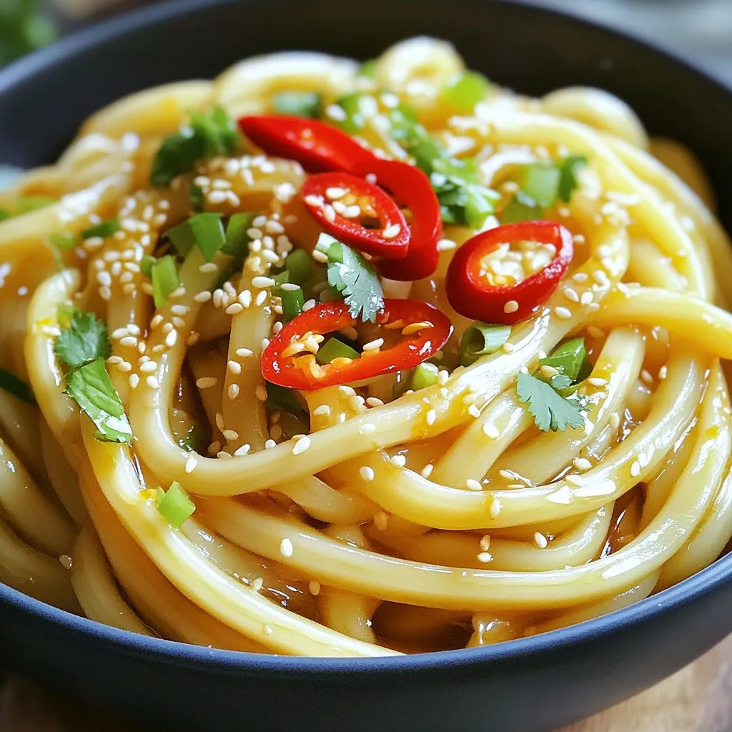 - 200g udon noodles - 3 tablespoons olive oil - 5 cloves garlic, minced - 1 red chili, sliced Udon noodles are the star of this dish. They are thick and chewy, making them perfect for soaking up flavors. The olive oil adds richness. Garlic gives a strong aroma, while red chili brings the heat. Adjust the chili to your taste for a milder or spicier dish. - 2 tablespoons soy sauce - 1 tablespoon sesame oil - 1-2 teaspoons chili flakes (optional) Soy sauce adds saltiness and depth. Sesame oil gives a nutty taste, enhancing the dish. If you want more heat, chili flakes are a great choice. They add a nice kick without overpowering the other flavors. - 1 green onion, finely chopped - 1 tablespoon toasted sesame seeds - Fresh cilantro for garnish Garnishing is key for a beautiful presentation. Green onion adds freshness and a bit of crunch. Toasted sesame seeds give a nutty flavor and a nice texture. Fresh cilantro brings brightness and a lovely color. These toppings make your dish look and taste amazing! To start, bring a pot of water to a boil. Use enough water to cover the noodles fully. Once the water is boiling, add the udon noodles. Cook them for about 2 to 3 minutes. Check the package for exact times. After cooking, drain the noodles. Rinse them with cold water. This stops the cooking and keeps them firm. Set the noodles aside for now. Next, grab a large skillet or wok. Heat 3 tablespoons of olive oil over medium heat. When the oil is hot, add 5 cloves of minced garlic. Sauté the garlic for 1 to 2 minutes. You want it fragrant but not brown. Then, add 1 sliced red chili to the skillet. This will give your sauce a nice kick. Adjust the chili amount if you want it milder or spicier. Now, it’s time to bring it all together. Add the cooked udon noodles to the skillet with the garlic and chili. Pour in 2 tablespoons of soy sauce and 1 tablespoon of sesame oil. If you like extra heat, sprinkle in 1 to 2 teaspoons of chili flakes. Toss everything together well. Ensure every noodle gets coated with the sauce. Cook for another 2 to 3 minutes until everything is hot. After cooking, take it off the heat. Stir in chopped green onions for a fresh touch. It’s time to plate your dish. To avoid overcooking udon noodles, keep an eye on the time. They usually take just 2-3 minutes in boiling water. Once cooked, drain and rinse them with cold water. This stops the cooking process and keeps the noodles firm. For heat levels, you can adjust the chili. If you like it mild, use less red chili. For more heat, add extra chili flakes. Taste as you go to find your perfect balance. Serving in bowls gives your dish an elegant touch. Twirl the noodles in the bowl for a nice look. You can also add a few extra slices of red chili on top for a pop of color. To enhance your dish, sprinkle some toasted sesame seeds on top. Fresh cilantro adds a bright touch and nice flavor. To add depth, think about optional ingredients. You can toss in bell peppers or spinach for freshness. Adding a protein like grilled chicken or tofu also boosts flavor and nutrition. Pairing your udon with veggies or proteins makes it more filling. Mix and match to create your ideal meal. Enjoy experimenting with different flavors! {{image_2}} You can make Minute Garlic Chili Udon even more colorful and tasty. Try adding more veggies. Bell peppers work great. Their sweet crunch adds flavor and texture. You can also throw in carrots or snap peas for color and nutrition. Tofu is another excellent choice. It gives a protein boost. Cut tofu into small cubes and pan-fry until golden. Then toss it into the noodles. This keeps the dish filling and satisfying. If you want a vegan version, look at your ingredients. The udon noodles are often vegan, but check the label. For the sauce, use tamari instead of soy sauce for a gluten-free option. This keeps it plant-based while still full of flavor. You can also add a splash of lime juice. It brightens up the dish without any animal products. Consider using coconut aminos as a soy sauce substitute. It adds a sweet and savory taste, perfect for a vegan meal. Love heat? You can make it spicier! Try using different types of chili. Thai bird chilies or jalapeños can add unique heat. Slice them thin and mix them in with the garlic. If you want even more heat, use extra chili flakes. Add 1-2 teaspoons to the sauce for a fiery kick. Make sure to taste as you go, so it stays tasty. You’ll have a dish that ignites your taste buds! Store any leftovers in an airtight container. This keeps the udon fresh. Make sure to cool the noodles before sealing them. In the fridge, the udon lasts about three days. After that, the quality may drop. To reheat your udon, use a microwave or a skillet. If using a microwave, add a splash of water. This helps keep the noodles moist. Heat in short bursts to avoid overcooking. If using a skillet, warm the noodles over low heat. Stir gently to avoid breaking them. You can freeze Minute Garlic Chili Udon. However, the texture may change. To freeze, pack the udon in a freezer bag, removing as much air as possible. Label the bag with the date. It can last up to three months in the freezer. To thaw, place it in the fridge overnight before reheating. This dish is quick to make. It takes about 5 minutes to prep and 10 minutes to cook. In total, you can enjoy Minute Garlic Chili Udon in just 15 minutes! - Prep Time: 5 minutes - Cook Time: 10 minutes - Total Time: 15 minutes Yes, you can swap udon noodles for other options. Here are some great alternatives: - Soba noodles: These buckwheat noodles add a nutty flavor. - Rice noodles: Light and gluten-free, they work well in this dish. - Spaghetti: A common choice that makes this meal more familiar. Feel free to experiment with what you have on hand! You can pair this dish with many sides. Here are some tasty options: - Steamed vegetables: Broccoli or bok choy add color and nutrients. - Edamame: These young soybeans are fun to eat and healthy. - Salad: A light cucumber salad adds a refreshing crunch. These sides will round out your meal and make it even better! This blog post detailed how to make Minute Garlic Chili Udon, highlighting key ingredients and steps. You learned about cooking udon noodles, creating a tasty garlic chili sauce, and tips for a great presentation. I shared ways to adapt this dish for vegetarians and spice lovers, along with storage and reheating tips. This simple recipe is perfect for quick meals. Try it out and add your unique twist! You’ll enjoy delicious flavors with every bite.