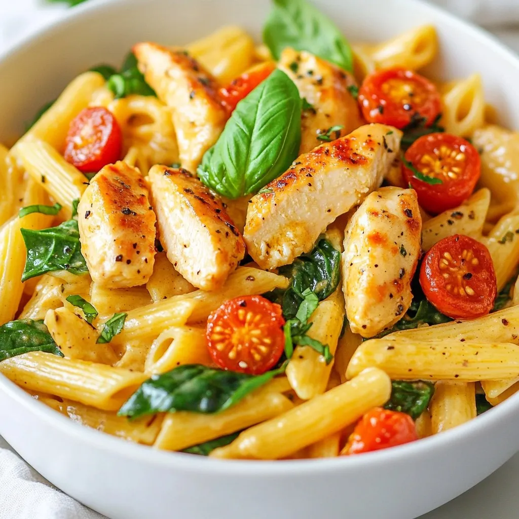 To make Marry Me Chicken Pasta, you need: - 2 boneless, skinless chicken breasts - 2 tablespoons olive oil - Salt and pepper to taste - 1 teaspoon garlic powder - 1 teaspoon dried Italian herbs - 1 cup cherry tomatoes, halved - 2 cups baby spinach - 1 cup heavy cream - 1/2 cup grated Parmesan cheese - 8 oz penne pasta - Fresh basil leaves for garnish These ingredients work together to create a rich and creamy dish. Each one adds its own flavor. You can boost the flavor by adding: - Crushed red pepper flakes for heat - Lemon zest for brightness - Extra garlic for depth These options can make the dish even more exciting. Feel free to mix and match based on your taste. If you’re missing something, here are some swaps: - Chicken breasts can be replaced with thighs for more flavor. - Heavy cream can be swapped with half-and-half for a lighter sauce. - Spinach can be changed to kale or Swiss chard. These substitutions can make the dish work for your needs. Don't hesitate to get creative with what you have! {{ingredient_image_1}} First, fill a pot with water. Add a pinch of salt. Bring the water to a boil. Once boiling, add 8 ounces of penne pasta. Stir well. Cook according to the package instructions until the pasta is al dente. This usually takes around 8 to 10 minutes. When done, drain the pasta and set it aside. Next, take 2 boneless, skinless chicken breasts. Rinse them under cold water and pat them dry. Season both sides with salt, pepper, garlic powder, and dried Italian herbs. Make sure to cover them well. In a large skillet, heat 2 tablespoons of olive oil over medium heat. Once hot, add the chicken. Cook for 6 to 7 minutes on each side. Look for a nice golden brown color. When cooked through, remove the chicken and set it aside. In the same skillet, add 1 cup of halved cherry tomatoes. Sauté them for about 3 to 4 minutes until they soften. Next, toss in 2 cups of baby spinach. Stir until the spinach wilts, which takes about 2 minutes. Then, pour in 1 cup of heavy cream. Mix well. Add 1/2 cup of grated Parmesan cheese. Stir until the cheese melts and the sauce thickens a bit. Slice the cooked chicken into strips. Return the chicken to the skillet. Add the drained penne pasta as well. Toss everything together gently. Make sure the pasta is coated with the creamy sauce. Taste and adjust the seasoning if needed. Serve hot, garnished with fresh basil leaves for that extra burst of flavor. Enjoy your Marry Me Chicken Pasta! To get the best chicken, start with even pieces. They cook better this way. Season them well with salt, pepper, garlic powder, and Italian herbs. Heat olive oil over medium heat in a skillet. Cook the chicken for 6-7 minutes per side. Look for a golden brown color. Use a meat thermometer to check if it’s 165°F (75°C). This ensures it is safe to eat. For a rich sauce, pay close attention while cooking. After you add the heavy cream, stir well. This helps blend the cream and cheese. Let the sauce cook for a few minutes. It should thicken slightly but stay creamy. If it feels too thick, add a splash of pasta water. This helps loosen it up while keeping the flavor strong. Serve your Marry Me Chicken Pasta hot. A sprinkle of fresh basil adds a nice touch. You can pair it with garlic bread or a green salad. This brings a fresh balance to the meal. For extra flair, try adding lemon zest. It brightens the dish and gives a fresh taste. Enjoy your delicious creation! Pro Tips Perfectly Cooked Chicken: Ensure the chicken breasts are of even thickness for uniform cooking. You can pound them slightly to achieve this. Fresh Herbs: For an aromatic boost, add fresh basil or parsley to the sauce just before serving to enhance freshness. Cheese Variations: Feel free to experiment with different cheeses such as mozzarella or feta for a unique flavor twist. Pasta Tip: Reserve a cup of pasta water before draining. Adding a splash can help adjust the sauce's consistency if it becomes too thick. {{image_2}} You can make a tasty vegetarian version of Marry Me Chicken Pasta. Swap the chicken for mushrooms or eggplant. Both options add a nice texture. Use firm tofu for more protein. Just remember to season it well with salt and herbs. To make this dish healthier, try using whole wheat penne pasta. It has more fiber and keeps you full longer. You can also use low-fat cream or a plant-based cream. This change cuts down on fat but keeps the taste creamy. Adding more spinach or other veggies boosts nutrients too. If you want to try different proteins, shrimp or salmon work great. Cook the shrimp until pink, or bake the salmon until flaky. Both add a lovely flavor and pair well with the creamy sauce. You can even try diced turkey for a lighter option. Store any leftover Marry Me Chicken Pasta in an airtight container. Let the dish cool first. You can keep it in the fridge for up to three days. Make sure to seal it well to keep the flavors fresh. To reheat, use a microwave or stovetop. If using the microwave, heat in short bursts. Stir between each burst to ensure even heating. If using the stovetop, add a splash of cream or water. This helps to revive the sauce's creamy texture. Heat on low until warm. You can freeze Marry Me Chicken Pasta for later. Place the cooled pasta in a freezer-safe container. Seal it tightly and label it with the date. It can last for about three months in the freezer. To enjoy, thaw it overnight in the fridge before reheating. Marry Me Chicken Pasta is a creamy and tasty dish. It features chicken, pasta, and a rich sauce. The sauce has heavy cream, Parmesan cheese, and fresh spinach. The cherry tomatoes add a nice burst of flavor. Many people love this dish for its simple steps and delicious taste. You can cook the chicken and sauce ahead. Just store them in the fridge. When you’re ready to eat, cook the pasta. Then, warm the sauce and combine them. This way, you save time and still enjoy a great meal. Yes, you can use any pasta you like. Penne works well, but you can try fettuccine or rotini. Each type will give a different feel to the dish. Just be sure to cook it until al dente. This dish is not spicy, but you can add heat if you want. A pinch of red pepper flakes can spice it up. Adjust the amount based on your taste. This way, you can make it just right for you. In this post, we explored Marry Me Chicken Pasta. We covered required and optional ingredients, along with substitutions. You learned step-by-step cooking methods for the pasta, chicken, and sauce. Tips ensured perfect chicken and sauce consistency. We discussed variations for vegetarians and healthier options. Finally, storage methods for leftovers were shared. Enjoy making this dish for family or friends. It’s sure to impress and satisfy!