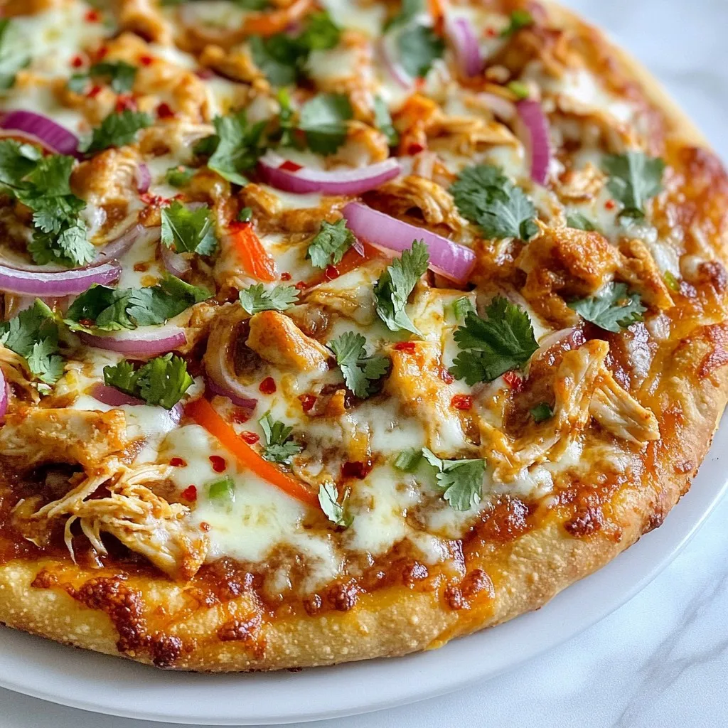 - Pre-made pizza dough or homemade - 1 cup cooked chicken, shredded - 1 tablespoon chili garlic sauce - 1 cup mozzarella cheese, shredded - 1/2 cup red bell pepper, thinly sliced - 1/2 cup red onion, thinly sliced - 1/4 cup fresh cilantro, chopped - 2 tablespoons olive oil - 1 teaspoon garlic powder - Salt and pepper to taste - Optional: red pepper flakes for extra heat The key to a great chili garlic chicken pizza lies in the ingredients. Start with the dough. You can use store-bought or make your own. Homemade dough gives a fresh taste. The cooked chicken adds protein, and chili garlic sauce brings the heat. Mozzarella cheese is a must; it melts beautifully and balances the spice. Red bell pepper and red onion add crunch and sweetness. Fresh cilantro brightens the flavors and adds a pop of color. Don't forget olive oil! It gives flavor and helps the crust crisp up. Garlic powder enhances the taste, while salt and pepper finish the mix. If you like more heat, add red pepper flakes for an extra kick. Gather these ingredients, and you're ready to make a tasty pizza that everyone will love! {{ingredient_image_1}} 1. Preheat the oven to 475°F (245°C). If you have a pizza stone, place it in now. 2. In a bowl, mix 1 cup of shredded chicken with 1 tablespoon of chili garlic sauce. Make sure the chicken is well coated. 3. Roll out your pizza dough on a floured surface. Aim for your desired thickness. Carefully transfer the dough to a baking sheet or pizza peel lined with parchment paper if using a stone. 1. Brush the dough with 2 tablespoons of olive oil. This adds flavor and helps the crust brown. 2. Sprinkle 1 teaspoon of garlic powder evenly over the dough. Season with salt and pepper to taste. 3. Add a generous layer of 1 cup of shredded mozzarella cheese. Then, layer on the chili garlic chicken, 1/2 cup of thinly sliced red bell peppers, and 1/2 cup of thinly sliced red onion. 4. Top with another sprinkle of mozzarella. For extra heat, add red pepper flakes if you like. 1. Bake the pizza for 12-15 minutes. Look for a golden brown crust and bubbly cheese. 2. Once baked, take the pizza out and let it cool for a minute. Garnish with 1/4 cup of chopped fresh cilantro before slicing. 3. Serve hot and enjoy the spicy, flavorful twist! To get the right thickness for your pizza, roll out the dough on a floured surface. Aim for about a quarter-inch thick. This thickness gives you a nice balance between a crispy crust and a soft inside. If you like a thicker crust, roll it out a bit less. If you're using a pizza stone, place it in the oven as it preheats. This makes the crust crispier. Remember to use parchment paper when transferring the dough. This makes it easier to slide onto the hot stone. For extra flavor, try adding toppings like jalapeños, mushrooms, or olives. These toppings can add depth and texture to your pizza. You can also mix different cheeses, like cheddar or feta, for a unique twist. When using chili garlic sauce, spread it evenly over the chicken. This ensures every bite has that spicy kick. If you like heat, sprinkle some red pepper flakes on top before baking. Adjust the amount to match your spice tolerance. Pairing drinks with chili garlic chicken pizza can elevate your meal. A cold beer or a refreshing lemonade works well. If you prefer wine, a chilled white wine can balance the heat. For side dishes, consider a simple salad or garlic bread. A fresh salad adds crunch and lightness. Garlic bread can complement the flavors of the pizza and is always a crowd-pleaser. Pro Tips Use Fresh Ingredients: For the best flavor, use fresh vegetables and herbs. Fresh cilantro and bell peppers will enhance the taste of your pizza significantly. Experiment with Sauces: If you want to adjust the heat level, try mixing the chili garlic sauce with barbecue sauce or a sweet chili sauce for a different flavor profile. Perfect Your Crust: For a crispier crust, pre-bake the dough for 5 minutes before adding toppings. This helps avoid a soggy bottom. Garnish Wisely: Add garnishes like avocado or a drizzle of lime juice after baking for an extra layer of flavor that complements the spiciness. {{image_2}} You can easily swap chicken for other proteins. Shrimp adds a nice twist. Simply sauté shrimp with chili garlic sauce before adding it to the pizza. Tofu is a great option too. Use firm tofu, press it to remove water, and sauté it with chili garlic sauce. Both choices keep the flavor and make the pizza feel fresh. For a meatless chili garlic pizza, skip the chicken completely. Add more veggies instead! Use the following ingredients: - 1 pre-made pizza dough (or homemade) - 1 tablespoon chili garlic sauce - 1 cup mozzarella cheese, shredded - 1/2 cup red bell pepper, thinly sliced - 1/2 cup red onion, thinly sliced - 1/2 cup mushrooms, sliced - 1/4 cup fresh cilantro, chopped - 2 tablespoons olive oil - 1 teaspoon garlic powder - Salt and pepper to taste - Optional: red pepper flakes for extra heat This version is just as tasty and colorful. The added mushrooms give a nice, earthy flavor. Want more heat? Add red pepper flakes to the top before baking. Mix extra chili garlic sauce into the chicken or shrimp for a spicier kick. If you prefer milder flavors, use less chili garlic sauce. Adjust it to your taste and enjoy! To store your chili garlic chicken pizza, first let it cool. After that, wrap each slice in plastic wrap or foil. You can also place the slices in an airtight container. This keeps the pizza fresh and tasty. Store it in the fridge for up to 3 days. Ensure it's sealed well to avoid drying out. When reheating pizza, you want to keep it moist. The best way is to use an oven. Preheat the oven to 350°F (175°C). Place the pizza on a baking sheet. Cover it with foil to prevent it from drying. Bake for about 10-15 minutes. If you prefer, you can also use a skillet. Heat it on medium-low and cover it with a lid. This method warms the crust while keeping it crispy. To freeze leftover pizza, start by wrapping each slice tightly in plastic wrap. Then, place the wrapped slices in a freezer bag. Squeeze out as much air as possible before sealing. Label the bag with the date. You can freeze the pizza for up to 2 months. When you're ready to eat, thaw it in the fridge overnight before reheating. This helps maintain the flavor and texture. Chili garlic sauce is a spicy blend of chili peppers, garlic, and vinegar. It adds heat and flavor to many dishes. You can use it in stir-fries, marinades, or as a dip. This sauce gives your chili garlic chicken pizza a bold taste that wakes up your palate. Yes, making dough at home is easy! Here’s a quick recipe: - Ingredients: - 2 cups all-purpose flour - 1 packet (2 1/4 teaspoons) active dry yeast - 3/4 cup warm water - 1 teaspoon sugar - 1 teaspoon salt - 1 tablespoon olive oil - Instructions: 1. Mix warm water, sugar, and yeast. Let it sit for 5 minutes. 2. In a bowl, combine flour and salt. Add yeast mixture and olive oil. 3. Knead the dough for about 5 minutes until smooth. 4. Let it rise in a warm spot for 1 hour. It should double in size. 5. Roll it out and use it for your pizza! Homemade pizza stays good in the fridge for 3 to 4 days. Make sure to wrap it tightly. This keeps it fresh and prevents it from drying out. Enjoy your leftovers cold or reheat them for a quick meal! This blog post covered how to make a tasty chili garlic chicken pizza. You learned key ingredients, simple steps to prepare, and ways to enhance flavors. I shared storage tips and variations to suit your taste. Enjoying this pizza starts with understanding each part. Experiment with different proteins and spice levels to find your favorite. Storing leftovers correctly ensures you have delicious slices for later. Now, gather your ingredients and get ready to enjoy a great meal!