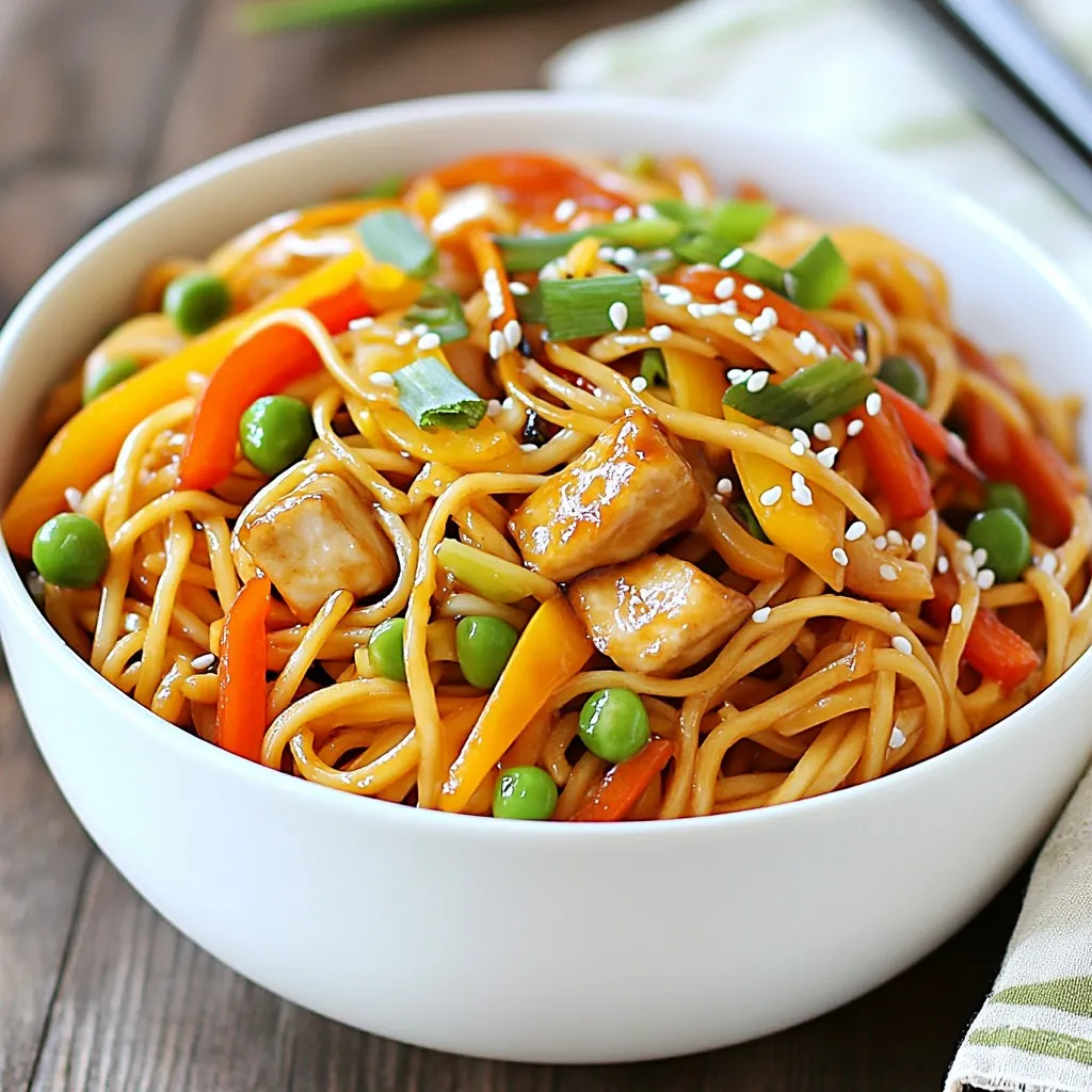 To make a delicious Minute Lo Mein, gather these simple ingredients: - 8 oz of lo mein noodles - 1 cup of mixed vegetables (carrots, bell peppers, snap peas) - 1 cup of cooked chicken, shrimp, or tofu - 3 tablespoons soy sauce - 1 tablespoon sesame oil - 1 tablespoon ginger, grated - 1 garlic clove, minced - 2 green onions, sliced - Sesame seeds for garnish (optional) Each ingredient plays a role in creating the dish's taste. The lo mein noodles are the base, giving the meal its hearty texture. Mixed veggies add color and crunch. You can choose chicken, shrimp, or tofu for protein, making it flexible for your taste. Soy sauce brings depth with its salty flavor, while sesame oil adds a rich, nutty note. The ginger and garlic provide warmth and aroma, making the dish fragrant and appetizing. Green onions give a fresh finish, and sesame seeds can add a nice crunch if you like. This combination creates a quick, tasty meal that’s easy to customize. Feel free to swap ingredients based on what you have at home or what you enjoy. {{ingredient_image_1}} 1. Boil 8 oz of lo mein noodles in a large pot. 2. Cook them for about 4-5 minutes, or until tender. 3. Drain the noodles and set them aside. 1. Heat 1 tablespoon of sesame oil in a large skillet over medium heat. 2. Add 1 minced garlic clove and 1 tablespoon of grated ginger. 3. Sauté for about 1 minute until you smell the aroma. 1. If you want, add 1 cup of cooked chicken, shrimp, or tofu to the skillet. 2. Next, stir in 1 cup of mixed vegetables like carrots, bell peppers, and snap peas. 3. Cook for about 3-4 minutes until the veggies are tender but still crisp. 1. Add the drained lo mein noodles to the skillet. 2. Pour in 3 tablespoons of soy sauce and mix everything well. 3. Toss gently for about 2 minutes until heated through. 1. Remove the skillet from heat. 2. Top your dish with sliced green onions and sesame seeds if you like. 3. Serve hot in bowls, and enjoy your meal! - Cooking noodles perfectly: Boil the lo mein noodles for 4-5 minutes. Check them at 4 minutes. They should be soft but not mushy. Drain them well and set aside. - Sautéing vegetables for optimal texture: Cook your mixed vegetables for 3-4 minutes. You want them tender yet crisp. This adds freshness and color to your dish. - Adding spicy elements: Want a kick? Add some red pepper flakes or a dash of sriracha. This simple change can elevate your lo mein. - Using complementary sauces: Try adding oyster sauce or hoisin sauce. These sauces bring depth and richness to the dish. Mix and match to find your favorite combo. - Essential cookware for efficiency: Use a large skillet or wok for even cooking. A pot for boiling noodles is also key. These tools help you cook quickly and evenly. - Recommended utensils: A spatula works well for tossing everything together. A colander is great for draining noodles. Keep these tools handy for a smooth cooking process. Pro Tips Cook Noodles Al Dente: To ensure your lo mein noodles maintain a good texture, cook them just until they are al dente. This will help prevent them from becoming mushy when tossed with other ingredients. Use Fresh Vegetables: Fresh vegetables not only enhance the flavor but also add a vibrant color to your dish. Feel free to swap in seasonal veggies for a different twist! Customize Your Protein: This recipe is versatile; you can use chicken, shrimp, or tofu. Experiment with your favorite proteins or even mix and match for a heartier dish. Garnish Generously: Don't skip the green onions and sesame seeds! They add a delightful crunch and flavor that elevates the dish. Consider adding some chili flakes for an extra kick! {{image_2}} You can pick different proteins for your Minute Lo Mein. Chicken, shrimp, or tofu all add great flavor. - Chicken: It gives a hearty bite and is easy to cook. - Shrimp: This option adds a sweet and tender taste. - Tofu: A solid choice for vegetarians or those wanting a lighter meal. If you're looking for vegetarian alternatives, consider using tempeh or seitan. They both provide a nice texture and can absorb flavors well. The vegetables in your Lo Mein can change with the seasons. Using fresh produce makes your dish vibrant and tasty. - Seasonal Ideas: In spring, try asparagus and snap peas. In fall, use butternut squash and broccoli. - Frozen vs. Fresh: Frozen vegetables are quick and often just as nutritious. Fresh veggies bring a crisp texture. Try mixing and matching to keep every meal exciting! Experimenting with sauces can take your Lo Mein to the next level. - Sauce Options: Try teriyaki, hoisin, or chili sauce for a twist. Each adds a unique flavor profile. - Herbs and Spices: Adding garlic, ginger, or cilantro can enhance taste. A pinch of red pepper flakes brings heat. Feel free to be creative! Discover what flavors excite your taste buds. To store leftovers, let the lo mein cool first. Place it in an airtight container. This keeps it fresh for up to three days in the fridge. I recommend using glass containers for easy reheating and cleaning. For the best reheating, use a skillet over medium heat. Add a splash of water or soy sauce to keep it moist. Stir often to avoid sticking. You can also use a microwave; just cover the bowl to trap steam. Heat in short bursts, stirring in between. You can freeze lo mein for up to three months. Portion it in freezer-safe bags. Squeeze out the air before sealing. To thaw, place it in the fridge overnight. For quick thawing, use the microwave on defrost. Reheat in a skillet after thawing for the best texture. Making Minute Lo Mein is quick and easy. You need about 10 minutes for prep. Cooking takes around 10 minutes. So, the total time is just 20 minutes. You can make it even faster if you have some cooked chicken, shrimp, or tofu ready. Yes, you can use other noodles. Some good alternatives are spaghetti, rice noodles, or even egg noodles. If you use spaghetti, cook it for 8-10 minutes. Rice noodles only need 3-5 minutes to soften. Check the package for exact times to avoid overcooking. If you need a soy sauce substitute, use tamari. It is gluten-free and has a similar flavor. Coconut aminos also work well and add a sweet touch. For a low-sodium option, choose low-sodium soy sauce. You can also try liquid aminos for a healthy choice. Yes, this recipe is great for meal prep. You can cook it in advance and store it in the fridge. It stays good for about 3-4 days. Just reheat it on the stove or in the microwave. To keep the veggies crisp, add them fresh before serving. This blog post covered how to make quick and tasty lo mein. We explored the key ingredients, cooking steps, and helpful tips. I shared ideas for variations, from proteins to sauces, ensuring you customize your dish. Proper storage and reheating tips guarantee freshness for your meals. Remember, cooking can be fun and rewarding! With these insights, you can create a delicious dish each time. Enjoy your lo mein adventure and keep experimenting in the kitchen!