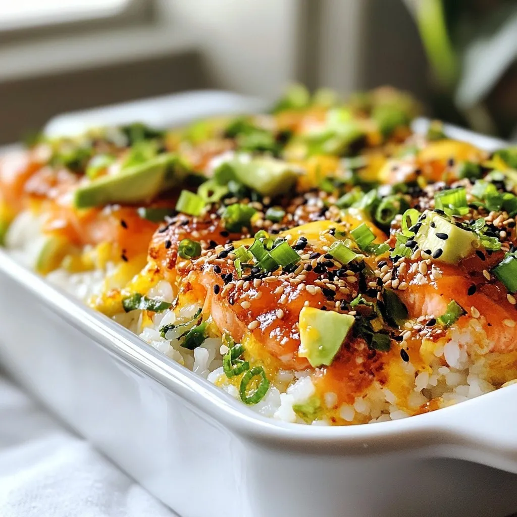 - Sushi Rice Requirements - 2 cups sushi rice - 2 ½ cups water - 1 tablespoon rice vinegar - 1 teaspoon sugar - ½ teaspoon salt - Fresh Salmon and Seasonings - 10 oz fresh salmon, skinned and diced - 1 tablespoon mayonnaise - 1 tablespoon Sriracha (adjust for spice preference) - Toppings and Garnishes - ¼ avocado, diced - 2 green onions, finely chopped - 1 sheet nori (seaweed), cut into small strips - 1 tablespoon sesame seeds - Soy sauce for serving To make this spicy salmon sushi bake, you need a few key ingredients. Sushi rice is the base. It gives the dish its signature texture. The fresh salmon brings rich flavor. You can use diced salmon for easy mixing. The seasonings, like mayonnaise and Sriracha, add creaminess and heat. Next, you’ll want toppings. Diced avocado adds a nice creaminess. Green onions give a fresh crunch. Sesame seeds add a bit of nutty flavor. Nori strips are perfect for garnish. Finally, soy sauce is great for dipping. These ingredients work together to create a tasty and satisfying dish. Gather these items before you start cooking. It makes the process smooth and fun! Enjoy the flavors as they come together in the oven. {{ingredient_image_1}} Cooking Method for Rice First, rinse 2 cups of sushi rice under cold water. Do this until the water runs clear. In a medium pot, combine the rinsed rice and 2 ½ cups of water. Bring it to a boil on high heat. Once boiling, reduce the heat to low. Cover the pot and let it simmer for 15 minutes. After 15 minutes, remove it from the heat. Let it sit, covered, for another 10 minutes. This resting time helps the rice become fluffy. Seasoning the Rice In a small bowl, mix 1 tablespoon of rice vinegar, 1 teaspoon of sugar, and ½ teaspoon of salt. Stir until it dissolves. After the rice has rested, fluff it gently with a fork. Fold in the vinegar mixture carefully. Let the seasoned rice cool slightly while you prepare the salmon mixture. Combining Ingredients for Flavor In a bowl, combine 10 oz of diced fresh salmon, 1 tablespoon of mayonnaise, and 1 tablespoon of Sriracha. Mix until the salmon is evenly coated. You can add more or less Sriracha based on how spicy you like it. This mixture adds a creamy and spicy kick to your sushi bake. Layering the Bake Preheat your oven to 375°F (190°C). In a baking dish, spread an even layer of the seasoned sushi rice at the bottom. Then, evenly spread the spicy salmon mixture on top of the rice. Baking Time and Temperature Next, add toppings like diced avocado, finely chopped green onions, and 1 tablespoon of sesame seeds over the salmon layer. Bake in the preheated oven for about 15-20 minutes. Look for golden edges and a warm center. After baking, let it cool slightly before serving. - Overcooking the Rice: Cooking sushi rice needs care. If you cook it too long, the rice becomes mushy. Follow the cooking time closely. After the rice simmers for 15 minutes, let it sit covered for another 10 minutes. This step is key for fluffy rice. - Balancing Spice Levels: Sriracha can be hot. Start with a little and taste as you mix. You can always add more, but it’s hard to take it out. Aim for a balance that everyone enjoys. - Presentation Ideas: Serve the sushi bake in the dish you used to cook it. It looks inviting that way. Garnish with the nori strips and sesame seeds on top for color. Add extra green onions for a fresh touch. - Best Pairings: Pair this dish with soy sauce for dipping. It adds flavor and complements the spice. A chilled cucumber salad also works well as a side dish. It cools the palate between bites. - Essential Kitchen Equipment: You will need a medium pot for the rice. A baking dish is crucial for the bake itself. Use a mixing bowl for combining the salmon and Sriracha. A sharp knife makes cutting the avocado easy, while a spoon helps with serving. Keep these tools handy for a successful cooking experience. Pro Tips Use Quality Salmon: Always opt for sushi-grade salmon to ensure the best flavor and safety for raw consumption. Adjust Spice Levels: Modify the amount of Sriracha in the salmon mixture to tailor the heat to your liking. Cool the Rice: Allow the seasoned rice to cool slightly before layering to prevent the salmon from cooking prematurely. Perfect Baking Time: Keep an eye on the bake to ensure the edges are golden without overcooking the salmon. {{image_2}} Substituting Salmon If you want to switch things up, you can use other proteins. Cooked shrimp works great and adds a nice flavor. You can also use crab meat for a sweet touch. For a more unique twist, try tuna. Just make sure to mix it with the same mayo and Sriracha blend. Vegetarian Alternatives For a veggie option, consider using tofu. Press and cube it first, then marinate it in soy sauce. You can also use sweet potatoes. Roast them until soft, then layer them on top of the rice. Both options give a nice creamy texture. Adjusting Spice Levels You control the spice in this dish! If you love heat, add more Sriracha. For a milder taste, reduce the amount or use a sweet chili sauce. You can also mix in some wasabi for a different kick. Unique Ingredient Swaps Feel free to get creative with your ingredients. Instead of avocado, use mango for a fruity taste. You might try adding pickled ginger or even kimchi for extra zing. Explore different toppings like sesame oil or even sliced radishes to enhance flavors. To keep your spicy salmon sushi bake fresh, follow these tips: - Refrigeration Tips: Allow the dish to cool down first. Then, place it in an airtight container. Store it in the fridge for up to three days. This way, it stays safe and tasty. - Freezing Instructions: If you want to keep it longer, you can freeze it. Cut the sushi bake into portions. Wrap each piece tightly in plastic wrap. Then, place them in a freezer-safe bag. It can stay in the freezer for up to two months. You have two good options for reheating your sushi bake: - Microwave: Place a portion on a microwave-safe plate. Cover it with a damp paper towel. Heat it for 1-2 minutes. Check if it's warm enough; add more time if needed. - Oven: Preheat your oven to 350°F (175°C). Put the sushi bake in an oven-safe dish. Cover it with foil to keep it moist. Heat for about 10-15 minutes. This method helps maintain its crispy edges. To make sushi rice, start by rinsing 2 cups of sushi rice under cold water. Keep rinsing until the water runs clear. This step removes excess starch. Next, combine the rinsed rice with 2 ½ cups of water in a medium pot. Bring it to a boil on high heat. Once it boils, reduce the heat to low and cover the pot. Let it simmer for 15 minutes. After that, remove it from heat but keep it covered for another 10 minutes. This resting time makes it fluffy! Yes, you can use cooked salmon. It is safe and adds a different flavor. If you choose cooked salmon, make sure it is fresh and high quality. However, the texture will differ from raw salmon. Raw salmon gives a rich and tender bite. Cooked salmon gives a firmer and flakier texture. Adjust the Sriracha based on your heat preference, as cooked salmon can handle more spice. The spiciness of the Sriracha depends on how much you use. The recipe calls for 1 tablespoon, which adds a nice kick. If you prefer less heat, start with 1 teaspoon and taste. You can add more if you want. For spice lovers, feel free to add extra Sriracha. It’s all about your taste! In this blog post, we covered how to make a tasty baked salmon sushi dish. We talked about the right ingredients, step-by-step instructions, and useful tips. You learned how to prepare sushi rice, mix flavors, and layer your bake. We also explored variations, storage tips, and answered common questions. Remember, cooking is an art that gets better with practice. Enjoy making this dish, and don't hesitate to try new flavors!