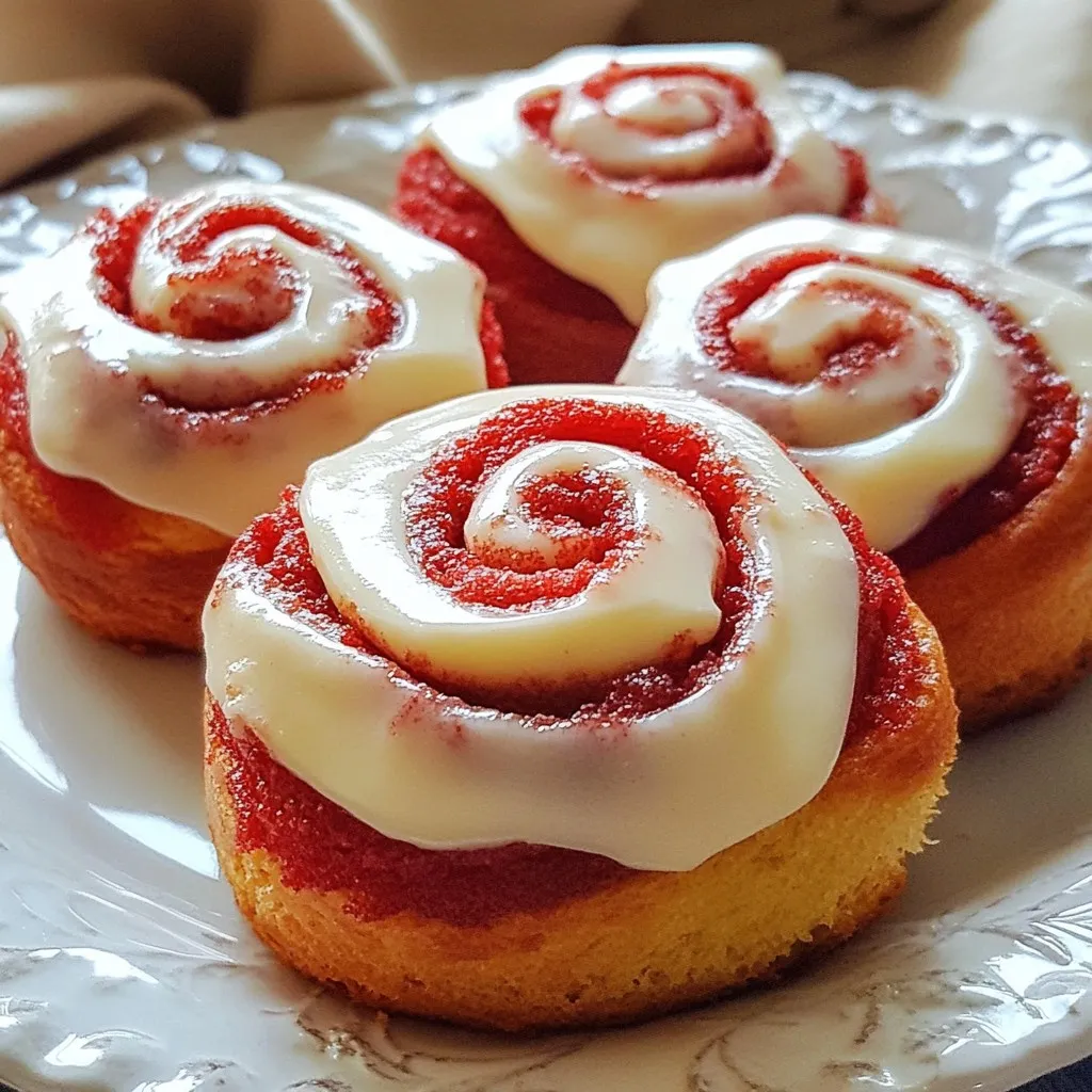 - 2 ½ cups all-purpose flour - ¼ cup granulated sugar - 1 package (2 ¼ tsp) instant yeast - ½ teaspoon salt - 1 teaspoon baking powder - 1 teaspoon baking soda - 1 tablespoon cocoa powder - ½ cup whole milk, warmed - 1 large egg - 2 tablespoons unsalted butter, melted - 2 tablespoons red food coloring - 1 cup cream cheese, softened - 2 cups powdered sugar - 1 teaspoon vanilla extract - 2 tablespoons milk Gather these ingredients before you start. Each item plays a key role. The flour gives structure, while sugar adds sweetness. Yeast makes the rolls rise, and salt enhances flavor. Baking powder and baking soda create fluffiness. Cocoa powder gives that classic red velvet taste. For the wet ingredients, warm milk activates the yeast. The egg adds richness and helps bind. Melted butter gives moisture, and red food coloring brings that vibrant color. For the frosting, use softened cream cheese for smoothness. Powdered sugar sweetens it up. Vanilla extract adds depth, while milk adjusts texture. Make sure you have everything ready. This way, you’ll enjoy a smooth cooking process. Happy baking! {{ingredient_image_1}} Start by mixing the dry ingredients. In a large bowl, combine: - 2 ½ cups all-purpose flour - ¼ cup granulated sugar - 1 package (2 ¼ tsp) instant yeast - ½ teaspoon salt - 1 teaspoon baking powder - 1 teaspoon baking soda - 1 tablespoon cocoa powder Whisk these together until they blend well. In another bowl, mix the wet ingredients. Whisk together: - ½ cup warmed whole milk - 1 large egg - 2 tablespoons melted unsalted butter - 2 tablespoons red food coloring Pour the wet mix into the dry mix. Stir until a soft dough forms. Knead it on a floured surface for 5-7 minutes. The dough should feel smooth and elastic. Now, let’s make the filling. Start by spreading ½ cup of softened butter over the rolled-out dough. Leave a small edge around the sides. In a separate bowl, combine: - 1 cup packed brown sugar - 1 tablespoon cinnamon Mix these together. Then, sprinkle this mixture evenly over the buttered dough. This creates a sweet and spicy filling. Next, roll the dough. Starting from one long side, tightly roll it into a log. Use a sharp knife or dental floss to cut the log into 12 equal slices. This helps keep the rolls neat and pretty. Place the rolls in a greased 9x13 inch baking dish. Cover them with a towel. Let them rise for about 30 minutes. This will make them fluffy and soft. Preheat your oven to 350°F (175°C). Bake the rolls for 25-30 minutes. They should look lightly golden when done. Keep an eye on them to avoid burning. While the rolls bake, prepare the frosting. In a bowl, blend: - 1 cup softened cream cheese - 2 cups powdered sugar - 1 teaspoon vanilla extract - 2 tablespoons milk Mix until it’s smooth and creamy. This frosting will make the rolls extra special. Once the rolls cool a bit, ice them with this delicious cream cheese frosting. Enjoy every bite! To get the best texture for your dough, start with the right flour. Use all-purpose flour for a soft roll. Make sure to measure your flour correctly. Spoon it into the cup and level it off. Mixing is key too. Combine the dry ingredients well before adding wet ones. When kneading, aim for about 5 to 7 minutes. Your dough should feel smooth and elastic. If it sticks, add a bit more flour. If it's too dry, add a touch of milk. The rise is important for fluffy rolls. Make sure your yeast is fresh. Instant yeast works well and does not need activation. Warm your milk to about 110°F (43°C) but do not overheat it. Too hot can kill the yeast. After mixing your dough, let it rise in a warm place. A cozy spot like near an oven works great. Cover the bowl with a towel. Wait for about an hour or until it doubles in size. Patience is key here! For a creamy frosting, start with softened cream cheese. It should be at room temperature, which helps it mix well. Blend the cream cheese with powdered sugar until smooth. Add vanilla extract for flavor and milk for the right consistency. If the frosting is too thick, add a bit more milk. For a fun touch, drizzle extra frosting on top. A sprinkle of cocoa powder or nuts adds a nice look. Enjoy the creamy goodness! Pro Tips Use Fresh Yeast: Always check the expiration date on your yeast for the best rise and fluffiness in your rolls. Warm Ingredients: Ensure your milk is warm (not hot) and that your eggs are at room temperature to help activate the yeast effectively. Don’t Skip the Rise: Allowing the dough to rise properly is crucial for achieving soft and fluffy rolls, so be patient! Frost While Warm: Frosting the rolls while they are still warm allows the frosting to melt slightly, creating a delicious glaze effect. {{image_2}} To make chocolate chip red velvet cinnamon rolls, add semi-sweet chocolate chips to the filling. Mix in about 1 cup of chocolate chips with the brown sugar and cinnamon before spreading on the dough. The chocolate adds a rich flavor that pairs well with the red velvet. You can also sprinkle some on top of the frosting for a sweet touch. If you need a nut-free recipe, simply skip any nuts in the filling or toppings. The main ingredients in this recipe are naturally nut-free. Always check your frosting ingredients too, as some brands may add nuts. You can enjoy these rolls without worry! To make vegan red velvet cinnamon rolls, replace the egg with a flax egg. Mix 1 tablespoon of ground flaxseed with 2.5 tablespoons of water. Let it sit for a few minutes until it thickens. Use plant-based milk instead of whole milk and swap the butter for vegan butter. For the frosting, use a vegan cream cheese alternative. This way, everyone can enjoy these delicious treats! To keep your red velvet cinnamon rolls fresh, place them in an airtight container. This helps prevent them from drying out. You can also wrap each roll in plastic wrap. Store them at room temperature for up to two days. If you want them to last longer, consider refrigeration. Just note that chilling may slightly affect their soft texture. Freezing your cinnamon rolls is a great option for later enjoyment. Allow them to cool completely after baking. Then, place them in a single layer on a baking sheet. Freeze for about two hours until firm. After that, transfer the rolls to a freezer-safe bag. They can stay frozen for up to three months. When you're ready to eat, thaw them in the fridge overnight. Reheating your cinnamon rolls keeps them soft and tasty. Preheat your oven to 350°F (175°C). Place the rolls on a baking sheet and cover them with foil. Heat for about 10-15 minutes until warmed through. You can also use the microwave. Just heat them for about 15-20 seconds. Add a drizzle of cream cheese frosting after reheating for extra flavor! Yes, you can make these red velvet cinnamon rolls ahead of time. Prepare the rolls and place them in the baking dish. Cover them tightly and place them in the fridge overnight. In the morning, let them sit at room temperature for 30 minutes before baking. This way, you get fresh rolls without the long wait. If you want a natural option, try using beet juice instead of red food coloring. It gives a nice color and adds some nutrients. You can also use pomegranate juice, but it may change the taste. Both options work well and keep your rolls vibrant. Check the rolls for a light golden color on top. You can also insert a toothpick into the center. If it comes out clean or with a few crumbs, the rolls are done. Don’t overbake them, as they can become dry quickly. Yes, you can make gluten-free red velvet cinnamon rolls. Use a gluten-free all-purpose flour blend. Ensure it has xanthan gum for the right texture. The rest of the ingredients remain the same. Just follow the same steps, and you’ll have tasty gluten-free rolls. In this post, we explored the simple steps to make red velvet cinnamon rolls. We covered the key ingredients, including dry and wet components, plus frosting details. You learned to mix the dough, prepare the filling, and bake the rolls. I shared tips for perfect dough texture, optimal rising, and creamy frosting. Don't forget the fun variations and how to store these treats. Enjoy these rolls fresh or save some for later! With these skills, you can master this delicious recipe and share it with loved ones. Happy baking!